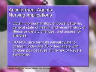 Antidiarrheal Agents:
  Nursing Implications
  • Obtain thorough history of bowel patterns,
    general state of health, and recent history of
    illness or dietary changes, and assess for
    allergies.
  • DO NOT give bismuth subsalicylate to
    children under age 16 or teenagers with
    chicken pox because of the risk of Reye’s
    syndrome.


Copyright © 2002, 1998, Elsevier Science (USA). All rights reserved.
 