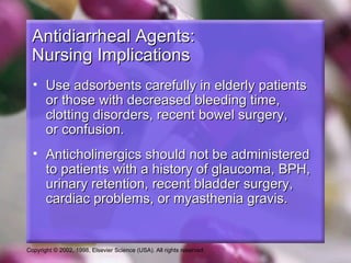 Antidiarrheal Agents:
  Nursing Implications
  • Use adsorbents carefully in elderly patients
    or those with decreased bleeding time,
    clotting disorders, recent bowel surgery,
    or confusion.
  • Anticholinergics should not be administered
    to patients with a history of glaucoma, BPH,
    urinary retention, recent bladder surgery,
    cardiac problems, or myasthenia gravis.


Copyright © 2002, 1998, Elsevier Science (USA). All rights reserved.
 