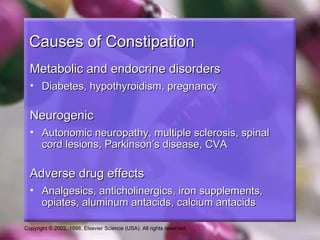 Causes of Constipation
  Metabolic and endocrine disorders
  • Diabetes, hypothyroidism, pregnancy

  Neurogenic
  • Autonomic neuropathy, multiple sclerosis, spinal
    cord lesions, Parkinson’s disease, CVA

  Adverse drug effects
  • Analgesics, anticholinergics, iron supplements,
    opiates, aluminum antacids, calcium antacids

Copyright © 2002, 1998, Elsevier Science (USA). All rights reserved.
 