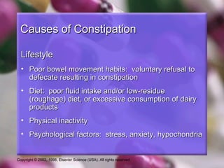Causes of Constipation

  Lifestyle
  • Poor bowel movement habits: voluntary refusal to
    defecate resulting in constipation
  • Diet: poor fluid intake and/or low-residue
    (roughage) diet, or excessive consumption of dairy
    products
  • Physical inactivity
  • Psychological factors: stress, anxiety, hypochondria


Copyright © 2002, 1998, Elsevier Science (USA). All rights reserved.
 