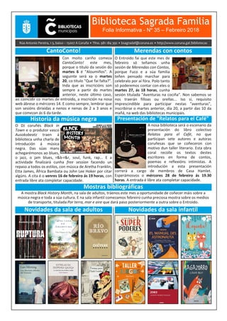 Biblioteca Sagrada Familia
Folla Informativa - Nº 35 – Febreiro 2018
 