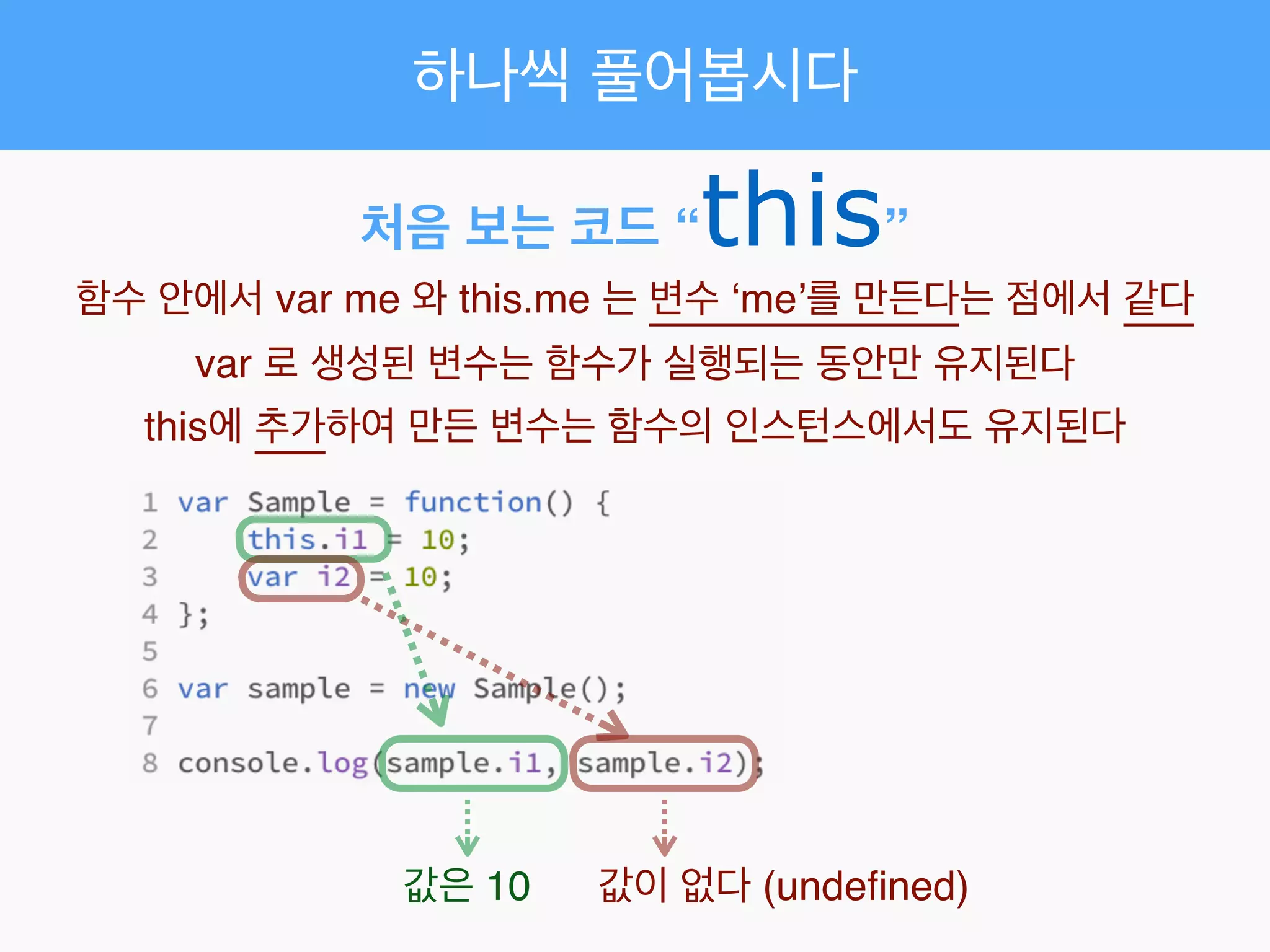 하나씩 풀어봅시다
처음 보는 코드 “this”
함수 안에서 var me 와 this.me 는 변수 ‘me’를 만든다는 점에서 같다!
var 로 생성된 변수는 함수가 실행되는 동안만 유지된다!
this에 추가하여 만든 변수는 함수의 인스턴스에서도 유지된다
값은 10 값이 없다 (undeﬁned)
 