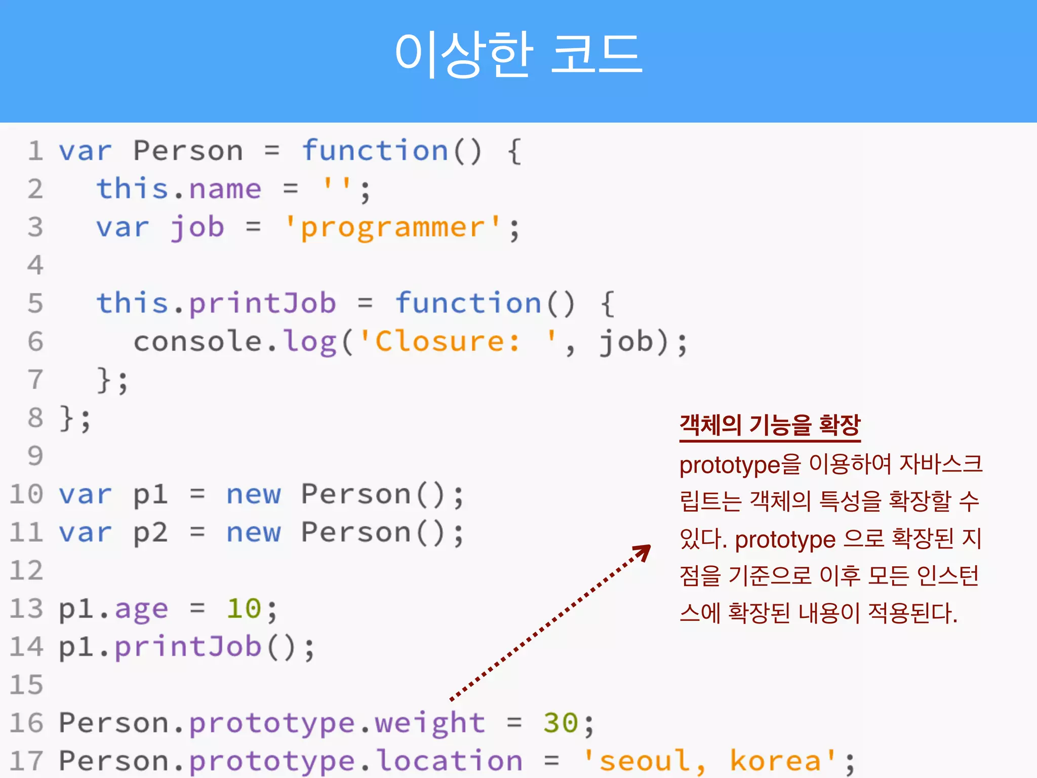 이상한 코드
객체의 기능을 확장!
prototype을 이용하여 자바스크
립트는 객체의 특성을 확장할 수
있다. prototype 으로 확장된 지
점을 기준으로 이후 모든 인스턴
스에 확장된 내용이 적용된다.
 