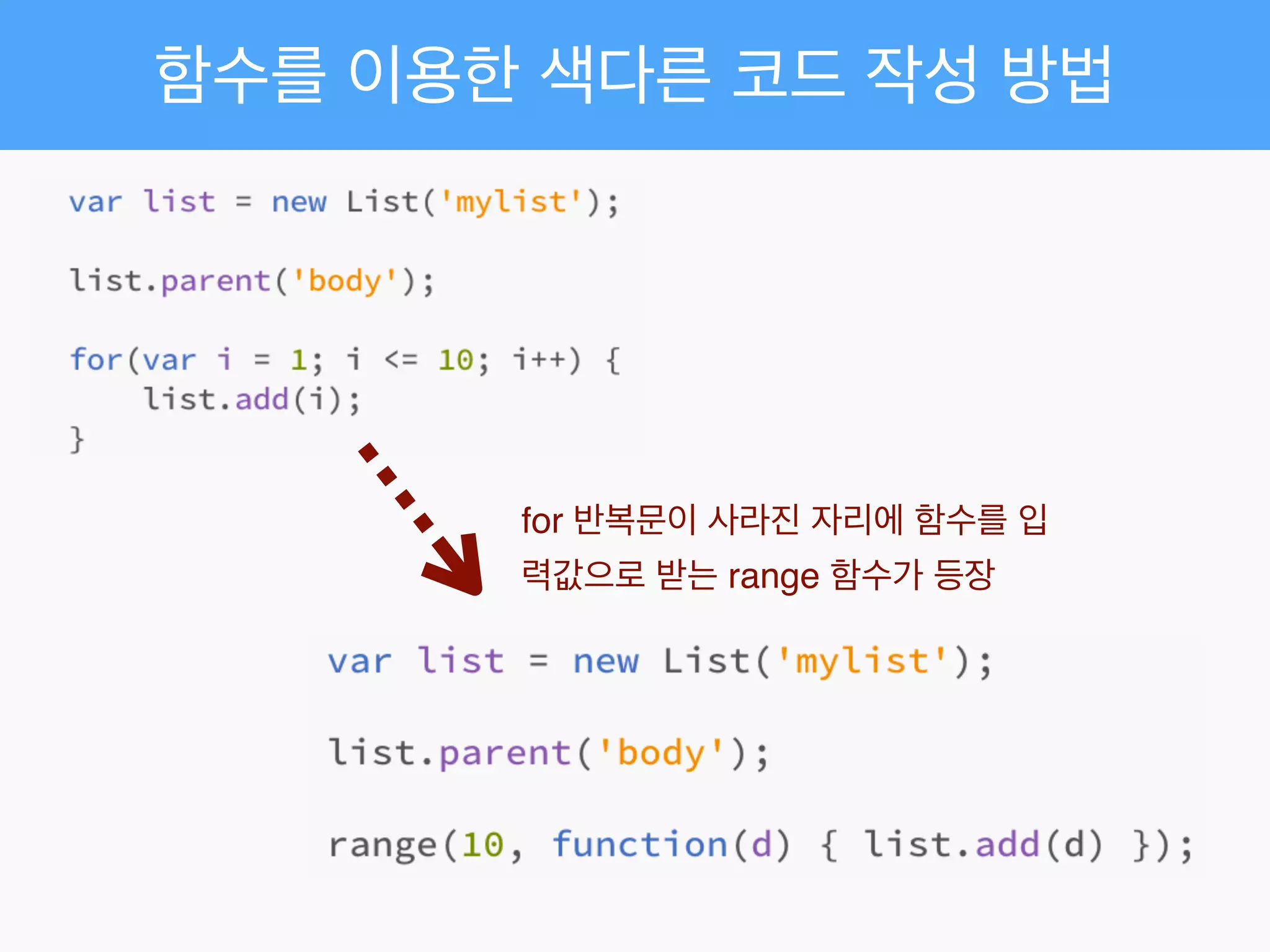 함수를 이용한 색다른 코드 작성 방법
for 반복문이 사라진 자리에 함수를 입
력값으로 받는 range 함수가 등장
 