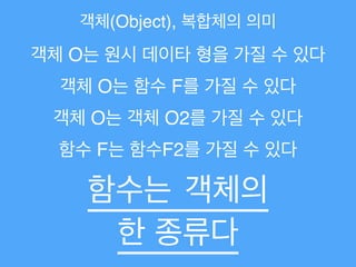 객체(Object), 복합체의 의미
객체 O는 원시 데이타 형을 가질 수 있다
객체 O는 함수 F를 가질 수 있다
함수 F는 함수F2를 가질 수 있다
함수는 객체의
한 종류다
객체 O는 객체 O2를 가질 수 있다
 