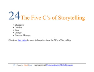 24The Five C’s of Storytelling
       Characters
       Conflict
       Cure
       Change
       Carryout Message

C...