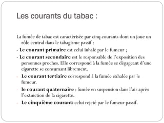 Les courants du tabac :
La fumée de tabac est caractérisée par cinq courants dont un joue un
rôle central dans le tabagisme passif :
- Le courant primaire est celui inhalé par le fumeur ;
- Le courant secondaire est le responsable de l’exposition des
personnes proches. Elle correspond à la fumée se dégageant d’une
cigarette se consumant librement.
- Le courant tertiaire correspond à la fumée exhalée par le
fumeur.
- le courant quaternaire : fumée en suspension dans l’air après
l’extinction de la cigarette.
- Le cinquième courant: celui rejeté par le fumeur passif.
 