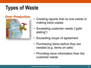 Types of Waste
Over-Production

• Creating reports that no one needs or
making extra copies
• Exceeding customer needs (“goldplating”)

• Exceeding scope of agreement
• Purchasing items before they are
needed (e.g. items on sale)

• Providing more information than the
customer needs
© Operational Excellence Consulting. All rights reserved.

21

 