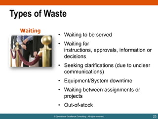 Types of Waste
Waiting

• Waiting to be served
• Waiting for
instructions, approvals, information or
decisions
• Seeking clarifications (due to unclear
communications)
• Equipment/System downtime
• Waiting between assignments or
projects

• Out-of-stock
© Operational Excellence Consulting. All rights reserved.

23

 