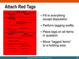 Attach Red Tags
• Fill in everything
except disposition

G42

• Perform tagging swiftly
Hydraulic Motor
3
Not in Use

06/13/2007

• Place tags on all items
in question
• Move “tagged items”
to a holding area

© Operational Excellence Consulting. All rights reserved.

45

 