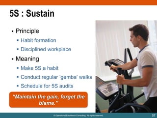 5S : Sustain
• Principle
 Habit formation
 Disciplined workplace

• Meaning
 Make 5S a habit
 Conduct regular „gemba‟ walks
 Schedule for 5S audits

 Communicate
“Maintain the gain, forget the
blame.”
© Operational Excellence Consulting. All rights reserved.

57

 