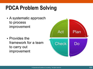 PDCA Problem Solving
• A systematic approach
to process
improvement

Act
• Provides the
framework for a team
to carry out
improvement

Plan

Check

Do

© Operational Excellence Consulting. All rights reserved.

103

 