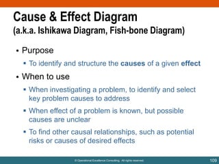 Cause & Effect Diagram
(a.k.a. Ishikawa Diagram, Fish-bone Diagram)
• Purpose
 To identify and structure the causes of a given effect

• When to use
 When investigating a problem, to identify and select
key problem causes to address
 When effect of a problem is known, but possible
causes are unclear

 To find other causal relationships, such as potential
risks or causes of desired effects
© Operational Excellence Consulting. All rights reserved.

109

 