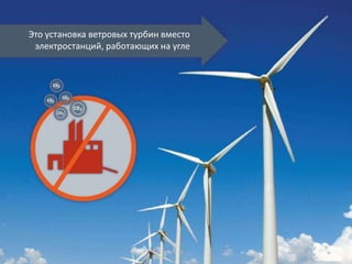 Это установка ветровых турбин вместо
электростанций, работающих на угле

 