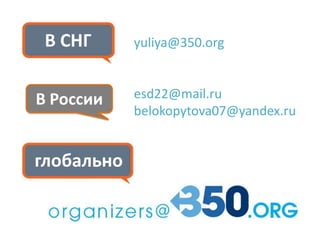 В СНГ
В России

глобально

yuliya@350.org

esd22@mail.ru
belokopytova07@yandex.ru

 