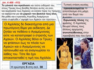 (στ. A 408 - 413)
Τα γόνατά του αγκάλιασε και τούτα ενθύμισέ του,
στους Τρώας ίσως βοηθός θελήσει αυτός να γίνει, 
και ακρόγιαλα τους Αχαιούς να κλείσει προς τες πρύμνες 
να σφάζονται για να χαρούν τον βασιλιά τους όλοι. 
Να μάθει και ο κραταιός Ατρείδης Αγαμέμνων 
πόσο ετυφλώθη ν' αψηφά των Αχαιών τον πρώτον».  
 Ο Αχιλλέας δε διακατέχεται από μια 
πρωτόγονη δίψα για εκδίκηση. Δε 
ζητάει να πεθάνει ο Αγαμέμνονας 
ούτε να καταστραφεί ο στρατός των 
Αχαιών. Ο Αχιλλέας θέλει οι Τρώες 
να φτάσουν έως τα πλοία των 
Αχαιών και ο Αγαμέμνονας να 
ταπεινωθεί και να αναγνωρίσει το 
λάθος του. Τότε θα έχει 
αποκατασταθεί η τιμή του Αχιλλέα.
 προοικονομείται το 
αποτέλεσμα στη μάχη 
από τον θυμό του 
Αχιλλέα
 Τυπική στάση ικεσίας
 Ειρωνικός τόνος της 
φράσης. Ο Αχιλλέας 
θεωρεί όλους τους 
άλλους αρχηγούς 
συνυπεύθυνους στην 
προσβολή που του έγινε
ΕΡΓΑΣΙΑ
Η ερώτηση 5 στη σελ. 38
 