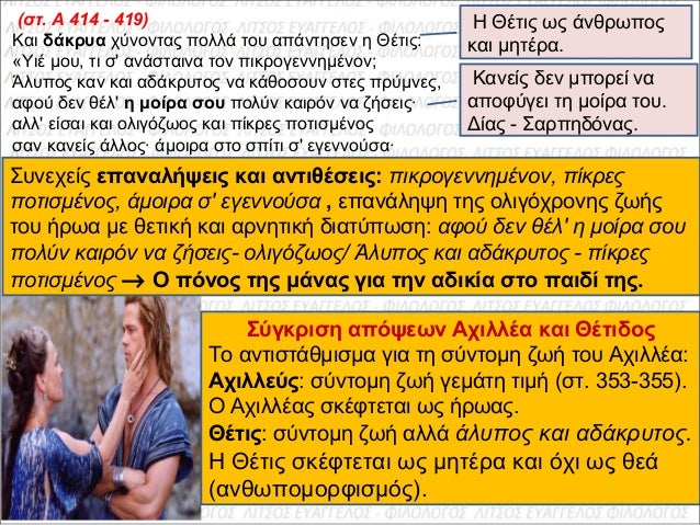 (ÏƒÏ„. A 414 - 419)
ÎšÎ±Î¹Â Î´Î¬ÎºÏÏ…Î±Â Ï‡ÏÎ½Î¿Î½Ï„Î±Ï‚Â Ï€Î¿Î»Î»Î¬Â Ï„Î¿Ï…Â Î±Ï€Î¬Î½Ï„Î·ÏƒÎµÎ½Â Î·Â Î˜Î­Ï„Î¹Ï‚:Â 
Â«Î¥Î¹Î­Â Î¼Î¿Ï…,Â Ï„Î¹Â Ïƒ'Â Î±Î½Î¬ÏƒÏ„Î±Î¹Î½Î±Â Ï„Î¿Î½Â Ï€Î¹ÎºÏÎ¿Î³ÎµÎ½Î½Î·Î¼Î­Î½Î¿Î½;
Î†Î»Ï…Ï€Î¿Ï‚Â ...