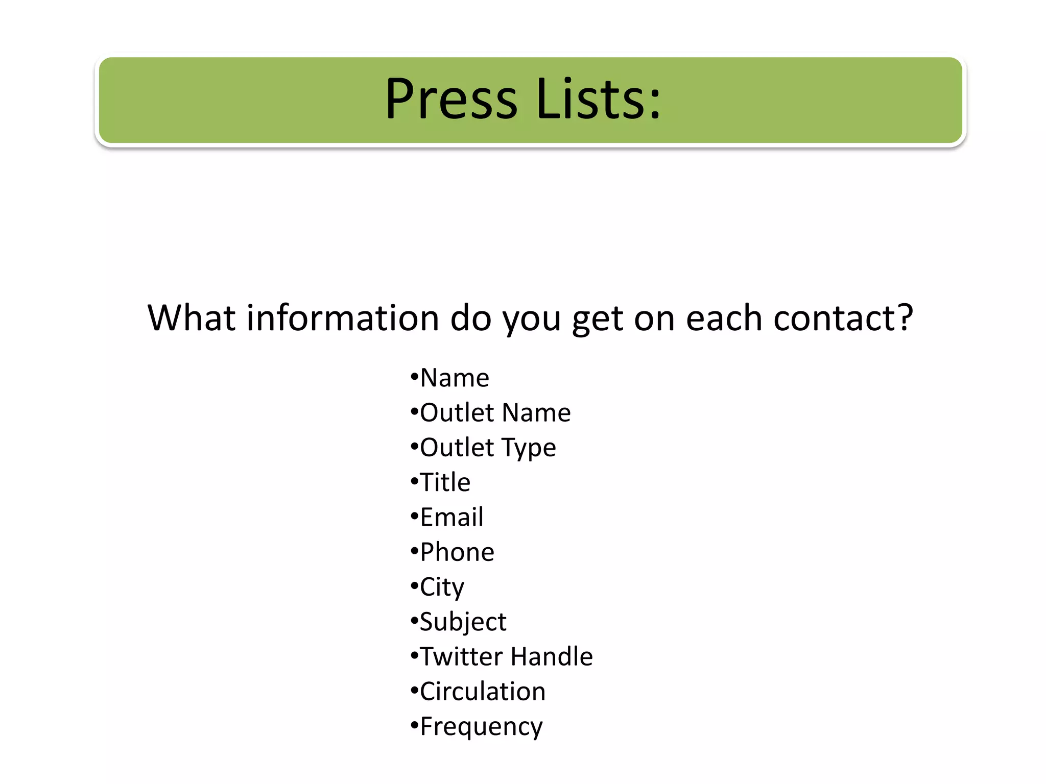 Press Lists:What information do you get on each contact?Name