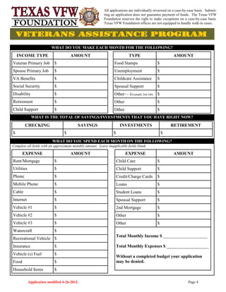 Application modified 4-26-2012. Page 4
EXPENSE AMOUNT
Child Care $
Child Support $
Credit/Charge Cards $
Loans $
Student Loans $
Spousal Support $
2nd Mortgage $
Other $
Other $
Total Monthly Income $ ____________________
Total Monthly Expenses $ ___________________
Without a completed budget your application
may be denied.
WHAT DO YOU MAKE EACH MONTH FOR THE FOLLOWING?
WHAT DO YOU SPEND EACH MONTH ON THE FOLLOWING?
Complete all fields with an approximate monthly amount. Leave inapplicable fields blank.
WHAT IS THE TOTAL OF SAVINGS/INVESTMENTS THAT YOU HAVE RIGHT NOW?
INCOME TYPE AMOUNT
Veteran Primary Job $
Spouse Primary Job $
VA Benefits $
Social Security $
Disability $
Retirement $
Child Support $
TYPE AMOUNT
Food Stamps $
Unemployment $
Childcare Assistance $
Spousal Support $
Other— (Example 2nd Job) $
Other $
Other $
EXPENSE AMOUNT
Rent/Mortgage $
Utilities $
Phone $
Mobile Phone $
Cable $
Internet $
Vehicle #1 $
Vehicle #2 $
Vehicle #3 $
Watercraft $
Recreational Vehicle $
Insurance $
Vehicle (s) Fuel $
Food $
Household Items $
CHECKING SAVINGS INVESTMENTS RETIREMENT
$ $ $ $
All applications are individually reviewed on a case-by-case basis. Submit-
ting an application does not guarantee payment of funds. The Texas VFW
Foundation reserves the right to make exceptions on a case-by-case basis.
Texas VFW Foundation offices are not equipped to handle walk-in cases.
 
