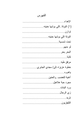‫ﺍﻟﻔﻬﺭﺱ‬
‫ﺍﻹﻫﺩﺍﺀ...........................................‬
‫)١( ﺍﻟﻨﻭﺘﺔ..ﺍﻟﻠﻲ ﺒ ‪‬ﺸﻬﺎ ﺤﻨﻴﻨﻪ......................‬
                               ‫‪‬ﻭ‬
‫ﺘﻭﺍﺯﻥ............................................‬
‫ﺍﻟﻨﻭﺘﺔ ﺍﻟﻠﻲ ﺒ ‪‬ﺸﻬﺎ ﺤﻨﻴﻨﻪ...........................‬
                                    ‫‪‬ﻭ‬
‫ﺘﺤﺕ ﺸﻤﺴﻴﺔ......................................‬
‫ﻟﻭ ﻤﻨﻬﻡ...........................................‬
‫ﺍﻟﺒﺤﺭ.ﺒﺤﺭ........................................‬
‫ﻜﺂﺒﺔ..............................................‬
‫ﻤﺭﻓﻕ ﻁﻴﻪ........................................‬
‫ﺨﻁﻭﺓ ﻋﺯﻴﺯﺓ-ﺇﻟﻰ/ ﻤﺠﺩﻱ ﺍﻟﺠﺎﺒﺭﻱ...............‬
‫ﻴﺎﻫﻭﻭﻩ...........................................‬
‫ﺃﻏﻨﻴﺔ ﻟﻠﻐﻀﺏ..ﻭﺍﻟﺤﻨﻴﻥ...........................‬
 ‫ﻤﺠﺭﺩ ﺤﺒﺔ ﻫﻼﻫﻴل...............................‬
‫ﻭﺭﺩ ﺍﻟﺒﻨﺎﺕ.......................................‬
‫ﺯﻱ ﺍﻟﺭﺠﺎل......................................‬
‫ُﺭﻴﺩ.............................................‬
                                                ‫ﻤ‬
‫ﺍﻟﺘﻠﻴﻔﺯﻴﻭﻥ........................................‬
 