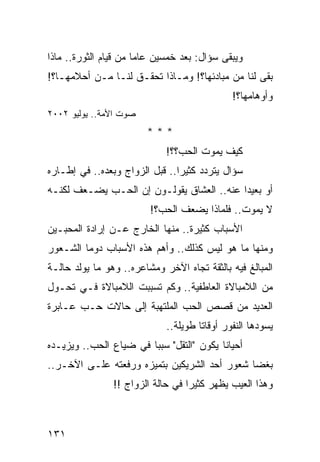 ‫ﻭﻴﺒﻘﻰ ﺴﺅﺍل: ﺒﻌﺩ ﺨﻤﺴﻴﻥ ﻋﺎﻤﺎ ﻤﻥ ﻗﻴﺎﻡ ﺍﻟﺜﻭﺭﺓ.. ﻤﺎﺫﺍ‬
                       ‫‪‬‬
‫ﺒﻘﻰ ﻟﻨﺎ ﻤﻥ ﻤﺒﺎﺩﺌﻬﺎ؟! ﻭﻤـﺎﺫﺍ ﺘﺤﻘـﻕ ﻟﻨـﺎ ﻤـﻥ ﺃﺤﻼﻤﻬـﺎ؟!‬
                                              ‫ﻭﺃﻭﻫﺎﻤﻬﺎ؟!‬
‫ﺼﻭﺕ ﺍﻷﻤﺔ.. ﻴﻭﻟﻴﻭ ٢٠٠٢‬
                        ‫***‬
                             ‫ﻜﻴﻑ ﻴﻤﻭﺕ ﺍﻟﺤﺏ؟؟!‬
‫ﺴﺅﺍل ﻴﺘﺭﺩﺩ ﻜﺜﻴﺭﺍ.. ﻗﺒل ﺍﻟﺯﻭﺍﺝ ﻭﺒﻌﺩﻩ.. ﻓﻲ ﺇﻁـﺎﺭﻩ‬
                                ‫‪‬‬
‫ﺃﻭ ﺒﻌﻴﺩﺍ ﻋﻨﻪ.. ﺍﻟﻌﺸﺎﻕ ﻴﻘﻭﻟـﻭﻥ ﺇﻥ ﺍﻟﺤـﺏ ﻴﻀـﻌﻑ ﻟﻜﻨـﻪ‬
                                           ‫‪‬‬
                         ‫ﻻ ﻴﻤﻭﺕ.. ﻓﻠﻤﺎﺫﺍ ﻴﻀﻌﻑ ﺍﻟﺤﺏ؟!‬
‫ﺍﻷﺴﺒﺎﺏ ﻜﺜﻴﺭﺓ.. ﻤﻨﻬﺎ ﺍﻟﺨﺎﺭﺝ ﻋـﻥ ﺇﺭﺍﺩﺓ ﺍﻟﻤﺤﺒـﻴﻥ‬
‫ﻭﻤﻨﻬﺎ ﻤﺎ ﻫﻭ ﻟﻴﺱ ﻜﺫﻟﻙ.. ﻭﺃﻫﻡ ﻫﺫﻩ ﺍﻷﺴﺒﺎﺏ ﺩﻭﻤﺎ ﺍﻟﺸـﻌﻭﺭ‬
         ‫‪‬‬
‫ﺍﻟﻤﺒﺎﻟﻎ ﻓﻴﻪ ﺒﺎﻟﺜﻘﺔ ﺘﺠﺎﻩ ﺍﻵﺨﺭ ﻭﻤﺸﺎﻋﺭﻩ.. ﻭﻫﻭ ﻤﺎ ﻴﻭﻟﺩ ﺤﺎﻟـﺔ‬
‫ﻤﻥ ﺍﻟﻼﻤﺒﺎﻻﺓ ﺍﻟﻌﺎﻁﻔﻴﺔ.. ﻭﻜﻡ ﺘﺴﺒﺒﺕ ﺍﻟﻼﻤﺒﺎﻻﺓ ﻓـﻲ ﺘﺤـﻭل‬
‫ﺍﻟﻌﺩﻴﺩ ﻤﻥ ﻗﺼﺹ ﺍﻟﺤﺏ ﺍﻟﻤﻠﺘﻬﺒﺔ ﺇﻟﻰ ﺤﺎﻻﺕ ﺤـﺏ ﻋـﺎﺒﺭﺓ‬
                             ‫ﻴﺴﻭﺩﻫﺎ ﺍﻟﻨﻔﻭﺭ ﺃﻭﻗﺎﺘﺎ ﻁﻭﻴﻠﺔ..‬
                                      ‫ﹰ‬
‫ﺃﺤﻴﺎﻨﺎ ﻴﻜﻭﻥ "ﺍﻟ ﹸﻘل" ﺴﺒﺒﺎ ﻓﻲ ﻀﻴﺎﻉ ﺍﻟﺤﺏ.. ﻭﻴﺯﻴـﺩﻩ‬
                        ‫‪‬‬      ‫ﺘ‬           ‫ﹰ‬
‫ﺒﻐﻀﺎ ﺸﻌﻭﺭ ﺃﺤﺩ ﺍﻟﺸﺭﻴﻜﻴﻥ ﺒﺘﻤﻴﺯﻩ ﻭﺭﻓﻌﺘﻪ ﻋﻠـﻰ ﺍﻵﺨـﺭ..‬
                                              ‫‪‬‬
                ‫ﻭﻫﺫﺍ ﺍﻟﻌﻴﺏ ﻴﻅﻬﺭ ﻜﺜﻴﺭﺍ ﻓﻲ ﺤﺎﻟﺔ ﺍﻟﺯﻭﺍﺝ !!‬
                                   ‫‪‬‬



‫١٣١‬
 