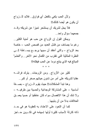 ‫ﻭﻷﻥ ﺍﻟﺤﺏ ﻴﻠﻐﻲ ﺒﺎﻟﻔﻌل ﺃﻱ ﻓﻭﺍﺭﻕ.. ﻓﻼﺒﺩ ﻟﻠـﺯﻭﺍﺝ‬
                                ‫ﺃﻥ ﻴﻜﻭﻥ ﻫﻭ ﺃﻴﻀﺎ ﻜﺫﻟﻙ!!‬
                                        ‫‪‬‬
‫ﻓﻼ ﻴﺤل ﻟﺸﺭﻴﻙ ﺃﻥ ﻴﺴﺘﺸﻌﺭ ﺘﻤﻴﺯﺍ ﻋﻥ ﺸﺭﻴﻜﻪ ﻭﻗـﺩ‬
               ‫‪‬‬
                                     ‫ﺠﻤﻌﻬﻤﺎ ﺴﺅﺍل ﻭﺍﺤﺩ..‬
‫ﻭﻴﻤﻜﻥ ﺍﻟﻘﻭل ﺇﻥ ﺍﻟﺯﻭﺍﺝ ﻋﻥ ﺤﺏ ﻫﻭ ﺃﻤﻨﻴﺔ ﺍﻟﻜﺜﻴﺭ..‬
‫ﺭﻏﻡ ﻤﺎ ﻴﺼﺎﺩﻑ ﻤﻥ ﻓﺸل ﺍﻟﻌﺩﻴﺩ ﻤﻥ ﻗﺼﺹ ﺍﻟﺤﺏ – ﺨﺎﺼﺔ‬
‫ﺒﻌﺩ ﺍﻟﺯﻭﺍﺝ – ﻭﺍﻟﺘﻲ ﺃﻋﺘﻘﺩ ﺃﻥ ﺴﺒﺒﻬﺎ ﻴﺭﺠـﻊ ﺒﺒﺴـﺎﻁﺔ ﺇﻟـﻰ‬
‫ﺍﻟﻨﻅﺭﺓ ﺍﻟﻤﺜﺎﻟﻴﺔ ﺍﻟﺘﻲ ﺘﻘﺘﺭﺏ ﻤﻥ ﺍﻟﻜﻤﺎل ﻨﺤﻭ ﺍﻵﺨﺭ.. ﻭ"ﺍﻟﻌﺸﻡ"‬
               ‫ﺍﻟﻤﺒﺎﻟﻎ ﻓﻴﻪ ﺍﻟﺫﻱ ﻴﻨﺘﺞ ﺩﻭﻤﺎ ﻋﻥ ﺍﻟﺤﺏ ﻓﻴﻘﺘﻠﻪ!!‬
                                 ‫‪‬‬
                         ‫***‬
‫ﻜﺜﻴﺭ ﻤﻥ ﺍﻷﺯﻭﺍﺝ.. ﻭﻤﻥ ﺍﻟﺯﻭﺠﺎﺕ.. ﻴﺘﺭﻙ ﻓﺭﺍﺸـﻪ‬
    ‫ﻋﻘﺎﺒﺎ ﻟﺸﺭﻴﻜﻪ ﻋﻠﻰ ﺃﻤﺭ ﻤﻥ ﺸﺌﻭﻥ ﺤﻴﺎﺘﻬﻡ ﺼﻐﺭ ﺃﻭ ﻜﺒﺭ..‬
                                                ‫‪‬‬
‫ﻭﻫﻨﺎ ﺘﺒﺩﺃ ﺍﻟﻤﺸﻜﻼﺕ!! ﺤﻴﺙ ﻴﻘﻭﻡ ﺍﻟـﺯﻭﺍﺝ – ﺒﺼـﻔﺔ‬
‫ﺃﺴﺎﺴﻴﺔ – ﻋﻠﻰ ﺍﻟﻤﺸﺎﺭﻜﺔ ﺍﻟﻭﺠﺩﺍﻨﻴﺔ ﻭﺍﻟﺤﺴﻴﺔ ﺒﻴﻥ ﻁﺭﻓﻴـﻪ –‬
‫ﻭﻻ ﺸﻙ ﺃﻥ ﻫﺫﺍ ﺍﻻﻨﻔﺼﺎل ﺴﻭﺍﺀ ﻜﺎﻥ ﻋﺎﻁﻔﻴﺎ ﺃﻭ ﺤﺴﻴﺎ ﻴﻌﻤـﻕ‬
       ‫‪‬‬       ‫‪‬‬
                              ‫ﺍﻟﺨﻼﻓﺎﺕ ﺒﺩﻻ ﻤﻥ ﺃﻥ ﻴﺫﻴﺒﻬﺎ..‬
                                             ‫ﹰ‬
‫ﻜﻤﺎ ﺃﻥ ﺍﻟﺘﻌﻭﺩ ﻋﻠﻰ ﺍﻻﻋﺘﺩﺍﺩ ﺒﻪ ﻜﻌﻘﻭﺒﺔ ﻫﻭ ﻓﻲ ﺤـﺩ‬
‫ﺫﺍﺘﻪ ﻜﺎﺭﺜﺔ ﻷﺴﺒﺎﺏ ﻜﺜﻴﺭﺓ ﺃﻭﻟﻬﺎ ﺇﺴﻬﺎﻤﻪ ﻓﻲ ﺘﻜـﻭﻴﻥ ﺤـﺎﺠﺯ‬



‫٢٣١‬
 