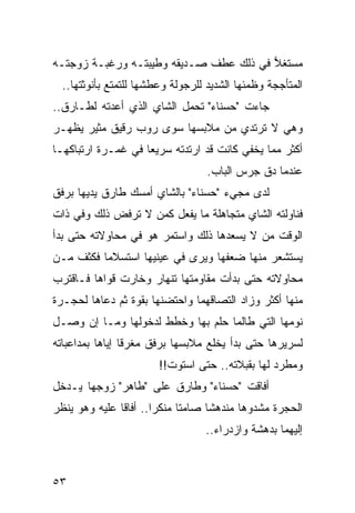 ‫ﻤﺴﺘﻐﻼ ﻓﻲ ﺫﻟﻙ ﻋﻁﻑ ﺼـﺩﻴﻘﻪ ﻭﻁﻴﺒﺘـﻪ ﻭﺭﻏﺒـﺔ ﺯﻭﺠﺘـﻪ‬
                                        ‫‪‬‬
  ‫ﺍﻟﻤﺘﺄﺠﺠﺔ ﻭﻅﻤﺌﻬﺎ ﺍﻟﺸﺩﻴﺩ ﻟﻠﺭﺠﻭﻟﺔ ﻭﻋﻁﺸﻬﺎ ﻟﻠﺘﻤﺘﻊ ﺒﺄﻨﻭﺜﺘﻬﺎ..‬
‫ﺠﺎﺀﺕ "ﺤﺴﻨﺎﺀ" ﺘﺤﻤل ﺍﻟﺸﺎﻱ ﺍﻟﺫﻱ ﺃﻋﺩﺘﻪ ﻟﻁـﺎﺭﻕ..‬
‫ﻭﻫﻲ ﻻ ﺘﺭﺘﺩﻱ ﻤﻥ ﻤﻼﺒﺴﻬﺎ ﺴﻭﻯ ﺭﻭﺏ ﺭﻗﻴﻕ ﻤﺜﻴﺭ ﻴﻅﻬـﺭ‬
‫ﺃﻜﺜﺭ ﻤﻤﺎ ﻴﺨﻔﻲ ﻜﺎﻨﺕ ﻗﺩ ﺍﺭﺘﺩﺘﻪ ﺴﺭﻴﻌﺎ ﻓﻲ ﻏﻤـﺭﺓ ﺍﺭﺘﺒﺎﻜﻬـﺎ‬
                    ‫‪‬‬
                                   ‫ﻋﻨﺩﻤﺎ ﺩﻕ ﺠﺭﺱ ﺍﻟﺒﺎﺏ.‬
‫ﻟﺩﻯ ﻤﺠﻲﺀ "ﺤﺴﻨﺎﺀ" ﺒﺎﻟﺸﺎﻱ ﺃﻤﺴﻙ ﻁﺎﺭﻕ ﻴﺩﻴﻬﺎ ﺒﺭﻓﻕ‬
‫ﻓﻨﺎﻭﻟﺘﻪ ﺍﻟﺸﺎﻱ ﻤﺘﺠﺎﻫﻠﺔ ﻤﺎ ﻴﻔﻌل ﻜﻤﻥ ﻻ ﺘﺭﻓﺽ ﺫﻟﻙ ﻭﻓﻲ ﺫﺍﺕ‬
‫ﺍﻟﻭﻗﺕ ﻤﻥ ﻻ ﻴﺴﻌﺩﻫﺎ ﺫﻟﻙ ﻭﺍﺴﺘﻤﺭ ﻫﻭ ﻓﻲ ﻤﺤﺎﻭﻻﺘﻪ ﺤﺘﻰ ﺒﺩﺃ‬
‫ﻴﺴﺘﺸﻌﺭ ﻤﻨﻬﺎ ﻀﻌﻔﻬﺎ ﻭﻴﺭﻯ ﻓﻲ ﻋﻴﻨﻴﻬﺎ ﺍﺴﺘﺴﻼﻤﺎ ﻓﻜﺜﻑ ﻤـﻥ‬
          ‫‪‬‬
‫ﻤﺤﺎﻭﻻﺘﻪ ﺤﺘﻰ ﺒﺩﺃﺕ ﻤﻘﺎﻭﻤﺘﻬﺎ ﺘﻨﻬﺎﺭ ﻭﺨﺎﺭﺕ ﻗﻭﺍﻫﺎ ﻓـﺎﻗﺘﺭﺏ‬
‫ﻤﻨﻬﺎ ﺃﻜﺜﺭ ﻭﺯﺍﺩ ﺍﻟﺘﺼﺎﻗﻬﻤﺎ ﻭﺍﺤﺘﻀﻨﻬﺎ ﺒﻘﻭﺓ ﺜﻡ ﺩﻋﺎﻫﺎ ﻟﺤﺠـﺭﺓ‬
‫ﻨﻭﻤﻬﺎ ﺍﻟﺘﻲ ﻁﺎﻟﻤﺎ ﺤﻠﻡ ﺒﻬﺎ ﻭﺨﻁﻁ ﻟﺩﺨﻭﻟﻬﺎ ﻭﻤـﺎ ﺇﻥ ﻭﺼـل‬
‫ﻟﺴﺭﻴﺭﻫﺎ ﺤﺘﻰ ﺒﺩﺃ ﻴﺨﻠﻊ ﻤﻼﺒﺴﻬﺎ ﺒﺭﻓﻕ ﻤﻐﺭﻗﺎ ﺇﻴﺎﻫﺎ ﺒﻤﺩﺍﻋﺒﺎﺘﻪ‬
                 ‫ﹰ‬
                        ‫ﻭﻤﻁﺭﺩ ﻟﻬﺎ ﺒﻘﺒﻼﺘﻪ.. ﺤﺘﻰ ﺍﺴﺘﻭﺕ!!‬
‫ﺃﻓﺎﻗﺕ "ﺤﺴﻨﺎﺀ" ﻭﻁﺎﺭﻕ ﻋﻠﻰ "ﻁﺎﻫﺭ" ﺯﻭﺠﻬﺎ ﻴـﺩﺨل‬
‫ﺍﻟﺤﺠﺭﺓ ﻤﺸﺩﻭﻫﺎ ﻤﻨﺩﻫﺸﺎ ﺼﺎﻤﺘﺎ ﻤﻨﻜﺭﺍ.. ﺃﻓﺎﻗﺎ ﻋﻠﻴﻪ ﻭﻫﻭ ﻴﻨﻅﺭ‬
                       ‫‪‬‬     ‫ﹰ‬     ‫ﹰ‬      ‫‪‬‬
                                  ‫ﺇﻟﻴﻬﻤﺎ ﺒﺩﻫﺸﺔ ﻭﺍﺯﺩﺭﺍﺀ..‬



‫٣٥‬
 