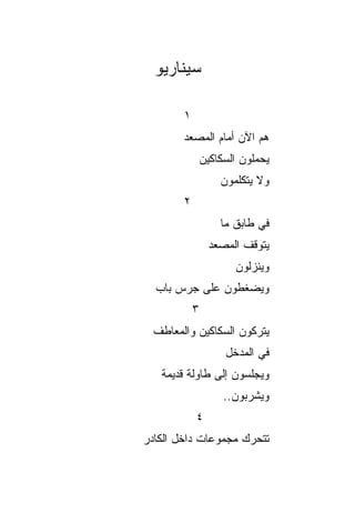 ‫ﺴﻴﻨﺎﺭﻴﻭ‬

        ‫١‬
        ‫ﻫﻡ ﺍﻵﻥ ﺃﻤﺎﻡ ﺍﻟﻤﺼﻌﺩ‬
                ‫ﻴﺤﻤﻠﻭﻥ ﺍﻟﺴﻜﺎﻜﻴﻥ‬
                    ‫ﻭﻻ ﻴﺘﻜﻠﻤﻭﻥ‬
        ‫٢‬
                    ‫ﻓﻲ ﻁﺎﺒﻕ ﻤﺎ‬
                 ‫ﻴﺘﻭﻗﻑ ﺍﻟﻤﺼﻌﺩ‬
                       ‫ﻭﻴﻨﺯﻟﻭﻥ‬
  ‫ﻭﻴﻀﻐﻁﻭﻥ ﻋﻠﻰ ﺠﺭﺱ ﺒﺎﺏ‬
            ‫٣‬
  ‫ﻴﺘﺭﻜﻭﻥ ﺍﻟﺴﻜﺎﻜﻴﻥ ﻭﺍﻟﻤﻌﺎﻁﻑ‬
                     ‫ﻓﻲ ﺍﻟﻤﺩﺨل‬
   ‫ﻭﻴﺠﻠﺴﻭﻥ ﺇﻟﻰ ﻁﺎﻭﻟﺔ ﻗﺩﻴﻤﺔ‬
                     ‫ﻭﻴﺸﺭﺒﻭﻥ..‬
            ‫٤‬
‫ﺘﺘﺤﺭﻙ ﻤﺠﻤﻭﻋﺎﺕ ﺩﺍﺨل ﺍﻟﻜﺎﺩﺭ‬
 