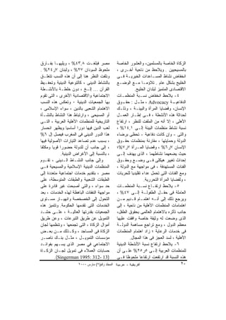 ‫ﻤﺼﺭ ﻓﺒﻠﻐـﺕ ٨,٣٤% ، ﻭﻴﻠﻴﻬـﺎ ﺒﻔـﺎﺭﻕ‬               ‫ﺍﻟﺯﻜﺎﺓ ﺍﻟﺨﺎﺼﺔ ﺒﺎﻟﻤﺴﻠﻤﻴﻥ، ﻭﺍﻟﻌﺸﻭﺭ ﺍﻟﺨﺎﺼﺔ‬
‫ﻤﻠﺤﻭﻅ ﺍﻟﺴﻭﺩﺍﻥ ٧٢% ، ﻭﻟﺒﻨﺎﻥ ٧ﺭ٤٢% .‬              ‫ﺒﺎﻟﻤﺴﻴﺤﻴﻴﻥ . ﻭﻴﻼﺤﻅ ﻤﻥ ﻨﺎﺤﻴﺔ ﺃﺨـﺭﻯ ،‬
‫ﻭﻨﻠﻔﺕ ﺍﻟﻨﻅﺭ ﻫﻨﺎ ﺇﻟﻰ ﺃﻥ ﻫﺫﻩ ﺍﻟﻨﺴﺏ ﺘﺘﻌﻠـﻕ‬         ‫ﺍﻨﺨﻔﺎﺽ ﻨﺸﺎﻁ ﺍﻟﻤﺴـﺎﻋﺩﺍﺕ ﺍﻟﺨﻴﺭﻴـﺔ ﻓـﻰ‬
‫ﺒﺎﻟﻨﺸﺎﻁ ﺍﻟﺩﻴﻨﻰ ، ﻜﺎﻟﺘﻭﻋﻴﺔ ﺍﻟﺩﻴﻨﻴﺔ ﻭﺘﺤﻔـﻴﻅ‬       ‫ﺍﻟﺨﻠﻴﺞ ﺒﺸﻜل ﻋﺎﻡ . ﺘﻼﺅﻤـﺎ ﻤـﻊ ﺍﻟﻭﻀـﻊ‬
‫ﺍﻟﻘﺭﺁﻥ ... ﺇﻟـﺦ ، ﺩﻭﻥ ﺨﻠﻁـﺔ ﺒﺎﻷﻨﺸـﻁﺔ‬                        ‫ﺍﻻﻗﺘﺼﺎﺩﻯ ﺍﻟﻤﺘﻤﻴﺯ ﻟﺒﻠﺩﺍﻥ ﺍﻟﺨﻠﻴﺞ.‬
‫ﺍﻻﺠﺘﻤﺎﻋﻴﺔ ﻭﺍﻻﻗﺘﺼﺎﺩﻴﺔ ﺍﻷﺨﺭﻯ ، ﺍﻟﺘﻰ ﺘﻘﻭﻡ‬          ‫٤- ﻴﻼﺤﻅ ﺍﻨﺨﻔﺎﺽ ﻨﺴـﺒﺔ ﺍﻟﻤﻨﻅﻤـﺎﺕ‬
‫ﺒﻬﺎ ﺍﻟﺠﻤﻌﻴﺎﺕ ﺍﻟﺩﻴﻨﻴﺔ ٠ ﻭﺘﻌﻜﺱ ﻫﺫﻩ ﺍﻟﻨﺴﺏ‬          ‫ـﺔ ‪ ، Advocacy‬ـل : ـﻭﻕ‬
                                                    ‫ﺤﻘـ‬       ‫ﻤﺜـ‬                   ‫ﺍﻟﺩﻓﺎﻋﻴـ‬
‫ﺍﻻﻫﺘﻤﺎﻡ ﺍﻟﺸﻌﺒﻰ ﺒﺎﻟﺩﻴﻥ ، ﺴﻭﺍﺀ ﺍﻹﺴﻼﻤﻰ ،‬           ‫ﺍﻹﻨﺴﺎﻥ، ﻭﻗﻀﺎﻴﺎ ﺍﻟﻤﺭﺃﺓ ﻭﺍﻟﺒﻴﺌـﺔ ، ﻭﺫﻟـﻙ‬
‫ﺃﻭ ﺍﻟﻤﺴﻴﺤﻰ ، ﻭﺍﺭﺘﺒﺎﻁ ﻫﺫﺍ ﺍﻟﻨﺸﺎﻁ ﺒﺎﻟﻨﺸـﺄﺓ‬        ‫ﻟﺤﺩﺍﺜﺔ ﻫﺫﻩ ﺍﻷﻨﺸﻁﺔ ، ﻓـﻰ ﺇﻁـﺎﺭ ﺍﻟﻌﻤـل‬
‫ﺍﻟﺘﺎﺭﻴﺨﻴﺔ ﻟﻠﻤﻨﻅﻤﺎﺕ ﺍﻷﻫﻠﻴﺔ ﺍﻟﻌﺭﺒﻴﺔ ، ﺍﻟﺘـﻰ‬       ‫ﺍﻷﻫﻠﻰ ، ﺇﻻ ﺃﻨﻪ ﻤﻥ ﺍﻟﻤﻠﻔﺕ ﻟﻠﻨﻅﺭ ، ﺍﺭﺘﻔﺎﻉ‬
‫ﻟﻌﺏ ﺍﻟﺩﻴﻥ ﻓﻴﻬﺎ ﺩﻭﺭﺍ ﺃﺴﺎﺴﻴﺎ ﻭﻴﻅﻬﺭ ﺍﻨﺤﺴﺎﺭ‬         ‫ﻨﺴﺒﺔ ﻨﺸﺎﻁ ﻤﻨﻅﻤﺎﺕ ﺍﻟﺒﻴﺌﺔ ﺇﻟـﻰ ١,٤١% ،‬
‫ﻫﺫﺍ ﺍﻟﺩﻭﺭ ﺍﻟﺩﻴﻨﻰ ﻓﻰ ﺍﻟﻤﻐﺭﺏ ﻓﻴﺼل ﺇل ٦%‬           ‫ﻭﺍﻟﺘﻰ - ﻭﺇﻥ ﻜﺎﻨﺕ ﺩﻓﺎﻋﻴﺔ - ﺘﺤﻅﻰ ﺒﺭﻀﺎﺀ‬
‫، ﺒﺴﺒﺏ ﻋﺩﻡ ﺘﺼﺎﻋﺩ ﺍﻟﺘﻴﺎﺭﺍﺕ ﺍﻷﺼﻭﻟﻴﺔ ﻓﻴﻬﺎ‬          ‫ﺍﻟﺩﻭﻟﺔ ﻭﺤﻤﺎﻴﺘﻬﺎ ، ﻤﻘﺎﺭﻨﺔ ﺒﻤﻨﻅﻤﺎﺕ ﺤﻘـﻭﻕ‬
‫، ﺇﻟﻰ ﺠﺎﻨﺏ ﺃﻥ ﻟﻠﺩﻭﻟﺔ ﺤﻀﻭﺭﺍ ﻗﻭﻴﺎ ﻭﻤﻜﺜﻔﺎ‬          ‫ﺍﻹﻨﺴﺎﻥ ٧ﺭ٦% ، ﻭﻗﻀﺎﻴﺎ ﺍﻟﻤـﺭﺃﺓ ٧ﺭ٧%؛‬
            ‫، ﺒﺎﻟﻨﺴﺒﺔ ﺇﻟﻰ ﺍﻷﻏﺭﺍﺽ ﺍﻟﺩﻴﻨﻴﺔ.‬       ‫ﺤﻴﺙ ﻴﻀﻌﻬﻤﺎ ﻨﺸﺎﻁﻬﻤﺎ ، ﺍﻟﺫﻯ ﻴﻬﺩﻑ ﺇﻟـﻰ‬
‫ﻭﺇﻟﻰ ﺠﺎﻨﺏ ﺍﻟﻨﺸـﺎﻁ ﺍﻟـﺩﻴﻨﻰ ، ﺘﻘـﻭﻡ‬               ‫ﺇﺤﺩﺍﺙ ﺘﻐﻴﻴﺭ ﻫﻴﻜﻠﻰ ﻓـﻰ ﻭﻀـﻊ ﻭﺤﻘـﻭﻕ‬
‫ﺍﻟﻤﻨﻅﻤﺎﺕ ﺍﻟﺩﻴﻨﻴﺔ ﺍﻹﺴﻼﻤﻴﺔ ﻭﺍﻟﻤﺴﻴﺤﻴﺔ ﻓـﻰ‬          ‫ﺍﻟﻔﺌﺎﺕ ﺍﻟﻤﺴﺘﻬﺩﻓﺔ ، ﻓﻰ ﻤﻭﺍﺠﻬﺔ ﻤﻊ ﺍﻟﺩﻭﻟﺔ ،‬
‫ﻤﺼﺭ ، ﺒﺘﻘﺩﻴﻡ ﺨﺩﻤﺎﺕ ﺍﺠﺘﻤﺎﻋﻴﺔ ﻤﺘﻌﺩﺩﺓ ﺇﻟﻰ‬          ‫ﻭﻤﻊ ﺍﻟﻔﺌﺎﺕ ﺍﻟﺘﻰ ﺘﺤﻤل ﻋﺩﺍﺀ ﺘﻘﻠﻴﺩﻴﺎ ﻟﻠﺤﺭﻴﺎﺕ‬
‫ﺍﻟﻁﺒﻘﺎﺕ ﺍﻟﺸﻌﺒﻴﺔ ﻭﺍﻟﻁﺒﻘﺎﺕ ﺍﻟﻤﺘﻭﺴﻁﺔ، ﻋﻠﻰ‬                           ‫، ﻭﻟﻘﻀﺎﻴﺎ ﺍﻟﻤﺭﺃﺓ ﺍﻟﺘﺤﺭﺭﻴﺔ.‬
‫ﺤﺩ ﺴﻭﺍﺀ ، ﻭﺍﻟﺘﻰ ﺃﺼﺒﺤﺕ ﻏﻴﺭ ﻗﺎﺩﺭﺓ ﻋﻠﻰ‬             ‫٥- ﻴﻼﺤﻅ ﺍﺭﺘﻔـﺎﻉ ﻨﺴـﺒﺔ ﺍﻟﻤﻨﻅﻤـﺎﺕ‬
‫ﻤﻭﺍﺠﻬﺔ ﺍﻟﻨﻔﻘﺎﺕ ﺍﻟﺒﺎﻫﻅﺔ ﻟﻬﺫﻩ ﺍﻟﺨﺩﻤﺎﺕ ، ﺒﻌﺩ‬       ‫ﺍﻟﻌﺎﻤﻠﺔ ﻓﻰ ﺤﻘـل ﺍﻟﻁﻔﻭﻟـﺔ ﺇﻟـﻰ ٧٤% ،‬
‫ﺍﻟﺘﺤﻭل ﺇﻟﻰ ﺍﻟﺨﺼﺨﺼﺔ ﻭﺍﻨﻬﻴـﺎﺭ ﻤﺴـﺘﻭﻯ‬              ‫ﻭﻴﺭﺠﻊ ﺫﻟﻙ ﺇﻟﻰ ﺃﻨـﻪ ﺍﻫﺘﻤـﺎﻡ ﻗـﺩﻴﻡ ﻤـﻥ‬
‫ﺍﻟﺨﺩﻤﺎﺕ ﺍﻟﺘﻰ ﺘﻘﺩﻤﻬﺎ ﺍﻟﺤﻜﻭﻤﺔ. ﻭﺘﺘﻤﻴﺯ ﻫﺫﻩ‬         ‫ﺍﻫﺘﻤﺎﻤﺎﺕ ﺍﻟﻤﻨﻅﻤﺎﺕ ﺍﻷﻫﻠﻴﺔ ﻤﻥ ﻨﺎﺤﻴﺔ ، ﺇﻟﻰ‬
‫ﺍﻟﺠﻤﻌﻴﺎﺕ ﺒﻘﺩﺭﺘﻬﺎ ﺍﻟﻌﺎﻟﻴـﺔ ، ﻋﻠـﻰ ﺤﺸـﺩ‬           ‫ﺠﺎﻨﺏ ﺘﺄﺜﺭﻩ ﺒﺎﻻﻫﺘﻤﺎﻡ ﺍﻟﻌﺎﻟﻤﻰ ﺒﺤﻘﻭﻕ ﺍﻟﻁﻔل،‬
‫ﺍﻟﺘﻤﻭﻴل ﻋﻥ ﻁﺭﻴﻕ ﺍﻟﺘﺒﺭﻋﺎﺕ ، ﻭﻋﻥ ﻁﺭﻴﻕ‬             ‫ﺍﻟﺫﻯ ﻭﻀﻌﺕ ﻟﻪ ﻭﺜﻴﻘﺔ ﺨﺎﺼﺔ ﻭﺍﻓﻘﺕ ﻋﻠﻴﻬﺎ‬
‫ﺃﻤﻭﺍل ﺍﻟﺯﻜﺎﺓ ، ﺍﻟﺘﻰ ﺘﺠﻤﻌﻬﺎ ، ﻭﺘﻨﻅﻤﻬﺎ ﻟﺠﺎﻥ‬       ‫ﻤﻌﻅﻡ ﺍﻟﺩﻭل ، ﻭﻤﻊ ﺘﺭﺍﺠﻊ ﻤﺴﺎﻫﻤﺔ ﺍﻟﺩﻭﻟـﺔ‬
‫ﺍﻟﺯﻜﺎﺓ ﻓﻰ ﺍﻟﻤﺴﺎﺠﺩ ، ﻭﻜـﺫﻟﻙ ﻤـﻥ ﺒﻌـﺽ‬             ‫ﻓﻰ ﺨﺩﻤﺎﺕ ﺍﻟﺭﻋﺎﻴﺔ ؛ ﺯﺍﺩ ﺍﻫﺘﻤﺎﻡ ﺍﻟﻤﻨﻅﻤﺎﺕ‬
‫ﻤﺅﺴﺴﺎﺕ ﺍﻟﺘﻤﻭﻴـل ، ﻤﺜـل ﺒﻨـﻙ ﻨﺎﺼـﺭ‬                        ‫ﺍﻷﻫﻠﻴﺔ ، ﻟﺴﺩ ﺍﻟﻌﺠﺯ ﻓﻰ ﻫﺫﺍ ﺍﻟﻤﺠﺎل.‬
‫ﺍﻻﺠﺘﻤﺎﻋﻲ ﻓﻲ ﻤﺼﺭ ﺍﻟﺫﻯ ﻴﺴـﻬﻡ ﺒﻔﻭﺍﺌـﺩ‬              ‫٦- ﻴﻼﺤﻅ ﺍﺭﺘﻔﺎﻉ ﻨﺴﺒﺔ ﺍﻷﻨﺸﻁﺔ ﺍﻟﺩﻴﻨﻴﺔ‬
‫ﺤﺴﺎﺒﺎﺕ ﺍﻟﻌﻤﻼﺀ ﻓﻰ ﺘﻤﻭﻴل ﻟﺠـﺎﻥ ﺍﻟﺯﻜـﺎﺓ‬            ‫ﻟﻠﻤﻨﻅﻤﺎﺕ ﺍﻟﻌﺭﺒﻴﺔ ﺇﻟـﻰ ٥ﺭ٥٢% ﻋﻠـﻰ ﺃﻥ‬
         ‫)31 -213 :5991 ‪.(Singerman‬‬             ‫ﻫﺫﻩ ﺍﻟﻨﺴﺒﺔ ﻗﺩ ﺍﺭﺘﻔﻌﺕ ﺍﺭﺘﻔﺎﻋﺎ ﻤﻠﺤﻭﻅﺎ ﻓـﻰ‬
                      ‫اﻟﻤﺠﻠﺪ رﻗﻢ)٢( ﻡﺎرس ٠٠٠٢‬                                           ‫٠٢‬
 