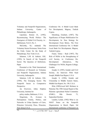 Voluntary and Nonprofit Organizations,               Conference On: A Model Local Bank
Indiana       University,         Center        of   For Development, Magosa, Turkish
Philanthropy, Indianapolis.                          Cyprus.
     Lipschutz,    Ronnie         D.,      (1992),       Ehrenberg, Eckehart, (1987), The
Reconstructing     World         Politics:    The    Significance of Proper Mobilization For
Emergence of Global Civil Society, in :              Development, In: New Strategy for
Mellinnium, Vol.21, No. 3.                           Development From Below, The First
     McCarthy,      K.(         undated)      The    International Conference On: A Model
Voluntary Sector Oversease, Notes From               Local Bank For Development, Magosa,
the Field, Center for the Study of                   Turkish Cyprus.
Philanthropy, New York.U.S.A.                            Frantz, Telmo - Rudi (1987), The
     Salamon, L.M. & Anheier, H.K.                   Role of NGOs in the Strengthening of
(1992), In Search of the Nonprofit                   civil   Society,    in:     Conference     On:
Sector: The Question of Definitions.                 Development            Alternatives,      The
Paper                                                Challenges For NGOs, Regents College,
     Presented at the Third International            London.
Conference of Research on Voluntary                      Joseph, S. (1993), Gender and Civil
and Nonprofit Organizations, Indiana                 Society,   An      Interview       With   Suad
University, Indianapolis.                            Joseph, Middle East Report, U.S.A
     Salamon, L.M. & Anheier, H.K.                       Joseph, S. (1996), Gender and
(1994), The Emerging Sector: The                     Citizenship in Middle Eastern States,
Nonprofit      Sector      in      Comparative       Middle East Report, No. 198, U.S.A.
Perspective                                              IFda (1989),Local Self- Reliance in
     An     Overview,       Johns       Hopkins      Palestine The 1988 Annual Report of the
University, Institute for                            Palestine agricultural Relief Committee
     policy studies, Baltimore, U.S.A.               (PARC),         Ifda         Dossier       73,
     Singerman,      D.,         Avenues        in   September/October.
Participation:    Family,        Politics,    and        Landim, Leilah, (1992) What is /an
Networks in Urban Quarters of Cairo,                 NGO?       Notes       on    the     Nonprofit
Princeton University Press, Princeton,               Organizations in Brazil, Paper, 3rd
New Jersey.U.S.A.                                    International conference of Research on
٣٩                         ٢٠٠٠ ‫اﻟﻤﺠﻠﺪ رﻗﻢ)٢( ﻡﺎرس‬
 