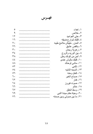 ‫٥‬   ‫..........................................‬                            ‫١- إهﺪاء‬
 ‫٩‬   ‫..........................................‬                          ‫٢- ﺧﻼص‬
‫٢١‬   ‫..........................................‬                  ‫٣- ﺣﺘﻰ اﻟﻌﻮاﻣﻴﺪ‬
‫٦١‬   ‫..........................................‬            ‫٤- ﻗﻠﺒﻚ ﺷﻮارع ﺿﻴﻘﻪ‬
‫٠٢‬   ‫..........................................‬    ‫٥- اﻟﻤﺪن.. ﻣﻠﻬﺎش ﻣﻼﻣﺢ ﻃﻴﺒﻪ‬
‫٦٢‬   ‫..........................................‬                  ‫٦- ﺑﻨﺎﻗﺺ ﻋﺸﻴﻖ‬
‫٠٣‬   ‫..........................................‬                 ‫٧- زهﺮﻳﺔ رﻳﺤﺎن‬
‫٤٣‬   ‫..........................................‬            ‫٨- ﺑﻴﻦ اﻟﻮرﻳﺪ واﻟﺮوح‬
‫٨٣‬   ‫..........................................‬          ‫٩- أﺣﻦ ﻣﻦ آﻮﻧﻚ وﻃﻦ‬
‫٤٤‬   ‫..........................................‬          ‫٠١- ﻗﻠﺒﻚ ﻣﺎﻟﻮش ﻋﻨﺪى‬
‫٨٤‬   ‫..........................................‬                ‫١١- ﻣﺎﺷﻰ ﻟﻮﺣﺪك‬
‫٢٥‬   ‫..........................................‬                          ‫٢١- إﺗﻠﻤﻰ‬
‫٤٥‬   ‫..........................................‬                 ‫٣١- اﻟﺪﻣﻌﻪ اﻟﺘﺎﻧﻴﻪ‬
‫٦٥‬   ‫..........................................‬                   ‫٤١- آﺤﻞ وﺣﻨﻪ‬
‫٠٦‬   ‫..........................................‬                 ‫٥١- ﺻﺒﺎح اﻟﺨﻴﺮ‬
‫٢٦‬   ‫..........................................‬                           ‫٦١- ﻓﻨﺎر‬
‫٤٦‬   ‫..........................................‬                ‫٧١- ﺻﻮت ﻓﻴﺮوز‬
‫٦٦‬   ‫..........................................‬                           ‫٨١- ﺧﺎﺗﻢ‬
‫٧٦‬   ‫..........................................‬                  ‫٩١- وﺳﻂ اﻟﺨﻠﻖ‬
‫٩٦‬   ‫..........................................‬       ‫٠٢- وﺣﻴﺎة ﻣﻘﺎم ﺳﻴﺪﻧﺎ اﻟﻨﺒﻰ‬
‫٦٧‬   ‫..........................................‬   ‫١٢- ﻣﺎ ﺑﻴﻦ ﺻﻮﺗﻰ وﺑﻴﻦ ﺻﻤﺘﻪ‬




                                        ‫٢٦‬
 