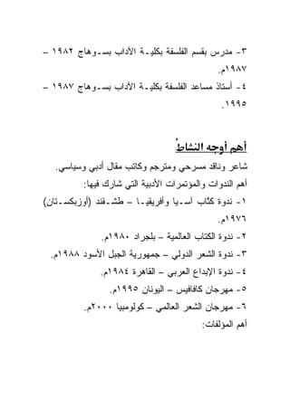 ‫٣- ﻤﺩﺭﺱ ﺒﻘﺴﻡ ﺍﻟﻔﻠﺴﻔﺔ ﺒﻜﻠﻴـﺔ ﺍﻵﺩﺍﺏ ﺒﺴـﻭﻫﺎﺝ ٢٨٩١ –‬
                                             ‫٧٨٩١ﻡ.‬
‫٤- ﺃﺴﺘﺎﺫ ﻤﺴﺎﻋﺩ ﺍﻟﻔﻠﺴﻔﺔ ﺒﻜﻠﻴـﺔ ﺍﻵﺩﺍﺏ ﺒﺴـﻭﻫﺎﺝ ٧٨٩١ –‬
                                              ‫٥٩٩١.‬



                                         ‫א‬
  ‫ﺸﺎﻋﺭ ﻭﻨﺎﻗﺩ ﻤﺴﺭﺤﻲ ﻭﻤﺘﺭﺠﻡ ﻭﻜﺎﺘﺏ ﻤﻘﺎل ﺃﺩﺒﻲ ﻭﺴﻴﺎﺴﻲ.‬
         ‫ﺃﻫﻡ ﺍﻟﻨﺩﻭﺍﺕ ﻭﺍﻟﻤﺅﺘﻤﺭﺍﺕ ﺍﻷﺩﺒﻴﺔ ﺍﻟﺘﻲ ﺸﺎﺭﻙ ﻓﻴﻬﺎ:‬
‫١- ﻨﺩﻭﺓ ﻜﺘﺎﺏ ﺁﺴـﻴﺎ ﻭﺃﻓﺭﻴﻘﻴـﺎ – ﻁﺸـﻘﻨﺩ )ﺃﻭﺯﺒﻜﺴـﺘﺎﻥ(‬
                                        ‫ﹸﱠ‬
                                             ‫٦٧٩١ﻡ.‬
              ‫٢- ﻨﺩﻭﺓ ﺍﻟﻜﺘﺎﺏ ﺍﻟﻌﺎﻟﻤﻴﺔ – ﺒﻠﺠﺭﺍﺩ ٠٨٩١ﻡ.‬
 ‫٣- ﻨﺩﻭﺓ ﺍﻟﺸﻌﺭ ﺍﻟﺩﻭﻟﻲ – ﺠﻤﻬﻭﺭﻴﺔ ﺍﻟﺠﺒل ﺍﻷﺴﻭﺩ ٨٨٩١ﻡ.‬
              ‫٤- ﻨﺩﻭﺓ ﺍﻹﺒﺩﺍﻉ ﺍﻟﻌﺭﺒﻲ – ﺍﻟﻘﺎﻫﺭﺓ ٤٨٩١ﻡ.‬
                ‫٥- ﻤﻬﺭﺠﺎﻥ ﻜﺎﻓﺎﻓﻴﺱ – ﺍﻟﻴﻭﻨﺎﻥ ٥٩٩١ﻡ.‬
         ‫٦- ﻤﻬﺭﺠﺎﻥ ﺍﻟﺸﻌﺭ ﺍﻟﻌﺎﻟﻤﻲ – ﻜﻭﻟﻭﻤﺒﻴﺎ ٠٠٠٢ﻡ.‬
                                         ‫ﺃﻫﻡ ﺍﻟﻤﺅﻟﻔﺎﺕ:‬
 