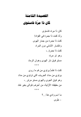 ‫‪ ‬‬
     ‫‪    ‬‬
             ‫‪‬‬

                       ‫ﻜﺎﻥ ﺫﺍ ﻤ ‪‬ﺓ، ﻓﺎﺴﺘﻭﻯ‬
                                ‫ِﺭ‬
                ‫ﻭﺃﻨﺎ ﻜﻨﺕ ﺫﺍ ﺠﻤﺭﺓ ﻓﻲ ﺍﻟﻔﺅﺍﺩ!‬
                 ‫‪‬‬
              ‫ﻜﻨﺕ ﺫﺍ ﺠﻤﺭﺓ ﻤﻥ ﺠﻤﺎﺭ ﺍﻟﻬﻭﻯ‬
                ‫ﻭﺍﻨﻜﺴﺎﺭ ﺍﻷﻤﺎﻨﻲ ﺩﻭﻥ ﺍﻟﻤﺭﺍﺩ‬
                ‫‪‬‬          ‫‪‬‬
                           ‫ﻜﻨﺕ ﺫﺍ ﺠﻤﺭﺓ..،‬
                              ‫ٍ‬
                              ‫ﻭﻫﻭ ﺫﻭ ﻤ ٍﺓ،‬
                                ‫ﺭ‬
          ‫ﻤﺴﺘﻭ ﻓﻭﻕ ﻨﺎﺭ ﺍﻟﻬﻭﻯ ﻭﻫﻭﺍﻥ ﺍﻟﺭﻤﺎﺩ‬
                                     ‫ٍ‬
               ‫***‬
          ‫ﻜﻨﺕ ﺫﺍ ﻅﻤﺄ ﻴﺭﺘﻭﻱ ﻤﻥ ﻓﻡ ﻤﺎ ﺭﻭﻯ‬
                             ‫ٍ‬
‫ﻴﺭﺘﻭﻱ ﻤﻥ ﻤﺩﺍﺩ ﺍﻟﺤﺭﻭﻑ ﺍﻟﺘﻲ ﺘﺭﺘﻭﻱ ﻤﻥ ﻤﺩﺍﺩ‬
‫‪‬‬
      ‫ﻭﻫﻭ ﻓﻭﻕ ﺍﻟﺠﻭﻯ ﻭﺍﻟﻬﻭﻯ ﻤﺴﺘﻭ ﻤﺭﺘﻭ..،‬
         ‫ٍ‬    ‫ٍ‬                     ‫‪‬‬
‫ﻤﻥ ﺤﻘﻴﻘﺘﻪ ﺍﻷﺯﻟﻴﺔ، ﻤﻥ ﺃﺤﺭﻑ ﺘﺘﻭﺍﻟﻰ ﺒﻐﻴﺭ ﻨﻔﺎﺩ‬
‫‪‬‬                ‫ٍ‬
               ‫***‬
                       ‫ﻤﺎ ﺍﺴﻡ ﻭﺍﺩﻱ ﻫﺫﺍ...؟‬
                               ‫‪‬‬
                                   ‫- ﻁ ‪‬ﻯ‬
                                    ‫ﹸﻭ‬
 