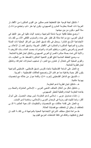 ‫١-ﺘﺸﻜﻴل ﻟﺠﻨﺔ ﻗﻭﻤﻴﺔ ﻋﻠﻴﺎ ﻟﻠﺘﺨﻁﻴﻁ ﺘﻀﻡ ﻤﻤﺜﻠﻴﻥ ﻋﻥ ﺍﻟﻘﻭﻯ ﺍﻟﻤﺫﻜﻭﺭﺓ ﻤﻥ ﺍﻷﻗﻁـﺎﺭ‬
‫ﺍﻟﻌﺭﺒﻴﺔ ﺫﺍﺕ ﺍﻟﺼﻠﺔ ﺒﻤﻘﺎﻭﻤﺔ ﺍﻟﻤﺸﺭﻭﻉ ﺍﻟﺼﻬﻴﻭﻨﻰ، ﻴﻜﻭﻥ ﻟﻬﺎ ﻤﻘﺭ ﺩﺍﺌﻡ، ﻭﺘﺠﺘﻤﻊ ﻤﺭﺓ ﻜـل‬
                                                          ‫ﺴﺘﺔ ﺃﺸﻬﺭ، ﻴﻜﻭﻥ ﻤﻥ ﺒﻴﻥ ﻤﻬﺎﻤﻬﺎ:‬
‫ﺃ-ﻭﻀﻊ ﺨﻁﻁ ﺜﻘﺎﻓﻴﺔ ﻋﺭﺒﻴﺔ ﺸﺎﻤﻠﺔ ﻟﻠﻤﻭﺍﺠﻬﺔ، ﻭﺘﺤﺩﻴﺩ ﺁﻟﻴﺎﺕ ﻨﻘﻠﻬﺎ ﺇﻟﻰ ﺤﻴﺯ ﺍﻟﺘﻨﻔﻴﺫ ﻓﻰ‬
‫ﺍﻟﻭﻁﻥ ﺍﻟﻌﺭﺒﻰ، ﻤﻊ ﻤﺭﺍﻋﺎﺓ ﺤﺎﻟﺔ ﻜل ﻗﻁﺭ ﻋﻠﻰ ﺤﺩﺓ، ﻭﺍﻟﻤﺴﺘﻭﻯ ﺍﻟﺜﻘﺎﻓﻰ ﺍﻷﺩﻨـﻰ ﻟﻠﻔﺌـﺎﺕ‬
‫ﺍﻻﺠﺘﻤﺎﻋﻴﺔ ﺍﻷﻭﺴﻊ ﺍﻨﺘﺸﺎﺭﺍ. ﻭﻴﺩﺨل ﻓﻰ ﺫﻟﻙ ﺘﻨﺴﻴﻕ ﺍﻟﻌﻤل ﺒﻴﻥ ﺍﻟﻤﺭﺍﻜﺯ ﺍﻟﺒﺤﺜﻴﺔ ﺫﺍﺕ ﺍﻟﺼﻠﺔ‬
                                                                 ‫ﹰ‬
‫ﺒﻤﺸﺭﻭﻉ ﺍﻟﻤﻭﺍﺠﻬﺔ ﺍﻟﻤﺫﻜﻭﺭﺓ ﻭﺍﻟﻤﻨﺘﺸﺭﺓ ﻓﻰ ﺍﻷﻗﻁﺎﺭ ﺍﻟﻌﺭﺒﻴﺔ، ﻭﺘﻨﺴﻴﻕ ﺍﻟﻌﻤـل ﺍﻹﻋﻼﻤـﻰ‬
‫ﺍﻟﻤﺴﻤﻭﻉ ﻭﺍﻟﻤﺭﺠﻰ ﻭﺍﻟﻤﻘﺭﻭﺀ ﻭﺘﻨﻅﻴﻡ ﺍﻟﻨﺩﻭﺍﺕ ﻭﺍﻟﻤﺅﺘﻤﺭﺍﺕ ﺒﺤﺴﺏ ﺍﻟﻤﻨﺎﺴـﺒﺎﺕ ﺍﻟﺘﺎﺭﻴﺨﻴـﺔ‬
‫ﻭﺍﻵﻨﻴﺔ ﺍﻟﺘﻰ ﺘﻤﺕ ﺒﺼﻠﺔ ﻤﺒﺎﺸﺭﺓ ﻟﻠﺼﺭﺍﻉ ﺍﻟﻌﺭﺒﻰ ﺍﻟﺼﻬﻴﻭﻨﻰ ﻭﺘﺸﻜﻴل ﻟﺠﺎﻥ ﻗﻁﺭﻴﺔ ﻟﻠﻤﺘﺎﺒﻌﺔ.‬
‫ﺏ-ﻭﻀﻊ ﺍﻟﺨﻁﻁ ﺍﻟﻤﻨﺎﺴﺒﺔ ﻟﺩﻓﻊ ﺍﻟﻘﻭﻯ ﺍﻟﺸﻌﺒﻴﺔ ﺍﻟﻤﺫﻜﻭﺭﺓ ﻟﻠﻀﻐﻁ ﻋﻠـﻰ ﺍﻟﺤﻜﻭﻤـﺎﺕ‬
‫ﻭﺍﻟﻘﻭﻯ ﺍﻟﻤﺤﻠﻴﺔ ﺍﻟﺘﻰ ﺘﺘﺨﺎﺫل ﺃﻭ ﺘﺘﻌﺎﻭﻥ ﻤﻊ ﺍﻟﻌﺩﻭ، ﺃﻭ ﺘﺴﺘﺠﻴﺏ ﻟﻤﺤﺎﻭﻻﺕ ﺍﺨﺘﺭﺍﻗﻪ، ﻭﺘﺸﻜﻴل‬
                                                                      ‫ﻟﺠﺎﻥ ﻗﻁﺭﻴﺔ ﻟﻠﻤﺘﺎﺒﻌﺔ.‬
‫ﺝ-ﺍﻟﻌﻤل ﻋﻠﻰ ﺍﻟﺴﺎﺤﺔ ﺍﻟﻔﻠﺴﻁﻴﻨﻴﺔ ﺒﺎﺘﺠﺎﻩ ﺘﻜﺭﻴﺱ ﺘﻨﺴﻴﻕ ﻓﻠﺴﻁﻨﻴﻰ- ﻓﻠﺴﻁﻴﻨﻰ ﻟﻠﻤﻭﺍﺠﻬﺔ‬
       ‫ﻴﻜﻭﻥ ﺃﻜﺜﺭ ﺠﺩﻴﺔ ﻭﻓﺎﻋﻠﻴﺔ ﻤﻤﺎ ﻫﻭ ﻗﺎﺌﻡ ﺍﻵﻥ ﻭﺘﺼﺤﻴﺢ ﺍﻟﻌﻼﻗﺎﺕ ﺍﻟﻔﻠﺴﻁﻴﻨﻴﺔ – ﺍﻟﻌﺭﺒﻴﺔ.‬
‫ﺩ-ﺍﻟﺘﻨﺴﻴﻕ ﻤﻊ ﺍﻟﺩﺍﺨل ﺍﻟﻔﻠﺴﻁﻴﻨﻰ )ﻋﺭﺏ ٨٤(، ﻭﺇﻗﺎﻤﺔ ﺤﻭﺍﺭ ﻤﻥ ﺨﻼﻟﻪ ﻤﻊ ﺸﺨﺼﻴﺎﺕ‬
                                                                             ‫ﻴﻬﻭﺩﻴﺔ ﻋﺎﻟﻤﻴﺔ.‬
                                               ‫ﻫـ-ﺘﺸﻜﻴل ﻟﺠﺎﻥ ﻗﻁﺭﻴﺔ ﻟﺩﻋﻡ ﺍﻟﻤﻘﺎﻭﻤﺔ.‬
‫ﻭ-ﺘﺸﻜﻴل ﺸﻜل ﻤﻥ ﺃﺸﻜﺎل ﺍﻟﺘﺤﺎﻟﻑ ﺍﻟﺸﻌﺒﻰ ﺍﻟﻌﺭﺒﻰ – ﺍﻹﺴﻼﻤﻰ ﺍﻟﻤﺸﺘﺭﻙ ﻭﺍﻟﻤﺤﻜـﻭﻡ‬
                                          ‫ﺒﻘﺎﻋﺩﺓ ﺍﻟﻤﻘﺎﻭﻤﺔ ﺍﻟﺠﺎﺩﺓ ﻭﺍﻟﻔﻌﻠﻴﺔ ﻟﻠﺨﻁﺭ ﺍﻟﺼﻬﻴﻭﻨﻰ.‬
‫ﺯ-ﺇﻨﺸﺎﺀ ﺼﻨﺩﻭﻕ ﻋﺭﺒﻰ – ﺇﺴﻼﻤﻰ ﻟﺩﻋﻡ ﺍﻟﻤﻘﺎﻭﻤﺔ، ﻟﻴﺱ ﺒﻬﺩﻑ ﺍﻟﺤﺼﻭل ﻋﻠﻰ ﺃﻤﻭﺍل‬
      ‫ﺃﻜﺜﺭ، ﻭﺇﻨﻤﺎ ﻟﺘﺜﺒﻴﺕ ﻗﻴﻡ ﺭﻤﺯﻴﺔ ﻓﻰ ﺍﻟﻭﺠﺩﺍﻥ ﺍﻟﻌﺭﺒﻰ ﻭﺍﻹﺴﻼﻤﻰ، ﻭﺨﺎﺼﺔ ﻟﺩﻯ ﺍﻟﺸﺒﺎﺏ.‬
‫ﺡ-ﺍﻟﻌﻤل ﻋﻠﻰ ﺇﻗﺎﻤﺔ ﻋﻼﻗﺎﺕ ﻤﻊ ﺍﻟﺸﺨﺼﻴﺎﺕ ﻭﺍﻟﺘﻨﻅﻴﻤﺎﺕ ﺍﻟﺸـﻌﺒﻴﺔ ﺍﻟﻌﺎﻟﻤﻴـﺔ ﺍﻟﺘـﻰ‬
                                          ‫ﺘﺘﻌﺎﻁﻑ ﺃﻭ ﻴﻤﻜﻥ ﺃﻥ ﺘﺘﻌﺎﻁﻑ ﻤﻊ ﻗﻀﺎﻴﺎﻨﺎ ﺍﻟﻌﺎﺩﻟﺔ.‬
‫ﻁ-ﻤﺭﺍﻋﺎﺓ ﺘﻤﺜﻴل ﻤﺨﺘﻠﻑ ﺍﻟﺸﺭﺍﺌﺢ ﺍﻻﺠﺘﻤﺎﻋﻴﺔ ﺍﻟﻤﻌﻨﻴﺔ ﺒﺎﻟﻤﻭﺍﺠﻬﺔ ﻓـﻰ ﻜﺎﻓـﺔ ﺍﻟﻠﺠـﺎﻥ‬
                             ‫ﺍﻟﻤﻘﺘﺭﺡ ﺘﺸﻜﻴﻠﻬﺎ، ﻭﻜﺫﻟﻙ ﻓﻰ ﻜﺎﻓﺔ ﺍﻟﻨﺸﺎﻁﺎﺕ ﺍﻟﻤﺯﻤﻊ ﺍﻟﻘﻴﺎﻡ ﺒﻬﺎ.‬
 