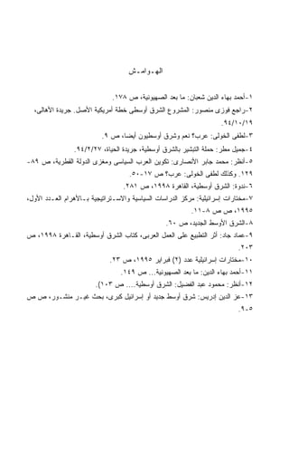 ‫ﺍﻟﻬـﻭﺍﻤـﺵ‬


                             ‫١-ﺃﺤﻤﺩ ﺒﻬﺎﺀ ﺍﻟﺩﻴﻥ ﺸﻌﺒﺎﻥ: ﻤﺎ ﺒﻌﺩ ﺍﻟﺼﻬﻴﻭﻨﻴﺔ، ﺹ ٨٧١.‬
  ‫٢-ﺭﺍﺠﻊ ﻓﻭﺯﻯ ﻤﻨﺼﻭﺭ: ﺍﻟﻤﺸﺭﻭﻉ ﺍﻟﺸﺭﻕ ﺃﻭﺴﻁﻰ ﺨﻁﺔ ﺃﻤﺭﻴﻜﻴﺔ ﺍﻷﺼل. ﺠﺭﻴﺩﺓ ﺍﻷﻫﺎﻟﻰ،‬
                                                                   ‫٩١/٠١/٤٩.‬
                          ‫٣-ﻟﻁﻔﻰ ﺍﻟﺨﻭﻟﻰ: ﻋﺭﺏ؟ ﻨﻌﻡ ﻭﺸﺭﻕ ﺃﻭﺴﻁﻴﻭﻥ ﺃﻴﻀﹰ، ﺹ ٩.‬
                                ‫ﺎ‬
                ‫٤-ﺠﻤﻴل ﻤﻁﺭ: ﺤﻤﻠﺔ ﺍﻟﺘﺒﺸﻴﺭ ﺒﺎﻟﺸﺭﻕ ﺃﻭﺴﻁﻴﺔ، ﺠﺭﻴﺩﺓ ﺍﻟﺤﻴﺎﺓ، ٧٢/٢/٤٩.‬
‫٥-ﺃﻨﻅﺭ: ﻤﺤﻤﺩ ﺠﺎﺒﺭ ﺍﻷﻨﺼﺎﺭﻯ: ﺘﻜﻭﻴﻥ ﺍﻟﻌﺭﺏ ﺍﻟﺴﻴﺎﺴﻰ ﻭﻤﻐﺯﻯ ﺍﻟﺩﻭﻟﺔ ﺍﻟﻘﻁﺭﻴﺔ، ﺹ ٩٨-‬
                                   ‫٩٢١. ﻭﻜﺫﻟﻙ ﻟﻁﻔﻰ ﺍﻟﺨﻭﻟﻰ: ﻋﺭﺏ؟ ﺹ ٧١-٠٥.‬
                                 ‫٦-ﻨﺩﻭﺓ: ﺍﻟﺸﺭﻕ ﺃﻭﺴﻁﻴﺔ، ﺍﻟﻘﺎﻫﺭﺓ ٨٩٩١، ﺹ ١٨٢.‬
‫٧-ﻤﺨﺘﺎﺭﺍﺕ ﺇﺴﺭﺍﺌﻴﻠﻴﺔ: ﻤﺭﻜﺯ ﺍﻟﺩﺭﺍﺴﺎﺕ ﺍﻟﺴﻴﺎﺴﻴﺔ ﻭﺍﻻﺴـﺘﺭﺍﺘﻴﺠﻴﺔ ﺒـﺎﻷﻫﺭﺍﻡ ﺍﻟﻌـﺩﺩ ﺍﻷﻭل،‬
                                                         ‫٥٩٩١، ﺹ ﺹ ٨-١١.‬
                                                ‫٨-ﺍﻟﺸﺭﻕ ﺍﻷﻭﺴﻁ ﺍﻟﺠﺩﻴﺩ، ﺹ ٠٦.‬
‫٩-ﻋﻤﺎﺩ ﺠﺎﺩ: ﺃﺜﺭ ﺍﻟﺘﻁﺒﻴﻊ ﻋﻠﻰ ﺍﻟﻌﻤل ﺍﻟﻌﺭﺒﻰ، ﻜﺘﺎﺏ ﺍﻟﺸﺭﻕ ﺃﻭﺴﻁﻴﺔ، ﺍﻟﻘـﺎﻫﺭﺓ ٨٩٩١، ﺹ‬
                                                                         ‫٣٠٢.‬
                            ‫٠١-ﻤﺨﺘﺎﺭﺍﺕ ﺇﺴﺭﺍﺌﻴﻠﻴﺔ ﻋﺩﺩ )٢( ﻓﺒﺭﺍﻴﺭ ٥٩٩١، ﺹ ٣٢.‬
                                ‫١١-ﺃﺤﻤﺩ ﺒﻬﺎﺀ ﺍﻟﺩﻴﻥ: ﻤﺎ ﺒﻌﺩ ﺍﻟﺼﻬﻴﻭﻨﻴﺔ... ﺹ ٩٤١.‬
                       ‫٢١-ﺃﻨﻅﺭ: ﻤﺤﻤﻭﺩ ﻋﺒﺩ ﺍﻟﻔﻀﻴل: ﺍﻟﺸﺭﻕ ﺃﻭﺴﻁﻴﺔ.... ﺹ ٣٠١(.‬
‫٣١-ﻋﺯ ﺍﻟﺩﻴﻥ ﺇﺩﺭﻴﺱ: ﺸﺭﻕ ﺃﻭﺴﻁ ﺠﺩﻴﺩ ﺃﻭ ﺇﺴﺭﺍﺌﻴل ﻜﺒﺭﻯ، ﺒﺤﺙ ﻏﻴـﺭ ﻤﻨﺸـﻭﺭ، ﺹ ﺹ‬
                                                                         ‫٥-٩.‬
 