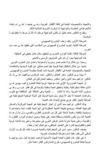 ‫ﻭﺍﻟﺸﻌﺒﻴﺔ ﻭﺍﻟﺸﺨﺼﻴﺎﺕ ﺍﻟﻌﺎﻤﺔ ﻓﻰ ﻜﺎﻓﺔ ﺍﻷﻗﻁﺎﺭ ﺍﻟﻌﺭﺒﻴﺔ، ﻭﻫـﻰ ﺠﻤﻴﻌـﺎ ﻋﻠـﻰ ﺍﺴـﺘﻌﺩﺍﺩ‬
                 ‫ﹰ‬
                      ‫ﻟﻸﻨﺨﺭﺍﻁ ﻓﻰ ﺍﻟﻤﻘﺎﻭﻤﺔ ﻭﺍﻟﻤﻭﺍﺠﻬﺔ ﺇﺫﺍ ﺘﻭﻓﺭﺕ ﺍﻟﺸﺭﻭﻁ ﺍﻟﻤﻼﺌﻤﺔ ﻟﺫﻟﻙ.‬
‫ﻭﻴﻘﺘﺭﺡ ﺍﻟﺩﻜﺘﻭﺭ ﺤﺎﻤﺩ ﺨﻠﻴل ﺃﻥ ﺘﻜﻭﻥ ﺍﻟﻤﻭﺍﺠﻬﺔ ﻤﺭﺤﻠﻴـﺔ، ﻟﻜـل ﻤﺭﺤﻠـﺔ ﺨﻁﻭﺍﺘﻬـﺎ‬
                                                                              ‫ﺍﻟﻤﻼﺌﻤﺔ:‬
                                  ‫ﺍﻟﻤﺭﺤﻠﺔ ﺍﻷﻭﻟﻰ: ﻭﻗﻑ ﺯﺤﻑ ﺍﻟﻤﺸﺭﻭﻉ ﺍﻟﺼﻬﻴﻭﻨﻰ‬
‫ﺍﻟﻤﺭﺤﻠﺔ ﺍﻟﺜﺎﻨﻴﺔ: ﺘﺠﺭﻴﺩ ﺍﻟﻤﺸﺭﻭﻉ ﺍﻟﺼﻬﻴﻭﻨﻰ ﻤﻥ ﺍﻟﻤﻜﺎﺴﺏ ﺍﻟﺘﻰ ﺤﻘﻘﻬﺎ ﻋﻠـﻰ ﺤﺴـﺎﺏ‬
                                                                               ‫ﺍﻟﻌﺭﺏ.‬
     ‫ﺍﻟﻤﺭﺤﻠﺔ ﺍﻟﺜﺎﻟﺜﺔ: ﺇﻗﺎﻤﺔ ﺍﻟﺘﻭﺍﺯﻥ ﺍﻟﻀﺭﻭﺭﻯ ﻟﺘﺤﻘﻴﻕ ﺴﻼﻡ ﻋﺎﺩل ﺤﻘﻴﻘﻰ ﻓﻰ ﺍﻟﻤﻨﻁﻘﺔ.‬
                         ‫ﻫﺫﻩ ﺍﻟﻤﻭﺍﺠﻬﺔ ﻴﺠﺏ ﺃﻥ ﺘﺘﻡ ﻋﻠﻰ ﺍﻟﻤﺴﺘﻭﻴﻴﻥ ﺍﻟﺭﺴﻤﻰ ﻭﺍﻟﺸﻌﺒﻰ‬
 ‫ﺭﺴﻤﻴﺎ: ﻤﻥ ﺨﻼل ﻨﻭﺍﺓ ﺘﻀﻡ ﻤﺼﺭ ﻭﺴﻭﺭﻴﺎ ﻭﺍﻟﺴﻌﻭﺩﻴﺔ ﻭﺍﺤﺩﻯ ﺩﻭل ﺍﻟﻤﻐﺭﺏ ﺍﻟﻌﺭﺒﻰ.‬
‫ﺸﻌﺒﻴﺎ: ﻤﻥ ﺨﻼل ﺘﺸﻜﻴﻜل ﻟﺠﻨﺔ ﻗﻭﻤﻴﺔ ﻋﻠﻴﺎ ﺘﻀﻡ ﻤﻤﺜﻠﻴﻥ ﻋﻥ ﺍﻟﻘﻭﺓ ﺍﻟﺴﻴﺎﺴﻴﺔ ﻭﺍﻟﻤﻨﻅﻤﺎﺕ‬ ‫ﹰ‬
‫ﺍﻟﺸﻌﺒﻴﺔ ﻭﺍﻟﺸﺨﺼﻴﺎﺕ ﺍﻟﻌﺎﻤﺔ ﻓﻰ ﺍﻷﻗﻁﺎﺭ ﺍﻟﻌﺭﺒﻴﺔ ﺫﺍﺕ ﺍﻟﺼﻠﺔ ﺒﻤﻘﺎﻭﻤﺔ ﺍﻟﻤﺸﺭﻭﻉ ﺍﻟﺼﻬﻴﻭﻨﻰ.‬
‫٣-ﺒﻴﻨﻤﺎ ﻴﺭﻯ ﺍﻟﺩﻜﺘﻭﺭ ﻤﺎﻫﺭ ﺍﻟﻁﺎﻫﺭ ﻭﺍﻟﺩﻜﺘﻭﺭ ﺃﺤﻤﺩ ﺍﻟﺒﺭﻗﺎﻭﻯ ﻭﻴﻭﺍﻓﻘﻬﻤﺎ ﻋﻠـﻰ ﺫﻟـﻙ‬
                 ‫ﺍﻟﺩﻜﺘﻭﺭ ﺍﺒﺭﺍﻫﻴﻡ ﺴﻌﺩ ﺍﻟﺩﻴﻥ ﻭﺃﻤﻴﻥ ﺍﺴﻜﻨﺩﺭ ﻭﻤﻌﻅﻡ ﺍﻟﻤﺸﺎﺭﻜﻴﻥ ﻓﻰ ﺍﻟﻨﻘﺎﺵ:‬
‫ﺃﻥ ﺍﻟﻤﻬﻤﺔ ﺍﻟﻀﺭﻭﺭﻴﺔ ﺍﻷﻭﻟﻰ ﻟﺒﺩﺀ ﻤﻭﺍﺠﻬﺔ ﻋﺭﺒﻴﺔ ﻓﻌﺎﻟﺔ ﻟﻠﻤﺸﺭﻭﻉ ﺍﻟﺼـﻬﻴﻭﻨﻰ ﻫـﻰ‬
‫ﺍﻨﺘﺎﺝ ﺴﻠﻁﺔ ﺩﻴﻤﻘﺭﺍﻁﻴﺔ ﻭﻁﻨﻴﺔ ﻭﺘﺤﻘﻴﻕ ﺘﻨﻤﻴﺔ ﻭﻁﻨﻴﺔ ﻭﻗﻭﻤﻴﺔ ﻓﻰ ﻜل ﻗﻁﺭ ﻋﺭﺒـﻰ ﻭﻋﻠـﻰ‬
‫ﻤﺴﺘﻭﻯ ﺍﻷﻤﺔ ﺍﻟﻌﺭﺒﻴﺔ. ﻭﺃﻨﻪ ﺇﺫﺍ ﻜﺎﻨﺕ .... ﺍﻟﺘﺒﻌﻴﺔ ﻭﻫﻰ ﺍﻟﻌﻼﻗﺔ ﻏﻴﺭ ﺍﻟﻤﺘﻜﺎﻓﺌﺔ ﻤﻊ ﺍﻟﻐﺭﺏ‬
‫ﻭﺍﻟﻭﻻﻴﺎﺕ ﺍﻟﻤﺘﺤﺩﺓ ﻻ ﺘﺤل ﺍﻻ ﺒﺘﻭﻓﺭ ﺴﺒل ﺘﻨﻤﻴﺔ ﻗﻭﻤﻴﺔ، ﻓﺈﻥ ﺍﻟﺩﻭﻟﺔ ﺍﻟﻭﻁﻨﻴﺔ ﺍﻟﺩﻴﻤﻘﺭﺍﻁﻴﺔ ﻫﻰ‬
                                   ‫ﺍﻟﻤﺅﻫﻠﺔ ﻹﻨﺠﺎﺯ ﺘﻜﺘل ﻋﺭﺒﻰ ﺠﺎﻤﻊ ﻹﺤﺩﺍﺙ ﻫﺫﻩ ﺍﻟﺘﻨﻤﻴﺔ.‬
‫ﻴﺅﻜﺩ ﺍﻟﺩﻜﺘﻭﺭ ﺍﺒﺭﺍﻫﻴﻡ ﺴﻌﺩ ﺍﻟﺩﻴﻥ ﺃﻥ ﺍﻨﺠﺎﺯ ﺍﻟﺩﻴﻤﻘﺭﺍﻁﻴﺔ ﻫﻭ ﺍﻟﻤﻬﻤﺔ ﺍﻟﻤﺭﻜﺯﻴﺔ ﻭﺍﻟﻤﺩﺨل‬
‫ﻟﻠﻤﻭﺍﺠﻬﺔ ﺍﻟﻔﻌﺎﻟﺔ، ﻭﻴﻭﻀﺢ ﻁﺒﻴﻌﺔ ﺍﻟﺘﻨﻤﻴﺔ ﺍﻟﻤﻁﻠﻭﺒﺔ ﻓﻰ ﺃﻨﻬﺎ ﺘﻨﻤﻴﺔ ﺍﻗﺘﺼـﺎﺩﻴﺔ ﻭﺍﺠﺘﻤﺎﻋﻴـﺔ‬
‫ﻭﺴﻴﺎﺴﻴﺔ ﻭﺜﻘﺎﻓﻴﺔ ﻭﻋﻠﻤﻴﺔ ﺸﺎﻤﻠﺔ ﻋﻠﻰ ﻜل ﻤﻥ ﺍﻟﻤﺴﺘﻭﻯ ﺍﻟﻔﻜﺭﻯ ﻭﺍﻟﻘﻭﻤﻰ، ﻭﺃﻥ ﻤﺜـل ﻫـﺫﻩ‬
‫ﺍﻟﺘﻨﻤﻴﺔ ﻻﺒﺩ ﻭﺃﻥ ﺘﻜﻭﻥ ﺘﻜﺎﻤﻠﻴﺔ ﻭﻤﺴﺘﻘﻠﺔ ﺘﻌﺘﻤﺩ ﻋﻠﻰ ﺘﻌﺒﺌﺔ ﻭﺤﺴﻥ ﺍﺴﺘﺨﺩﺍﻡ ﺍﻟﻤﻭﺍﺭﺩ ﺍﻟﻘﻁﺭﻴـﺔ‬
‫ﻭﺍﻟﻘﻭﻤﻴﺔ، ﻭﻋﻠﻰ ﺘﻨﻤﻴﺔ ﺒﺸﺭﻴﺔ ﺘﺸﻤل ﺍﻟﻭﻁﻥ ﺍﻟﻌﺭﺒﻰ ﻓﻰ ﻤﺠﻤﻭﻋﺔ، ﻭﻋﻠﻰ ﺒﻨﺎﺀ ﻗﺎﻋﺩﺓ ﻋﺭﺒﻴﺔ‬
                   ‫ﻟﻠﻌﻠﻡ ﻭﺍﻟﺘﻜﻨﻭﻟﻭﺠﻴﺎ ﻗﺎﺩﺭﺓ ﻋﻠﻰ ﺍﻟﺘﻌﺎﻤل ﺍﻟﻤﺘﻜﺎﻓﻰﺀ ﻤﻊ ﺍﻟﻌﺎﻟﻡ ﺃﺨﺫﺍ ﻭﻋﻁﺎﺀ.‬
                            ‫ﹰ‬
‫ﻴﻀﻴﻑ ﺍﻟﺩﻜﺘﻭﺭ ﺴﻤﻴﺭ ﺃﻤﻴﻥ ﺇﻟﻰ ﺍﻟﺩﻴﻤﻘﺭﺍﻁﻴﺔ ﻭﺍﻟﺘﻨﻤﻴﺔ ﻀﺭﻭﺭﺓ ﺇﻟﻐﺎﺀ ﻜل ﻗﻴـﻭﺩ ﺍﻹﺭﺙ‬
                                 ‫ﺍﻟﺴﻠﻔﻰ ﺍﻟﺘﻰ ﺘﻘﻑ ﻋﻘﺒﺔ ﺃﻤﺎﻡ ﺩﻤﻘﺭﻁﺔ ﺍﻟﻤﺠﺘﻤﻌﺎﺕ ﺍﻟﻌﺭﺒﻴﺔ.‬
‫٤-ﻓﻰ ﺇﻁﺎﺭ ﻫﺫﻩ ﺍﻟﻨﻅﺭﺓ ﺍﻟﻌﺎﻤﺔ ﻟﻠﻤﻬﺎﻡ ﺍﻷﺴﺎﺴﻴﺔ ﺍﻟﻭﺍﺠﺏ ﺍﻨﺠﺎﺯﻫﺎ ﻟﻀـﻤﺎﻥ ﻤﻭﺍﺠﻬـﺔ‬
                    ‫ﻋﺭﺒﻴﺔ ﻓﻌﺎﻟﺔ ﻟﻠﻤﺸﺭﻭﻉ ﺍﻟﺼﻬﻴﻭﻨﻰ، ﻁﺭﺡ ﺍﻟﻤﺸﺎﺭﻜﻭﻥ ﺃﻓﻜﺎﺭﺍ ﻫﺎﻤﺔ ﻤﺜل:‬
                               ‫ﹰ‬
 