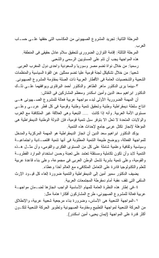 ‫ﺍﻟﻤﺭﺤﻠﺔ ﺍﻟﺜﺎﻨﻴﺔ: ﺘﺠﺭﻴﺩ ﺍﻟﻤﺸﺭﻭﻉ ﺍﻟﺼﻬﻴﻭﻨﻰ ﻤﻥ ﺍﻟﻤﻜﺎﺴﺏ ﺍﻟﺘﻰ ﺤﻘﻘﻬﺎ ﻋﻠـﻰ ﺤﺴـﺎﺏ‬
                                                                              ‫ﺍﻟﻌﺭﺏ.‬
    ‫ﺍﻟﻤﺭﺤﻠﺔ ﺍﻟﺜﺎﻟﺜﺔ: ﺇﻗﺎﻤﺔ ﺍﻟﺘﻭﺍﺯﻥ ﺍﻟﻀﺭﻭﺭﻯ ﻟﺘﺤﻘﻴﻕ ﺴﻼﻡ ﻋﺎﺩل ﺤﻘﻴﻘﻰ ﻓﻰ ﺍﻟﻤﻨﻁﻘﺔ.‬
                        ‫ﻫﺫﻩ ﺍﻟﻤﻭﺍﺠﻬﺔ ﻴﺠﺏ ﺃﻥ ﺘﺘﻡ ﻋﻠﻰ ﺍﻟﻤﺴﺘﻭﻴﻴﻥ ﺍﻟﺭﺴﻤﻰ ﻭﺍﻟﺸﻌﺒﻰ‬
 ‫ﺭﺴﻤﻴﺎ: ﻤﻥ ﺨﻼل ﻨﻭﺍﺓ ﺘﻀﻡ ﻤﺼﺭ ﻭﺴﻭﺭﻴﺎ ﻭﺍﻟﺴﻌﻭﺩﻴﺔ ﻭﺍﺤﺩﻯ ﺩﻭل ﺍﻟﻤﻐﺭﺏ ﺍﻟﻌﺭﺒﻰ.‬
‫ﺸﻌﺒﻴﺎ: ﻤﻥ ﺨﻼل ﺘﺸﻜﻴﻜل ﻟﺠﻨﺔ ﻗﻭﻤﻴﺔ ﻋﻠﻴﺎ ﺘﻀﻡ ﻤﻤﺜﻠﻴﻥ ﻋﻥ ﺍﻟﻘﻭﺓ ﺍﻟﺴﻴﺎﺴﻴﺔ ﻭﺍﻟﻤﻨﻅﻤﺎﺕ‬‫ﹰ‬
‫ﺍﻟﺸﻌﺒﻴﺔ ﻭﺍﻟﺸﺨﺼﻴﺎﺕ ﺍﻟﻌﺎﻤﺔ ﻓﻰ ﺍﻷﻗﻁﺎﺭ ﺍﻟﻌﺭﺒﻴﺔ ﺫﺍﺕ ﺍﻟﺼﻠﺔ ﺒﻤﻘﺎﻭﻤﺔ ﺍﻟﻤﺸﺭﻭﻉ ﺍﻟﺼﻬﻴﻭﻨﻰ.‬
‫٣-ﺒﻴﻨﻤﺎ ﻴﺭﻯ ﺍﻟﺩﻜﺘﻭﺭ ﻤﺎﻫﺭ ﺍﻟﻁﺎﻫﺭ ﻭﺍﻟﺩﻜﺘﻭﺭ ﺃﺤﻤﺩ ﺍﻟﺒﺭﻗﺎﻭﻯ ﻭﻴﻭﺍﻓﻘﻬﻤﺎ ﻋﻠـﻰ ﺫﻟـﻙ‬
                 ‫ﺍﻟﺩﻜﺘﻭﺭ ﺍﺒﺭﺍﻫﻴﻡ ﺴﻌﺩ ﺍﻟﺩﻴﻥ ﻭﺃﻤﻴﻥ ﺍﺴﻜﻨﺩﺭ ﻭﻤﻌﻅﻡ ﺍﻟﻤﺸﺎﺭﻜﻴﻥ ﻓﻰ ﺍﻟﻨﻘﺎﺵ:‬
‫ﺃﻥ ﺍﻟﻤﻬﻤﺔ ﺍﻟﻀﺭﻭﺭﻴﺔ ﺍﻷﻭﻟﻰ ﻟﺒﺩﺀ ﻤﻭﺍﺠﻬﺔ ﻋﺭﺒﻴﺔ ﻓﻌﺎﻟﺔ ﻟﻠﻤﺸﺭﻭﻉ ﺍﻟﺼـﻬﻴﻭﻨﻰ ﻫـﻰ‬
‫ﺍﻨﺘﺎﺝ ﺴﻠﻁﺔ ﺩﻴﻤﻘﺭﺍﻁﻴﺔ ﻭﻁﻨﻴﺔ ﻭﺘﺤﻘﻴﻕ ﺘﻨﻤﻴﺔ ﻭﻁﻨﻴﺔ ﻭﻗﻭﻤﻴﺔ ﻓﻰ ﻜل ﻗﻁﺭ ﻋﺭﺒـﻰ ﻭﻋﻠـﻰ‬
‫ﻤﺴﺘﻭﻯ ﺍﻷﻤﺔ ﺍﻟﻌﺭﺒﻴﺔ. ﻭﺃﻨﻪ ﺇﺫﺍ ﻜﺎﻨﺕ .... ﺍﻟﺘﺒﻌﻴﺔ ﻭﻫﻰ ﺍﻟﻌﻼﻗﺔ ﻏﻴﺭ ﺍﻟﻤﺘﻜﺎﻓﺌﺔ ﻤﻊ ﺍﻟﻐﺭﺏ‬
‫ﻭﺍﻟﻭﻻﻴﺎﺕ ﺍﻟﻤﺘﺤﺩﺓ ﻻ ﺘﺤل ﺍﻻ ﺒﺘﻭﻓﺭ ﺴﺒل ﺘﻨﻤﻴﺔ ﻗﻭﻤﻴﺔ، ﻓﺈﻥ ﺍﻟﺩﻭﻟﺔ ﺍﻟﻭﻁﻨﻴﺔ ﺍﻟﺩﻴﻤﻘﺭﺍﻁﻴﺔ ﻫﻰ‬
                                  ‫ﺍﻟﻤﺅﻫﻠﺔ ﻹﻨﺠﺎﺯ ﺘﻜﺘل ﻋﺭﺒﻰ ﺠﺎﻤﻊ ﻹﺤﺩﺍﺙ ﻫﺫﻩ ﺍﻟﺘﻨﻤﻴﺔ.‬
‫ﻴﺅﻜﺩ ﺍﻟﺩﻜﺘﻭﺭ ﺍﺒﺭﺍﻫﻴﻡ ﺴﻌﺩ ﺍﻟﺩﻴﻥ ﺃﻥ ﺍﻨﺠﺎﺯ ﺍﻟﺩﻴﻤﻘﺭﺍﻁﻴﺔ ﻫﻭ ﺍﻟﻤﻬﻤﺔ ﺍﻟﻤﺭﻜﺯﻴﺔ ﻭﺍﻟﻤﺩﺨل‬
‫ﻟﻠﻤﻭﺍﺠﻬﺔ ﺍﻟﻔﻌﺎﻟﺔ، ﻭﻴﻭﻀﺢ ﻁﺒﻴﻌﺔ ﺍﻟﺘﻨﻤﻴﺔ ﺍﻟﻤﻁﻠﻭﺒﺔ ﻓﻰ ﺃﻨﻬﺎ ﺘﻨﻤﻴﺔ ﺍﻗﺘﺼـﺎﺩﻴﺔ ﻭﺍﺠﺘﻤﺎﻋﻴـﺔ‬
‫ﻭﺴﻴﺎﺴﻴﺔ ﻭﺜﻘﺎﻓﻴﺔ ﻭﻋﻠﻤﻴﺔ ﺸﺎﻤﻠﺔ ﻋﻠﻰ ﻜل ﻤﻥ ﺍﻟﻤﺴﺘﻭﻯ ﺍﻟﻔﻜﺭﻯ ﻭﺍﻟﻘﻭﻤﻰ، ﻭﺃﻥ ﻤﺜـل ﻫـﺫﻩ‬
‫ﺍﻟﺘﻨﻤﻴﺔ ﻻﺒﺩ ﻭﺃﻥ ﺘﻜﻭﻥ ﺘﻜﺎﻤﻠﻴﺔ ﻭﻤﺴﺘﻘﻠﺔ ﺘﻌﺘﻤﺩ ﻋﻠﻰ ﺘﻌﺒﺌﺔ ﻭﺤﺴﻥ ﺍﺴﺘﺨﺩﺍﻡ ﺍﻟﻤﻭﺍﺭﺩ ﺍﻟﻘﻁﺭﻴـﺔ‬
‫ﻭﺍﻟﻘﻭﻤﻴﺔ، ﻭﻋﻠﻰ ﺘﻨﻤﻴﺔ ﺒﺸﺭﻴﺔ ﺘﺸﻤل ﺍﻟﻭﻁﻥ ﺍﻟﻌﺭﺒﻰ ﻓﻰ ﻤﺠﻤﻭﻋﺔ، ﻭﻋﻠﻰ ﺒﻨﺎﺀ ﻗﺎﻋﺩﺓ ﻋﺭﺒﻴﺔ‬
                  ‫ﻟﻠﻌﻠﻡ ﻭﺍﻟﺘﻜﻨﻭﻟﻭﺠﻴﺎ ﻗﺎﺩﺭﺓ ﻋﻠﻰ ﺍﻟﺘﻌﺎﻤل ﺍﻟﻤﺘﻜﺎﻓﻰﺀ ﻤﻊ ﺍﻟﻌﺎﻟﻡ ﺃﺨﺫﺍ ﻭﻋﻁﺎﺀ.‬
                          ‫ﹰ‬
‫ﻴﻀﻴﻑ ﺍﻟﺩﻜﺘﻭﺭ ﺴﻤﻴﺭ ﺃﻤﻴﻥ ﺇﻟﻰ ﺍﻟﺩﻴﻤﻘﺭﺍﻁﻴﺔ ﻭﺍﻟﺘﻨﻤﻴﺔ ﻀﺭﻭﺭﺓ ﺇﻟﻐﺎﺀ ﻜل ﻗﻴـﻭﺩ ﺍﻹﺭﺙ‬
                                ‫ﺍﻟﺴﻠﻔﻰ ﺍﻟﺘﻰ ﺘﻘﻑ ﻋﻘﺒﺔ ﺃﻤﺎﻡ ﺩﻤﻘﺭﻁﺔ ﺍﻟﻤﺠﺘﻤﻌﺎﺕ ﺍﻟﻌﺭﺒﻴﺔ.‬
‫٤-ﻓﻰ ﺇﻁﺎﺭ ﻫﺫﻩ ﺍﻟﻨﻅﺭﺓ ﺍﻟﻌﺎﻤﺔ ﻟﻠﻤﻬﺎﻡ ﺍﻷﺴﺎﺴﻴﺔ ﺍﻟﻭﺍﺠﺏ ﺍﻨﺠﺎﺯﻫﺎ ﻟﻀـﻤﺎﻥ ﻤﻭﺍﺠﻬـﺔ‬
                   ‫ﻋﺭﺒﻴﺔ ﻓﻌﺎﻟﺔ ﻟﻠﻤﺸﺭﻭﻉ ﺍﻟﺼﻬﻴﻭﻨﻰ، ﻁﺭﺡ ﺍﻟﻤﺸﺎﺭﻜﻭﻥ ﺃﻓﻜﺎﺭﺍ ﻫﺎﻤﺔ ﻤﺜل:‬
                              ‫ﹰ‬
‫١-ﺍﻟﻤﻭﺍﺠﻬﺔ ﺍﻟﺸﻌﺒﻴﺔ ﻫﻰ ﺍﻷﺴﺎﺱ، ﻭﻀﺭﻭﺭﺓ ﺒﻨﺎﺀ ﻤﺭﺠﻌﻴﺔ ﺸﻌﺒﻴﺔ ﻋﺭﺒﻴﺔ، ﻭﺍﻹﻨﻁﻼﻕ‬
‫ﻤﻥ ﺍﻟﺤﺭﻜﺔ ﺍﻟﺸﻌﺒﻴﺔ ﻟﻤﻭﺍﺠﻬﺔ ﺍﻟﺘﻁﺒﻴﻊ ﻭﻤﻘﺎﻭﻤﺔ ﺍﻟﺼﻬﻴﻭﻨﻴﺔ ﻭﺘﻁﻭﻴﺭ ﺍﻟﺤﺭﻜﺔ ﺍﻟﺸﻌﺒﻴﺔ ﻟﺘﻜـﻭﻥ‬
                                  ‫ﺃﻜﺜﺭ ﻗﺩﺭﺓ ﻋﻠﻰ ﺍﻟﻤﻭﺍﺠﻬﺔ )ﺍﻴﻤﺎﻥ ﻴﺤﻴﻰ، ﺃﻤﻴﻥ ﺍﺴﻜﻨﺩﺭ(.‬
 