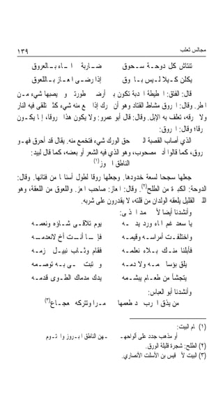 ‫٩٣١‬                                                                   ‫ﻣﺠﺎﻟﺲ ﺛﻌﻠﺐ‬

      ‫ـﺎﺭﺑﺔ ﰲ ـﺎﺀ ـﺎﻟﻌﺮﻭﻕ‬
            ‫ﺍﳌـ ﺑـ‬      ‫ﺿـ‬                 ‫ﺗﻨﺘﺎﺵ ﻛﻞ ﺩﻭﺣـﺔ ﺳـﺤﻮﻕ‬
      ‫ﺇﺫﺍ ﺭﺿ ـﻰ ﺍﳌﻌ ـﺎﺯ ﺑ ـﺎﻟﻠﻌﻮﻕ‬
            ‫ـ ـ ـ‬                          ‫ﻳﻜﻠﻦ ﻛـﻴﻼ ﻟـﻴﺲ ﺑـﺎﶈﻮﻕ‬
                                                       ‫ﹰ‬
‫ﻗﺎﻝ: ﺍﻟﻔﺘﻖ: ﺍﳋﻄﻴﻄﺔ ﺍ‪‬ﺪﺑﺔ ﺗﻜﻮﻥ ﺑﲔ ﺃﺭﺿﲔ ﳑﻄﻮﺭﺗﲔ ﻭﱂ ﻳﺼﺒﻬﺎ ﺷﻲﺀ ﻣـﻦ‬
‫ﺍﳌﻄﺮ. ﻭﻗﺎﻝ: ﺍﶈﺮﻭﻕ ﻣﺸﺎﻁ ﺍﻟﻘﺘﺎﺩ ﻭﻫﻮ ﺃﻥ ﳛﺮﻙ ﺇﺫﺍ ﲨﻊ ﻣﻨﻪ ﺷﻲﺀ ﻛﺜﲑ ﺗﻠﻘﻰ ﻓﻴﻪ ﺍﻟﻨﺎﺭ‬
‫ﻭﻻ ﲢﺮﻗﻪ، ﺗﻌﻠﻒ ﺑﻪ ﺍﻹﺑﻞ. ﻭﻗﺎﻝ: ﻗﺎﻝ ﺃﺑﻮ ﻋﻤﺮﻭ: ﻭﻻ ﻳﻜﻮﻥ ﻫﺬﺍ ﳏﺮﻭﻗﺎﹰ، ﺇﳕﺎ ﻳﻜـﻮﻥ‬
                                                        ‫ﳏﺮﻗﺎﹰ؛ ﻭﻗﺎﻝ: ﺍﶈﺮﻭﻕ:‬
‫ﺍﻟﺬﻱ ﺃﺻﺎﺏ ﺍﻟﻘﺼﺒﺔ ﺍﻟﱵ ﰲ ﺣﻖ ﺍﻟﻮﺭﻙ ﺷﻲﺀ ﻓﺘﺨﻤﻊ ﻣﻨﻪ. ﻳﻘﺎﻝ ﻗﺪ ﺃﺣﺮﻕ ﻓﻬـﻮ‬
       ‫ﳏﺮﻭﻕ، ﻛﻤﺎ ﻗﺎﻟﻮﺍ ﺃﺩﱘ ﻣﺼﺤﻮﺏ، ﻭﻫﻮ ﺍﻟﺬﻱ ﻓﻴﻪ ﺍﻟﺸﻌﺮ ﺃﻭ ﺑﻌﻀﻪ، ﻛﻤﺎ ﻗﺎﻝ ﻟﺒﻴﺪ:‬
                                 ‫)١(‬
                                     ‫ﺍﻟﻨﺎﻃﻖ ﺍﳌﱪﻭﺯ‬
‫ﺟﻌﻠﻬﺎ ﺳﺠﺤ‪‬ﺎ ﻟﺴﻌﺔ ﺧﺪﻭﺩﻫﺎ. ﻭﺟﻌﻠﻬﺎ ﺭﻭﻗﹰﺎ ﻟﻄﻮﻝ ﺃﺳﻨﺎ‪‬ﺎ ﻣﻦ ﻓﺘﺎﺋﻬﺎ. ﻭﻗﺎﻝ:‬
‫ﺍﻟﺪﻭﺣﺔ: ﺍﻟﻜﺒﲑﺓ ﻣﻦ ﺍﻟﻄﻠﺢ)٢(. ﻭﻗﺎﻝ: ﺍﳌﻌﺎﺯ: ﺻﺎﺣﺐ ﺍﳌﻌﺰ. ﻭﺍﻟﻠﻌﻮﻕ ﻣﻦ ﺍﻟﻠﻌﻘﺔ، ﻭﻫﻮ‬
                         ‫ﺍﻟﻠﱭ ﺍﻟﻘﻠﻴﻞ ﻳﻠﻌﻘﻪ ﺍﻟﻮﻟﺪﺍﻥ ﻣﻦ ﻗﻠﺘﻪ، ﻻ ﻳﻘﺪﺭﻭﻥ ﻋﻠﻰ ﺷﺮﺑﻪ.‬
                                         ‫ﻭﺃﻧﺸﺪﻧﺎ ﺃﻳﻀﺎ ﻷﰊ ﳏﻤﺪ ﺍﳊﺬﳌﻰ:‬
                                                         ‫ﹰ‬
      ‫ﻳﻮﻡ ﺗﻼﻗـﻰ ﺷـﺎﺅﻩ ﻭﻧﻌﻤـﻪ‬              ‫ﻳﺎ ﺳﻌﺪ ﻏﻢ ﺍﳌﺎﺀ ﻭﺭﺩ ﻳﺪﳘـﻪ‬
      ‫ـﻪ‬
       ‫ـﺎ ـﺖ ﺃﺥ ﻻﻧﻌﺪﻣـ‬
                  ‫ﻓﺈﳕـ ﺃﻧـ‬                 ‫ﻭﺍﺧﺘﻠﻔـﺖ ﺃﻣﺮﺍﺳـﻪ ﻭﻗﻴﻤـﻪ‬
                                            ‫ـ‬      ‫ـ‬       ‫ـ‬
      ‫ﻓﻘﺎﻡ ﻭﺛـﺎﺏ ﻧﺒﻴـﻞ ﳏﺰﻣـﻪ‬               ‫ﻓﺄﺑﻠﻨﺎ ﻣﻨـﻚ ﺑـﻼﺀ ﻧﻌﻠﻤـﻪ‬
      ‫ﻭﱂ ﺗﺒﺖ ﲪـﻰ ﺑـﻪ ﺗﻮﺻـﻤﻪ‬                ‫ﱂ ﻳﻠﻖ ﺑﺆﺳﺎ ﳊﻤـﻪ ﻭﻻ ﺩﻣـﻪ‬
                                                        ‫ﹰ‬
      ‫ﻳﺪﻙ ﻣﺪﻣﺎﻙ ﺍﻟﻄـﻮﻯ ﻗﺪﻣـﻪ‬               ‫ﱂ ﻳﺘﺠﺸﺄ ﻣﻦ ﻃﻌـﺎﻡ ﻳﺒﺸـﻤﻪ‬
                                                   ‫ﻭﺃﻧﺸﺪﻧﺎ ﺃﺑﻮ ﺍﻟﻌﺒﺎﺱ:‬
           ‫)٣(‬
                 ‫ﻣـﺮﹰﺍ ﻭﺗﺘﺮﻛﻪ ﲜﻌﺠـﺎﻉ‬     ‫ﻣﻦ ﻳﺬﻕ ﺍﳊﺮﺏ ﳚﺪ ﻃﻌﻤﻬﺎ‬

                                                                     ‫)١( ﲤﺎﻡ ﺍﻟﺒﻴﺖ:‬
           ‫ـﻬﻦ ﺍﻟﻨﺎﻃﻖ ﺍﳌﺒـﺮﻭﺯ ﻭﺍﶈﺘـﻮﻡ‬     ‫ﺃﻭ ﻣﺬﻫﺐ ﺟﺪﺩ ﻋﻠﻰ ﺃﻟﻮﺍﺣﻬـ‬
                                                     ‫)٢( ﺍﻟﻄﻠﺢ: ﺷﺠﺮﺓ ﻗﻠﻴﻠﺔ ﺍﻟﻮﺭﻕ.‬
                                          ‫)٣( ﺍﻟﺒﻴﺖ ﻷﰊ ﻗﻴﺲ ﺑﻦ ﺍﻷﺳﻠﺖ ﺍﻷﻧﺼﺎﺭﻱ.‬
 