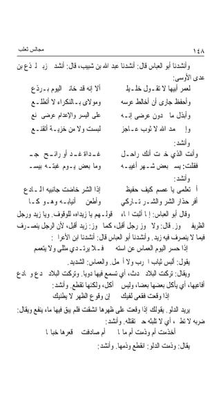 ‫ﻣﺠﺎﻟﺲ ﺛﻌﻠﺐ‬                                                               ‫٨٤١‬
‫ﻭﺃﻧﺸﺪﻧﺎ ﺃﺑﻮ ﺍﻟﻌﺒﺎﺱ ﻗﺎﻝ: ﺃﻧﺸﺪﻧﺎ ﻋﺒﺪ ﺍﷲ ﺑﻦ ﺷﺒﻴﺐ، ﻗﺎﻝ: ﺃﻧﺸﺪﱐ ﺯﺑﲑ ﻟﱪﺫﻉ ﺑﻦ‬
                                                              ‫ﻋﺪﻯ ﺍﻷﻭﺳﻰ:‬
     ‫ﺃﻻ ﺇﻧﻪ ﻗﺪ ﺧﺎﻧﲏ ﺍﻟﻴﻮﻡ ﺑـﺮﺫﻉ‬        ‫ﻟﻌﻤﺮ ﺃﺑﻴﻬﺎ ﻻ ﺗﻘـﻮﻝ ﺧﻠـﻴﻠﱵ‬
     ‫ﻭﻣﻮﻻﻯ ﺑـﺎﻟﻨﻜﺮﺍﺀ ﻻ ﺃﺗﻄﻠـﻊ‬             ‫ﻭﺃﺣﻔﻆ ﺟﺎﺭﻯ ﺃﻥ ﺃﺧﺎﻟﻂ ﻋﺮﺳﻪ‬
     ‫ﻋﻠﻰ ﺍﻟﻴﺴﺮ ﻭﺍﻹﻋﺪﺍﻡ ﻋﺮﺿﻰ ﳑﻨﻊ‬           ‫ﻭﺃﺑﺬﻝ ﻣﺎﱄ ﺩﻭﻥ ﻋﺮﺿﻰ ﺇﻧـﻪ‬
     ‫ﻟﺒﺴﺖ ﻭﻻ ﻣﻦ ﺧﺰﻳـﺔ ﺃﺗﻘﻨـﻊ‬              ‫ﻭﺇﱐ ﲝﻤﺪ ﺍﷲ ﻻ ﺛﻮﺏ ﻋـﺎﺟﺰ‬
                                                                 ‫ﻭﺃﻧﺸﺪ:‬
  ‫ﻏ ـﺪﺍﺓ ﻏ ـﺪ ﺃﻭ ﺭﺍﺋ ـﺢ ‪‬ﺠ ـﲑ‬
   ‫ـ‬        ‫ـ‬        ‫ـ‬        ‫ـ‬           ‫ﻭﺃﻧﺖ ﺍﻟﺬﻱ ﺧﱪﺕ ﺃﻧﻚ ﺭﺍﺣـﻞ‬
  ‫ﻭﻣﺎ ﺑﻌﺾ ﻳـﻮﻡ ﻏﺒﺘـﻪ ﺑﻴﺴـﲑ‬                ‫ﻓﻘﻠﺖ: ﻳﺴﲑ ﺑﻌﺾ ﺷـﻬﺮ ﺃﻏﻴﺒـﻪ‬
                                                                 ‫ﻭﺃﻧﺸﺪ:‬
  ‫ﺇﺫﺍ ﺍﻟﺸﺮ ﺧﺎﺿﺖ ﺟﺎﻧﺒﻴﻪ ﺍﺠﻤﻟـﺎﺩﻉ‬           ‫ﺃﱂ ﺗﻌﻠﻤﻰ ﻳﺎ ﻋﺼﻢ ﻛﻴﻒ ﺣﻔﻴﻈﱴ‬
  ‫ﻭﺃﻃﻌﻦ ﰲ ﺃﻧﻴﺎﺑـﻪ ﻭﻫـﻮ ﻛـﺎﱀ‬               ‫ﺃﻓﺮ ﺣﺬﺍﺭ ﺍﻟﺸﺮ ﻭﺍﻟﺸـﺮ ﺗـﺎﺭﻛﻲ‬
‫ﻭﻗﺎﻝ ﺃﺑﻮ ﺍﻟﻌﺒﺎﺱ: ﺇﳕﺎ ﺃﺛﺒﺖ ﺍﳍﺎﺀ ﰲ ﻗﻮﻟـﻬﻢ ﻳﺎ ﺯﻳﺪﺍﻩ، ﻟﻠﻮﻗﻮﻑ. ﻭﻳﺎ ﺯﻳﺪ ﻭﺭﺟﻞ‬
‫ﺍﻟﻈﺮﻳﻔﲔ ﳚﻮﺯ. ﻗﺎﻝ: ﻭﻻ ﳚﻮﺯ ﺭﺟﻞ ﺃﻗﺒﻞ، ﻛﻤﺎ ﳚﻮﺯ: ﺯﻳﺪ ﺃﻗﺒﻞ، ﻷﻥ ﺍﻟﺮﺟﻞ ﻳﻨﺼـﺮﻑ‬
             ‫ﻓﻴﻤﺎ ﻻ ﻳﻨﺼﺮﻑ ﻓﻴﻪ ﺯﻳﺪ. ﻭﺃﻧﺸﺪﻧﺎ ﺃﺑﻮ ﺍﻟﻌﺒﺎﺱ ﻗﺎﻝ: ﺃﻧﺸﺪﻧﺎ ﺍﺑﻦ ﺍﻷﻋﺮﺍﰊ:‬
     ‫ﺇﺫﺍ ﺣﺴﺮ ﺍﻟﻴﻮﻡ ﺍﻟﻌﻤﺎﺱ ﻋﻦ ﺍﺳﺘﻪ ﻓـﻼ ﻳﺮﺗـﺪﻱ ﻣﺜﻠﻰ ﻭﻻ ﻳﺘﻌﻤﻢ‬
                 ‫ﻳﻘﻮﻝ: ﺃﻟﺒﺲ ﺛﻴﺎﺏ ﺍﳊﺮﺏ ﻭﻻ ﺃﲡﻤﻞ. ﻭﺍﻟﻌﻤﺎﺱ: ﺍﻟﺸﺪﻳﺪ.‬
‫ﻭﻳﻘﺎﻝ: ﺗﺮﻛﺖ ﺍﻟﺒﻼﺩ ﲢﺪﺙ، ﺃﻱ ﺗﺴﻤﻊ ﻓﻴﻬﺎ ﺩﻭﻳﺎ. ﻭﺗﺮﻛﺖ ﺍﻟﺒﻼﺩ ﲡﺪﻉ ﻭﲡﺎﺩﻉ‬
                       ‫ﹰ‬
           ‫ﺃﻓﺎﻋﻴﻬﺎ، ﺃﻱ ﻳﺄﻛﻞ ﺑﻌﻀﻬﺎ ﺑﻌﻀﺎﹰ، ﻭﻟﻴﺲ ﰒ ﺃﻛﻞ، ﻭﻟﻜﻨﻬﺎ ﺗﻘﻄﻊ. ﻭﺃﻧﺸﺪ:‬
           ‫ﺇﺫﺍ ﻭﻗﻌﺖ ﻓﻘﻌﻰ ﻟﻔﻴﻚ ﺇﻥ ﻭﻗﻮﻉ ﺍﻟﻈﻬﺮ ﻻ ﻳﻄﻨﻴﻚ‬
‫ﻳﺮﻳﺪ ﺍﻟﺪﻟﻮ. ﻳﻘﻮﻟﻚ ﺇﺫﺍ ﻭﻗﻌﺖ ﻋﻠﻰ ﻇﻬﺮﻫﺎ ﺍﻧﺸﻘﺖ ﻓﻠﻢ ﻳﺒﻖ ﻓﻴﻬﺎ ﻣﺎﺀ ﻳﻨﻔﻊ ﻭﻳﻘﺎﻝ:‬
                                     ‫ﺿﺮﺑﻪ ﻻ ﺗﻄﲎ، ﺃﻱ ﻻ ﺗﻠﺒﺜﻪ ﺣﱴ ﺗﻘﺘﻠﻪ. ﻭﺃﻧﺸﺪ:‬
            ‫ﺃﺧﺬﻣﺖ ﺃﻡ ﻭﺫﻣﺖ ﺃﻡ ﻣﺎﳍﺎ ﺃﻡ ﺻﺎﺩﻓﺖ ﰲ ﻗﻌﺮﻫﺎ ﺧﺒﺎﳍﺎ‬
                                 ‫ﻳﻘﺎﻝ: ﻭﺫﻣﺖ ﺍﻟﺪﻟﻮ: ﺍﻧﻘﻄﻊ ﻭﺫﻣﻬﺎ. ﻭﺃﻧﺸﺪ:‬
 