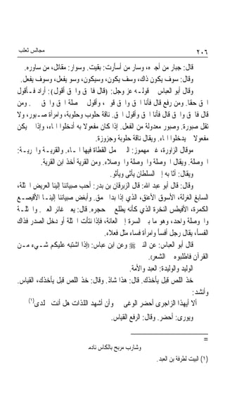 ‫ﻣﺠﺎﻟﺲ ﺛﻌﻠﺐ‬                                                                    ‫٦٠٢‬
   ‫ﻗﺎﻝ: ﺟﺒﺎﺭ ﻣﻦ ﺃﺟﱪﻩ، ﻭﺳﺎﺭ ﻣﻦ ﺃﺳﺄﺭﺕ: ﺑﻘﻴﺖ. ﻭﺳﻮﺍﺭ: ﻣﻘﺎﺗﻞ، ﻣﻦ ﺳﺎﻭﺭﻩ.‬
 ‫ﻭﻗﺎﻝ: ﺳﻮﻑ ﻳﻜﻮﻥ ﺫﺍﻙ، ﻭﺳﻒ ﻳﻜﻮﻥ، ﻭﺳﻴﻜﻮﻥ، ﻭﺳﻮ ﻳﻔﻌﻞ، ﻭﺳﻮﻑ ﻳﻔﻌﻞ.‬
‫ﻭﻗﺎﻝ ﺃﺑﻮ ﺍﻟﻌﺒﺎﺱ ﰲ ﻗﻮﻟـﻪ ﻋﺰ ﻭﺟﻞ: ﴿ﻗﺎﻝ ﻓﺎﳊﻖ ﻭﺍﳊﻖ ﺃﻗﻮﻝ﴾: ﺃﺭﺍﺩ ﻓـﺄﻗﻮﻝ‬
‫ﺍﳊﻖ ﺣﻘﺎ. ﻭﻣﻦ ﺭﻓﻊ ﻗﺎﻝ ﻓﺄﻧﺎ ﺍﳊﻖ ﻭﺍﳊﻖ ﻗﻮﱃ، ﻭﺃﻗﻮﻝ ﰲ ﺻﻠﺔ ﺍﳊﻖ ﻭﺍﳊﻖ ﳝﲔ. ﻭﻣﻦ‬      ‫ﹰ‬
‫ﻗﺎﻝ ﻓﺎﳊﻖ ﻭﺍﳊﻖ ﻗﺎﻝ ﻓﺄﻧﺎ ﺍﳊﻖ ﻭﺃﻗﻮﻝ ﺍﳊﻖ. ﻧﺎﻗﺔ ﺣﻠﻮﺏ ﻭﺣﻠﻮﺑﺔ، ﻭﺍﻣﺮﺃﺓ ﺻـﺒﻮﺭ، ﻭﻻ‬
‫ﺗﻘﻞ ﺻﺒﻮﺭﺓ. ﻭﺻﺒﻮﺭ ﻣﻌﺪﻭﻟﺔ ﻣﻦ ﺍﻟﻔﻌﻞ. ﺇﺫﺍ ﻛﺎﻥ ﻣﻔﻌﻮﻻ ﺑﻪ ﺃﺩﺧﻠﻮﺍ ﺍﳍﺎﺀ، ﻭﺇﺫﺍ ﱂ ﻳﻜﻦ‬
                             ‫ﹰ‬
                                 ‫ﻣﻔﻌﻮﻻ ﱂ ﻳﺪﺧﻠﻮﺍ ﺍﳍﺎﺀ. ﻭﻳﻘﺎﻝ ﻧﺎﻗﺔ ﺣﻠﻮﺑﺔ ﻭﺟﺰﻭﺯﺓ.‬‫ﹰ‬
‫ﻣﻮﻗﺎﻝ ﺍﻟﺰﺍﻭﺭﺓ، ﻏﲑ ﻣﻬﻤﻮﺯ: ﺍﻟﱵ ﲢﻤﻞ ﺍﻟﻘﻄﺎﺓ ﻓﻴﻬﺎ ﺍﳌـﺎﺀ. ﻭﺍﻟﻘﺮﻳـﺔ ﻭﺍﳉﺮﻳـﺔ:‬
         ‫ﺍﳊﻮﺻﻠﺔ. ﻭﻳﻘﺎﻝ ﺍﳊﻮﺻﻠﺔ ﻭﺍﳊﻮﺻﻠﺔ ﻭﺍﳊﻮﺻﻼﺀ. ﻭﻣﻦ ﺍﻟﻘﺮﻳﺔ ﺃﺧﺬ ﺍﺑﻦ ﺍﻟﻘﺮﻳﺔ.‬
                                       ‫ﻭﻳﻘﺎﻝ: ﺃﺛﺎ ﺑﻪ ﺇﱃ ﺍﻟﺴﻠﻄﺎﻥ ﻳﺄﺛﻰ ﻭﻳﺄﺛﻮ.‬
‫ﻭﻗﺎﻝ: ﻗﺎﻝ ﺃﺑﻮ ﻋﺒﺪ ﺍﷲ: ﻗﺎﻝ ﺍﻟﺰﺑﺮﻗﺎﻥ ﺑﻦ ﺑﺪﺭ: ﺃﺣﺐ ﺻﺒﻴﺎﻧﻨﺎ ﺇﻟﻴﻨﺎ ﺍﻟﻌﺮﻳﺾ ﺍﳋﺜﻠﺔ،‬
‫ﺍﻟﺴﺎﺑﻎ ﺍﻟﻐﺮﻟﺔ، ﺍﻷﺳﻮﻕ ﺍﻷﻋﻨﻖ، ﺍﻟﺬﻱ ﺇﺫﺍ ﺑﺪﺍ ﳛﻤﻖ. ﻭﺃﺑﻐﺾ ﺻﺒﻴﺎﻧﻨﺎ ﺇﻟﻴﻨـﺎ ﺍﻷﻗﻴﺼـﻊ‬
‫ﺍﻟﻜﻤﺮﺓ، ﺍﻷﻓﻴﻄﺲ ﺍﻟﻨﺨﺮﺓ ﺍﻟﺬﻱ ﻛﺄﻧﻪ ﻳﻄﻠﻊ ﰲ ﺣﺠﺮﻩ. ﻗﺎﻝ: ﻳﻌﲎ ﻏﺎﺋﺮ ﺍﻟﻌﲔ. ﻭﺍﳋﺜﻠـﺔ‬
‫ﻭﺍﳊﻮﺻﻠﺔ ﻭﺍﺣﺪ، ﻭﻫﻮ ﻣﺎ ﺑﲔ ﺍﻟﺴﺮﺓ ﺇﱃ ﺍﻟﻌﺎﻧﺔ، ﻓﺈﺫﺍ ﻧﺘﺄﺕ ﺍﳋﺜﻠﺔ ﺃﻭ ﺩﺧﻞ ﺍﻟﺼﺪﺭ ﻓﺬﺍﻙ‬
                                     ‫ﺍﻟﻔﺴﺄ، ﻳﻘﺎﻝ ﺭﺟﻞ ﺃﻓﺴﺄ ﻭﺍﻣﺮﺃﺓ ﻓﺴﺎﺀ ﻣﺜﻞ ﻓﻌﻼﺀ.‬
‫ﻗﺎﻝ ﺃﺑﻮ ﺍﻟﻌﺒﺎﺱ: ﻋﻦ ﺍﻟﻨﱯ ‪ ‬ﻭﻋﻦ ﺍﺑﻦ ﻋﺒﺎﺱ: ))ﺇﺫﺍ ﺍﺷﺘﺒﻪ ﻋﻠﻴﻜﻢ ﺷـﻲﺀ ﻣـﻦ‬
                                                       ‫ﺍﻟﻘﺮﺁﻥ ﻓﺎﻃﻠﺒﻮﻩ ﰲ ﺍﻟﺸﻌﺮ((.‬
                                                ‫ﺍﻟﻮﻟﻴﺪ ﻭﺍﻟﻮﻟﻴﺪﺓ: ﺍﻟﻌﺒﺪ ﻭﺍﻷﻣﺔ.‬
‫ﺧﺬ ﺍﻟﻠﺺ ﻗﺒﻞ ﻳﺄﺧﺬﻙ. ﻗﺎﻝ: ﻫﺬﺍ ﺷﺎﺫ. ﻭﻗﺎﻝ: ﺧﺬ ﺍﻟﻠﺺ ﻗﺒﻞ ﻳﺄﺧﺬﻙ، ﺍﻟﻘﻴﺎﺱ.‬
                                                                            ‫ﻭﺃﻧﺸﺪ:‬
     ‫)١(‬
        ‫ﺃﻻ ﺃﻳﻬﺬﺍ ﺍﻟﺰﺍﺟﺮﻯ ﺃﺣﻀﺮ ﺍﻟﻮﻏﻰ ﻭﺃﻥ ﺃﺷﻬﺪ ﺍﻟﻠﺬﺍﺕ ﻫﻞ ﺃﻧﺖ ﳐﻠﺪﻯ‬
                                        ‫ﻭﻳﻮﺭﻯ: ﺃﺣﻀﺮ. ﻭﻗﺎﻝ: ﺍﻟﺮﻓﻊ ﺍﻟﻘﻴﺎﺱ.‬

                                                                                 ‫=‬
                            ‫ﻭﺷﺎﺭﺏ ﻣﺮﺑﺢ ﺑﺎﻟﻜﺎﺱ ﻧﺎﺩﻣﲏ‬
                                                           ‫)١( ﺍﻟﺒﻴﺖ ﻟﻄﺮﻓﺔ ﺑﻦ ﺍﻟﻌﺒﺪ.‬
 