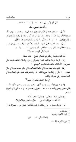 ‫ﻣﺠﺎﻟﺲ ﺛﻌﻠﺐ‬                                                              ‫٢٢٣‬
               ‫ﺣﱴ ﺇﺫﺍ ﻣﺪﺩﺗـﻪ ﻓﺸﺪﻩ‬       ‫ﻗﺎﻝ ﺃﺑﻮ ﻟﻴﻠﻰ ﲝﺒﻞ ﻣﺪﺓ‬
                          ‫ﺇﻥ ﺃﺑﺎ ﻟﻴﻠﻰ ﻧﺴﻴﺞ ﻭﺣﺪﻩ‬
‫ﺍﻷﺻﻞ ﰲ ﻧﺴﻴﺞ ﻭﺣﺪﻩ ﺃﻥ ﺍﻟﺜﻮﺏ ﻳﻨﺴﺞ ﻭﺣﺪﻩ ﻋﻠﻰ ﻧﲑ ﻭﺍﺣﺪ، ﻭﻣﺎ ﺳﻮﻯ ﺫﻟﻚ‬
‫ﻳﻨﺴﺞ ﺛﻼﺛﺔ ﻭﺃﺭﺑﻌﺔ ﻋﻠﻰ ﻧﲑ ﻭﺍﺣﺪ. ﻭﺇﳕﺎ ﻗﺎﻟﻮﻩ ﺑﺎﳍﺎﺀ ﻷﻥ ﻣﺎ ﺑﻌﺪﻩ ﻻ ﻳﻜﻮﻥ ﺇﻻ ﻣﺘﺤﺮﻛﺎ.‬
         ‫ﻭﺍﻹﺗﺒﺎﻉ ﻳﻜﻮﻥ ﰲ ﺍﳍﺎﺀ ﻭﰲ ﺍﳍﻤﺰ؛ ﻷﻥ ﺍﳍﺎﺀ ﻭﺍﳍﻤﺰ ﺧﻔﻴﺎﻥ، ﻓﺤﺮﻛﻮﺍ ﻣﺎ ﻗﺒﻞ.‬
‫ﻭﻗﺎﻝ: ﲰﻌﺖ ﺍﻟﻌﺮﺏ ﺗﻘﻮﻝ ﺍﺿﺮﺏ ﺍﻟﻮﺟﻪ، ﻭﻫﺬﺍ ﺍﻟﻮﺟﻪ ﻭﻓﺮﺭﺕ ﻣـﻦ ﺍﻟﻮﺟـﻪ.‬
           ‫ﻭﺭﺃﻳﺖ ﺍﻟﻔﻘﺎ ﻭﻫﺬﺍ ﺍﻟﻔﻘﻮ ﻭﻣﺮﺭﺕ ﺑﺎﻟﻔﻘﻲ ﻭﺍﻟﻔﻖﺀ ﻣﻬﻤﻮﺯ: ﻣﺎﺀ ﳍﻢ ﻭﻗﻮﻟـﻪ:‬
                        ‫)١(‬
                            ‫ﺷﻴﺨﺎ ﻋﻠﻰ ﻛﺮﺳﻴﻪ ﻣﻌﻤﻤﺎ‬
                                              ‫ﹰ‬
                 ‫ﻓﺈﻧﻪ ﺷﱠﻪ ﻭﻃﺐ ﻟﱭ ﻣﻠﻔﻮﻑ ﺑﻜﺴﺎﺀٍ، ﺑﺸﻴﺦ ﰲ ﻫﺬﻩ ﺍﻟﺼﻔﺔ.‬
                                           ‫ٍ‬       ‫ٍ‬          ‫ﺒ‬
‫ﻭﻗﺎﻝ: ﺍﻟﻮﺣﺎ ﺍﻟﻮﺣﺎ، ﻭﺍﻟﱠﺠﺎ ﺍﻟﱠﺠﺎ، ﻳﻘﺼﺮﺍﻥ ﻭﳝﺪﺍﻥ، ﻭﺗﺪﺧﻞ ﺍﻟﻜﺎﻑ ﻓﻴﻬﻤﺎ ﻋﻠﻰ‬
                                        ‫ﻨ ﻨ‬
                           ‫ﺍﻟﻘﺼﺮ، ﻭﺇﳕﺎ ﺃﺩﺧﻠﺖ ﺍﻟﻜﺎﻑ ﻟﻠﺨﻄﺎﺏ ﻭﻻ ﻣﻮﺿﻊ ﳍﺎ.‬
‫ﻭﻳﻘﺎﻝ ﺧﺎﻱ ﺑﻚ ﺍﻋﺠﻞ، ﻭﺧﺎﻱ ﺑﻜﻤﺎ ﺍﻋﺠﻼ، ﻭﺧﺎﻱ ﺑﻜﻢ ﺍﻋﺠﻠﻮﺍ، ﻭﺧﺎﻱ ﺑﻜﻦ‬
‫ﱠ‬
‫ﺍﻋﺠﻠﻦ، ﰲ ﺍﳌﺬﻛﺮ ﻭﺍﳌﺆﻧﺚ ﻭﺍﳉﻤﻊ ﻭﺍﻟﺘﺜﻨﻴﺔ ﲝﺎﻝ ﻭﺍﺣﺪ،ﻭﺗﻘﺪﻡ ﺧﺎﻱ ﻋﻠﻰ ﺍﻋﺠﻞ ﻭﺧﺎﻱ‬
                                          ‫ﻛﻠﻤﺔ ﻋﺠﻠﺔ، ﻭﻫﻲ ﺻﻮﺕ. ﻭﺃﻧﺸﺪ:‬
                                                   ‫ٌ‬
                    ‫)٢(‬
                       ‫ﲞﺎﻱ ﺑﻚ ﺍﻋﺠﻞ ﻳﻬﺘﻔﻮﻥ ﻭﺣﻴﻬﻞ‬
‫﴿ﻓﺴﻴﻨﻐﻀﻮﻥ ﺇﻟﻴﻚ ﺭﺅﻭﺳﻬﻢ﴾)٣( ﺃﻱ ﳛﺮﻛﻮﻥ ﺭﺅﻭﺳﻬﻢ. ﻭﻧﻐﺾ ﺍﻟﻈﻠﻴﻢ ﻣﺜﻠـﻪ،‬
‫ﻳﻘﺎﻝ، ﻧﻐﺾ ﻳﻨﻐﺾ ﻭﺃﻧﻐﻀﻪ ﻏﲑﻩ. ﻣﻌﲎ ﺟﺤﻴﺶ ﻭﺣﺪﻩ، ﻭﻋﺒﲑ ﻭﺣﺪﻩ، ﺃﻱ ﻻ ﻳﺼﻠﺢ ﺇﻻ‬
                                                              ‫ﻟﻨﻔﺴﻪ.‬
                       ‫ﻭﺟﺤﻴﺶ: ﺗﺼﻐﲑ ﺟﺤﺶ. ﻭﺟﺤﻴﺶ: ﻣﺘﻨﺢ. ﻭﺃﻧﺸﺪ:‬
                               ‫ٌ ‪‬‬
             ‫ﻟﻘﺪ ﺃﻫﺪﺕ ﺣﺒﺎﺑﺔ ﺑﻨﺖ ﺟﻞ ﻷﻫﻞ ﺣﺒﺎﺣﺐ ﺣﺒﻼ ﻃﻮﻳﻼ‬
             ‫ﹰ‬    ‫ٍ ﹰ‬                 ‫ٍ‬
‫ﻗﺎﻝ: ﻗﺪﺭﺕ ﻋﺠﻴﺰ‪‬ﺎ ﲝﺒﻞ ﻭﺑﻌﺜﺖ ﺑﻪ ﺇﻟﻴﻬﻦ ﻓﻘﺎﻟﺖ: ﺃﻓﻴﻜﻦ ﻣﻦ ﳍﺎ ﻋﺠﻴﺰﺓ ﻣﺜـﻞ‬
                                             ‫ٍ‬
                                                             ‫)١( ﺳﺒﻖ ﺫﻛﺮﻩ.‬
                                                     ‫)٢( ﺍﻟﺒﻴﺖ ﻟﻠﻜﻤﻴﺖ ﻭﺻﺪﺭﻩ:‬
                          ‫ﺇﺫﺍ ﻣﺎ ﺷﺤﻄﻦ ﺍﳊﺎﺩﻳﲔ ﲰﻌﺘﻬﻢ‬
                                                     ‫)٣( ﺳﻮﺭﺓ ﺍﻹﺳﺮﺍﺀ، ﺁﻳﺔ: ١٥.‬
 