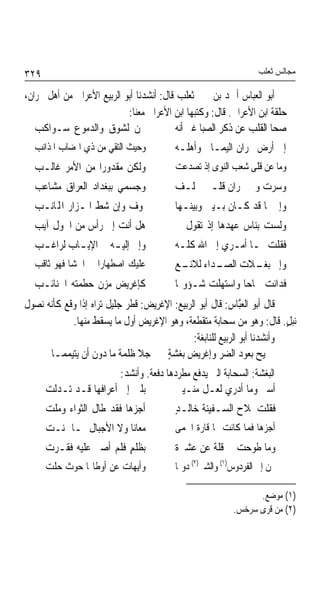 ‫٩٢٣‬                                                               ‫ﻣﺠﺎﻟﺲ ﺛﻌﻠﺐ‬

‫ﺃﺑﻮ ﺍﻟﻌﺒﺎﺱ ﺃﲪﺪ ﺑﻦ ﳛﲕ ﺛﻌﻠﺐ ﻗﺎﻝ: ﺃﻧﺸﺪﻧﺎ ﺃﺑﻮ ﺍﻟﺮﺑﻴﻊ ﺍﻷﻋﺮﺍﰊ ﻣﻦ ﺃﻫﻞ ﳒﺮﺍﻥ،‬
                            ‫ﰲ ﺣﻠﻘﺔ ﺍﺑﻦ ﺍﻷﻋﺮﺍﰊ. ﻗﺎﻝ: ﻭﻛﺘﺒﻬﺎ ﺍﺑﻦ ﺍﻷﻋﺮﺍﰊ ﻣﻌﻨﺎ:‬
                                                           ‫‪‬‬
   ‫ﳛﻦ ﻟﺸﻮﻕ ﻭﺍﻟﺪﻣﻮﻉ ﺳـﻮﺍﻛﺐ‬                  ‫ﺻﺤﺎ ﺍﻟﻘﻠﺐ ﻋﻦ ﺫﻛﺮ ﺍﻟﺼﺒﺎ ﻏﲑ ﺃﻧﻪ‬
  ‫ﻭﺣﻴﺚ ﺍﻟﺘﻘﻲ ﻣﻦ ﺫﻱ ﺍﳍﻀﺎﺏ ﺍﳌﺬﺍﻧﺐ‬          ‫ﺇﱃ ﺃﺭﺽ ﳒﺮﺍﻥ ﺍﻟﻴﻤـﺎﱐ ﻭﺃﻫﻠـﻪ‬
  ‫ﻭﻟﻜﻦ ﻣﻘﺪﻭﺭﹰﺍ ﻣﻦ ﺍﻷﻣﺮ ﻏﺎﻟـﺐ‬             ‫ﻭﻣﺎ ﻋﻦ ﻗﻠﻰ ﺷﻌﺐ ﺍﻟﻨﻮﻯ ﺇﺫ ﺗﺼﺪﻋﺖ‬
  ‫ﻭﺟﺴﻤﻲ ﺑﺒﻐﺪﺍﺩ ﺍﻟﻌﺮﺍﻕ ﻣﺸﺎﻋﺐ‬              ‫ﻭﺳﺮﺕ ﻭﰲ ﳒﺮﺍﻥ ﻗﻠـﱯ ﳐﻠـﻒ‬
  ‫ﳌﻮﻑ ﻭﺇﻥ ﺷﻂ ﺍﳌـﺰﺍﺭ ﺍﺠﻤﻟﺎﻧـﺐ‬             ‫ﻭﺇﱐ ﳌﺎ ﻗﺪ ﻛـﺎﻥ ﺑـﻴﲏ ﻭﺑﻴﻨـﻬﺎ‬
  ‫ﻫﻞ ﺃﻧﺖ ﺇﱃ ﺭﺃﺱ ﻣﻦ ﺍﳊﻮﻝ ﺁﻳﺐ‬              ‫ﻭﻟﺴﺖ ﺑﻨﺎﺱ ﻋﻬﺪﻫﺎ ﺇﺫ ﺗﻘﻮﻝ ﱄ‬
  ‫ﻭﺇﱐ ﺇﻟﻴ ـﻪ ﰲ ﺍﻹﻳ ـﺎﺏ ﻟﺮﺍﻏ ـﺐ‬
   ‫ـ‬        ‫ـ‬        ‫ـ‬                   ‫ﻓﻘﻠﺖ ﳍـﺎ ﺃﻣـﺮﻱ ﺇﱃ ﺍﷲ ﻛﻠـﻪ‬
  ‫ﻋﻠﻴﻚ ﺍﺻﻄﻬﺎﺭﹰﺍ ﰲ ﺍﳊﺸﺎ ﻓﻬﻮ ﺛﺎﻗﺐ‬          ‫ﻭﺇﱐ ـﻼﺕ ـﺪﺍﺀ ـﻊ‬
                                          ‫ﺍﻟﺼـ ﻟﻼﺋـ‬ ‫ﺑﻐـ‬
  ‫ﻛﺈﻏﺮﻳﺾ ﻣﺰﻥ ﺣﻄﻤﺘﻪ ﺍﳉﻨﺎﺋـﺐ‬               ‫ﻓﺪﺍﻧﺖ ﲰﺎﺣﺎ ﻭﺍﺳﺘﻬﻠﺖ ﺷـﺆﻭ‪‬ﺎ‬
                                                        ‫ﹰ‬
‫ﻗﺎﻝ ﺃﺑﻮ ﺍﻟﻌﱠﺎﺱ: ﻗﺎﻝ ﺃﺑﻮ ﺍﻟﺮﺑﻴﻊ: ﺍﻹﻏﺮﻳﺾ: ﻗﻄﺮ ﺟﻠﻴﻞ ﺗﺮﺍﻩ ﺇﺫﺍ ﻭﻗﻊ ﻛﺄﻧﻪ ﻧﺼﻮﻝ‬
                                                              ‫ﺒ‬
            ‫ﻧﺒﻞ. ﻗﺎﻝ: ﻭﻫﻮ ﻣﻦ ﺳﺤﺎﺑﺔ ﻣﺘﻘﻄﻌﺔ، ﻭﻫﻮ ﺍﻹﻏﺮﻳﺾ ﺃﻭﻝ ﻣﺎ ﻳﺴﻘﻂ ﻣﻨﻬﺎ.‬   ‫ٍ‬
                                              ‫ﻭﺃﻧﺸﺪﻧﺎ ﺃﺑﻮ ﺍﻟﺮﺑﻴﻊ ﻟﻠﻨﺎﺑﻐﺔ:‬
      ‫ﲤﻴﺢ ﺑﻌﻮﺩ ﺍﻟﻀﺮ ﻭﺇﻏﺮﻳﺾ ﺑﻐﺸﺔ ﺟﻼ ﻇﻠﻤﺔ ﻣﺎ ﺩﻭﻥ ﺃﻥ ﻳﺘﻴﻤﻤـﺎ‬
                                      ‫ٍ‬
                        ‫ﺍﻟﺒﻐﺸﺔ: ﺍﻟﺴﺤﺎﺑﺔ ﺍﻟﱵ ﻳﺪﻓﻊ ﻣﻄﺮﺩﻫﺎ ﺩﻓﻌﺔ. ﻭﺃﻧﺸﺪ:‬
                                ‫ﹰ‬
      ‫ﺑﻠﱯ ﺇﱃ ﺃﻋﺮﺍﻓﻬﺎ ﻗـﺪ ﺗـﺪﻟﺖ‬         ‫ﺃﺳﲑ ﻭﻣﺎ ﺃﺩﺭﻱ ﻟﻌـﻞ ﻣﻨـﻴﱵ‬
      ‫ﺃﺟﺰﻫﺎ ﻓﻘﺪ ﻃﺎﻝ ﺍﻟﺜﻮﺍﺀ ﻭﻣﻠﺖ‬          ‫ﻓﻘﻠﺖ ﳌﻼﺡ ﺍﻟﺴـﻔﻴﻨﺔ ﺧﺎﻟـﺪٍ‬
      ‫ﻣﻌﺎﻧﺎ ﻭﻻ ﺍﻷﺟﺒﺎﻝ ﳑـﺎ ﲤﻨـﺖ‬
                         ‫ﹰ‬               ‫ﺃﺟﺰﻫﺎ ﻓﻤﺎ ﻛﺎﻧﺖ ﳍﺎ ﻗﺎﺭﺓ ﺍﳊﻤﻰ‬
      ‫ﺑﻈﻠﻢٍ ﻓﻠﻢ ﺃﺻﱪ ﻋﻠﻴﻪ ﻓﻘـﺮﺕ‬           ‫ﻭﻣﺎ ﻃﻮﺣﺖ ﰊ ﻗﻠﺔ ﻋﻦ ﻋﺸﲑﺓ‬
      ‫ﻭﺃﻳﻬﺎﺕ ﻋﻦ ﺃﻭﻃﺎ‪‬ﺎ ﺣﻮﺙ ﺣﻠﺖ‬           ‫ﲢﻦ ﺇﱃ ﺍﻟﻔﺮﺩﻭﺱ)١( ﻭﺍﻟﺸﲑ)٢( ﺩﻭ‪‬ﺎ‬

                                                                ‫)١( ﻣﻮﺿﻊ.‬
                                                          ‫)٢( ﻣﻦ ﻗﺮﻯ ﺳﺮﺧﺲ.‬
 
