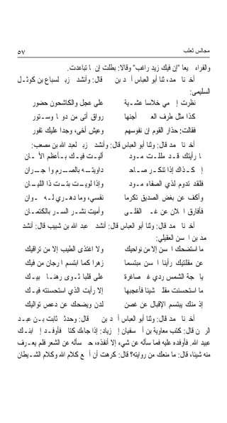 ‫٧٥‬                                                            ‫ﻣﺠﺎﻟﺲ ﺛﻌﻠﺐ‬

                 ‫ﻭﺍﻟﻔﺮﺍﺀ ﲨﻴﻌﺎ "ﺇﻥ ﻓﻴﻚ ﺯﻳﺪ ﺭﺍﻏﺐ" ﻭﻗﺎﻻ: ﺑﻄﻠﺖ ﺇﻥ ﳌﺎ ﺗﺒﺎﻋﺪﺕ.‬
                                                             ‫ﹰ‬
‫ﺃﺧﱪﻧﺎ ﳏﻤﺪ، ﺛﻨﺎ ﺃﺑﻮ ﺍﻟﻌﺒﺎﺱ ﺃﲪﺪ ﺑﻦ ﳛﲕ ﻗﺎﻝ: ﻭﺃﻧﺸﺪﱐ ﺯﺑﲑ ﻟﺴﺒﺎﻉ ﺑﻦ ﻛﻮﺛـﻞ‬
                                                                ‫ﺍﻟﺴﻠﻴﻤﻰ:‬
    ‫ﻋﻠﻰ ﻋﺠﻞ ﻭﺍﻟﻜﺎﺷﺤﻮﻥ ﺣﻀﻮﺭ‬            ‫ﻧﻈﺮﺕ ﺇﱃ ﻣﻲ ﺧﻼﺳﺎ ﻋﺸـﻴﺔ‬
                                             ‫ﹰ‬
     ‫ﺭﻭﺍﻕ ﺃﺗﻰ ﻣﻦ ﺩﻭ‪‬ﺎ ﻭﺳـﺘﻮﺭ‬            ‫ﻛﺬﺍ ﻣﺜﻞ ﻃﺮﻑ ﺍﻟﻌﲔ ﰒ ﺃﺟﻨﻬﺎ‬
     ‫ﻭﻋﻴﺶ ﺃﺧﻰ، ﻭﺟﺪﹰﺍ ﻋﻠﻴﻚ ﺗﻔﻮﺭ‬          ‫ﻓﻘﺎﻟﺖ: ﺣﺬﺍﺭ ﺍﻟﻘﻮﻡ ﺇﻥ ﻧﻔﻮﺳﻬﻢ‬
    ‫ﺃﺧﱪﻧﺎ ﳏﻤﺪ ﻗﺎﻝ: ﻭﺛﻨﺎ ﺃﺑﻮ ﺍﻟﻌﺒﺎﺱ ﻗﺎﻝ: ﻭﺃﻧﺸﺪﱐ ﺯﺑﲑ ﻟﻌﺒﺪ ﺍﷲ ﺑﻦ ﻣﺼﻌﺐ:‬
  ‫ﺃﻟﻴـﺖ ﻓﻴـﻚ ﺑـﺄﻋﻈﻢ ﺍﻷﳝـﺎﻥ‬
    ‫ـ‬        ‫ـ ـ ـ‬                   ‫ﳌﺎ ﺭﺃﻳﺘﻚ ﻗـﺪ ﻣﻠﻠـﺖ ﻣـﻮﺩﰐ‬
     ‫ـﺮﻡ ﻭﺍﳍﺠـ‬
  ‫ـﺮﺍﻥ‬       ‫ـﻪ ﺑﺎﻟﺼـ‬
                    ‫ﺩﺍﻭﻳﺘـ‬              ‫ﺇﱐ ﻛ ـﺬﺍﻙ ﺇﺫﺍ ﺗﻨﻜ ـﺮ ﺻ ـﺎﺣﱯ‬
                                           ‫ـ ـ‬               ‫ـ‬
  ‫ﻭﺇﺫﺍ ﻟ ـﺖ ـﺖ ﺫﺍ ـﺎﻥ‬
    ‫ﺍﻟﻠﻴـ‬ ‫ﻮﻳـ ﺑﺘـ‬                       ‫ﻓﻠﻘﺪ ﺗﺪﻭﻡ ﻟﺬﻱ ﺍﻟﺼﻔﺎﺀ ﻣـﻮﺩﰐ‬
  ‫ﻧﻔﺴﻲ، ﻭﻣﺎ ﺩﻫـﺮﻱ ﻟـﻪ ‪‬ـﻮﺍﻥ‬             ‫ﻭﺃﻛﻒ ﻋﻦ ﺑﻐﺾ ﺍﻟﺼﺪﻳﻖ ﺗﻜﺮﻣﺎ‬
                                        ‫ﹰ‬
  ‫ﻭﺃﻣﻴﺖ ﻧﺸـﺮ ﺍﻟﺴـﺮ ﺑﺎﻟﻜﺘﻤـﺎﻥ‬            ‫ﻓﺄﻓﺎﺭﻕ ﺍﳋﻼﻥ ﻋﻦ ﻏـﲑ ﺍﻟﻘﻠـﻰ‬
‫ﺃﺧﱪﻧﺎ ﳏﻤﺪ ﻗﺎﻝ: ﻭﺛﻨﺎ ﺃﺑﻮ ﺍﻟﻌﺒﺎﺱ ﻗﺎﻝ: ﺃﻧﺸﺪﱐ ﻋﺒﺪ ﺍﷲ ﺑﻦ ﺷﺒﻴﺐ ﻗﺎﻝ: ﺃﻧﺸﺪﱐ‬
                                                     ‫ﳏﻤﺪ ﺑﻦ ﺍﳊﺴﻦ ﺍﻟﻌﻘﻴﻠﻲ:‬
  ‫ﻭﻻ ﺍﻏﺘﺬﻯ ﺍﻟﻄﻴﺐ ﺇﻻ ﻣﻦ ﺗﺮﺍﻗﻴﻚ‬         ‫ﻣﺎ ﺍﺳﺘﻀﺤﻚ ﺍﳊﺴﻦ ﺇﻻ ﻣﻦ ﻧﻮﺍﺣﻴﻚ‬
  ‫ﺯﻫﺮﹰﺍ ﻛﻤﺎ ﺍﺑﺘﺴﻢ ﺍﳌﺮﺟﺎﻥ ﻣﻦ ﻓﻴﻚ‬         ‫ﻋﻦ ﻣﻘﻠﺘﻴﻚ ﺭﺃﻳﻨﺎ ﺍﳊﺴﻦ ﻣﺒﺘﺴﻤﺎ‬
                                        ‫ﹰ‬
  ‫ﻋﻠﻰ ﻗﻠﺒﺎ ﺛـﻮﻯ ﺭﻫﻨـﺎ ﲝﺒﻴـﻚ‬
        ‫ﹰ‬          ‫ﹰ‬                    ‫ﻳﺎ ‪‬ﺠﺔ ﺍﻟﺸﻤﺲ ﺭﺩﻱ ﻏﲑ ﺻﺎﻏﺮﺓ‬
  ‫ﺇﻻ ﺭﺃﻳﺖ ﺍﻟﺬﻱ ﺍﺳﺘﺤﺴﻨﺘﻪ ﻓﻴـﻚ‬            ‫ﻣﺎ ﺍﺳﺘﺤﺴﻨﺖ ﻣﻘﻠﱵ ﺷﻴﺌﺎ ﻓﺄﻋﺠﺒﻬﺎ‬
                                                ‫ﹰ‬
  ‫ﻟﺪﻥ ﻭﻳﻀﺤﻚ ﻋﻦ ﺩﻋﺺ ﺗﻮﺍﻟﻴﻚ‬               ‫ﺇﺫ ﻣﻨﻚ ﻳﺒﺘﺴﻢ ﺍﻹﻗﺒﺎﻝ ﻋﻦ ﻏﺼﻦ‬
‫ﺃﺧﱪﻧﺎ ﳏﻤﺪ ﻗﺎﻝ: ﻭﺛﻨﺎ ﺃﺑﻮ ﺍﻟﻌﺒﺎﺱ ﺃﲪﺪ ﺑﻦ ﳛﲕ ﻗﺎﻝ: ﻭﺣﺪﺛﲏ ﺛﺎﺑﺖ ﺑـﻦ ﻋﺒـﺪ‬
‫ﺍﻟﺮﲪﻦ ﻗﺎﻝ: ﻛﺘﺐ ﻣﻌﺎﻭﻳﺔ ﺑﻦ ﺃﰊ ﺳﻔﻴﺎﻥ ﺇﱃ ﺯﻳﺎﺩ: ﺇﺫﺍ ﺟﺎﺀﻙ ﻛﺘﺎﰊ ﻓﺄﻭﻓـﺪ ﺇﱃ ﺍﺑﻨـﻚ‬
‫ﻋﺒﻴﺪ ﺍﷲ. ﻓﺄﻭﻓﺪﻩ ﻋﻠﻴﻪ ﻓﻤﺎ ﺳﺄﻟﻪ ﻋﻦ ﺷﻲﺀ ﺇﻻ ﺃﻧﻔﺬﻩ، ﺣﱴ ﺳﺄﻟﻪ ﻋﻦ ﺍﻟﺸﻌﺮ ﻓﻠﻢ ﻳﻌـﺮﻑ‬
‫ﻣﻨﻪ ﺷﻴﺌﺎﹰ، ﻗﺎﻝ: ﻣﺎ ﻣﻨﻌﻚ ﻣﻦ ﺭﻭﺍﻳﺘﻪ؟ ﻗﺎﻝ: ﻛﺮﻫﺖ ﺃﻥ ﺃﲨﻊ ﻛﻼﻡ ﺍﷲ ﻭﻛﻼﻡ ﺍﻟﺸـﻴﻄﺎﻥ‬
 