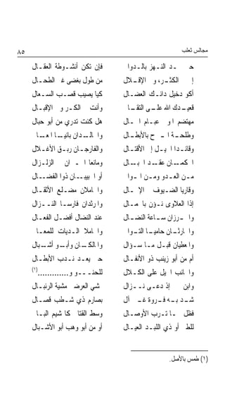 ‫٥٨‬                                                         ‫ﻣﺠﺎﻟﺲ ﺛﻌﻠﺐ‬

     ‫ﻓﺈﻥ ﺗﻜﻦ ﺃﻧﺸـﻮﻃﺔ ﺍﻟﻌﻘـﺎﻝ‬         ‫ﺣﲔ ﳚـﺪ ﺍﻟﻨـﻬﺰ ﺑﺎﻟـﺪﻭﺍﱄ‬
     ‫ﻣﻦ ﻃﻮﻝ ﺑﻐﻀﻰ ﻏﱪ ﺍﻟﻄﺤـﺎﻝ‬          ‫ﺇﱄ ﰲ ﺍﻟﻜﺜ ـﺮ، ﻭﰲ ـﻼﻝ‬
                                       ‫ﺍﻹﻗـ‬   ‫ـ‬
     ‫ﻛﻴﺎ ﻳﺼﻴﺐ ﻗﺼـﺐ ﺍﻟﺴـﻌﺎﻝ‬           ‫ﺃﻛﻮ ﺩﺧﻴﻞ ﺩﺍﺋـﻚ ﺍﻟﻌﻀـﺎﻝ‬
     ‫ﻭﺃﻧﺖ ﰲ ﺍﻟﻜـﺮ ﻭﰲ ﺍﻹﻗﺒـﺎﻝ‬         ‫ـﺪﻙ ﺍﷲ ـﻰ ـﺎﱄ‬
                                       ‫ﻋﻠـ ﺍﻟﺘﻘـ‬ ‫ﻗﻌﻴـ‬
     ‫ﻫﻞ ﻛﻨﺖ ﺗﺪﺭﻱ ﻣﻦ ﺃﺑﻮ ﺣﺒﺎﻝ‬         ‫ﻣﻬﺘﻀﻢ ﺍﳌﻮﱃ ﻋﺒـﺎﻡ ﺍﳋـﺎﻝ‬
     ‫ـﺪﺍﻥ ـﺎ ـﺎﱃ‬
       ‫ﺑﺎﻧﻴـ ﺍﳌﻌـ‬ ‫ﻭﺍﳋﺎﻟـ‬             ‫ﻭﻃﻠﺤ ـﺔ ﺍﳌ ـﱪﺡ ﺑﺎﻷﺑﻄ ـﺎﻝ‬
                                       ‫ـ‬         ‫ـ ـ‬
     ‫ﻭﺍﻟﻔﺎﺭﺟـﺎﻥ ﺭﺑـﻖ ﺍﻷﻏـﻼﻝ‬
       ‫ـ‬     ‫ـ ـ‬                     ‫ﻭﻗﺎﺋ ـﺪﺍ ﺍﳋﻴ ـﻞ ﺇﱃ ﺍﻷﻗﺘ ـﺎﻝ‬
                                       ‫ـ‬          ‫ـ‬       ‫ـ‬
     ‫ﻭﻣﺎﻧﻌﺎ ﺍﳉـﲑﺍﻥ ﰲ ﺍﻟﺰﻟـﺰﺍﻝ‬        ‫ـﺎﻥ ـﺪ ـﺎﻝ‬
                                        ‫ﺍﶈﻜﻤـ ﻋﻘـ ﺍﳉﺒـ‬
     ‫ـﺎﻝ‬‫ـﺎﻥ ﺫﻭﺍ ﺍﻟﻔﻀـ‬‫ﺃﻭ ﺍﳊﺒﻴﺒـ‬       ‫ﻣـﻦ ﺍﻟﻌـﺪﻭ ﻭﻣـﻦ ﺍﳌـﻮﺍﱃ‬
                                        ‫ـ ـ‬        ‫ـ ـ‬
     ‫ﻭﺍﳊﺎﻣﻼﻥ ﻣﻀـﻠﻊ ﺍﻷﺛﻘـﺎﻝ‬           ‫ﻭﻗﺎﺭﻳﺎ ﺍﻟﻀـﻴﻮﻑ ﰲ ﺍﻹﳏـﺎﻝ‬
     ‫ﻭﺍﳌﺮﺛﺪﺍﻥ ﻓﺎﺭﺳـﺎ ﺍﻟﻨــﺰﺍﻝ‬        ‫ﺇﺫﺍ ﺍﻟﻌﻼﻭﻯ ﻧـﺆﻥ ﺑﺎﳉﻤـﺎﻝ‬
     ‫ﻋﻨﺪ ﺍﻟﻨﻀﺎﻝ ﺃﻓﻀـﻞ ﺍﻟﻔﻌـﺎﻝ‬        ‫ﻭﺍﶈ ـﺮﺯﺍﻥ ﺳ ـﺎﻋﺔ ﺍﻟﻨﻀ ـﺎﻝ‬
                                       ‫ـ‬         ‫ـ‬       ‫ـ‬
     ‫ﻭﺍﳊﺎﻣﻼ ﺍﻟـﺪﻳﺎﺕ ﻟﻠﻤﻌـﺎﱄ‬          ‫ـﺎ ـﻮﺍﱄ‬
                                        ‫ـﺎﻥ ﺣﺎﻣﻴـ ﺍﻟﺘـ‬
                                                     ‫ﻭﺍﳊﺎﺭﺛـ‬
     ‫ـﺎﻥ ـﻮ ـﺒﺎﻝ‬
        ‫ﻭﺍﳌﺎﻟﻜـ ﻭﺃﺑـ ﺃﺷـ‬             ‫ﻭﺍﳌﻌﻄﻴﺎﻥ ﻗﺒـﻞ ﻣـﺎ ﺳـﺆﺍﻝ‬
     ‫ﺣﲔ ﻳﻌـﺪ ﻧـﺪﺏ ﺍﻷﺑﻄـﺎﻝ‬            ‫ﺃﻡ ﻣﻦ ﺃﺑﻮ ﺯﻳﻨﺐ ﺫﻭ ﺍﻷﻧﻔـﺎﻝ‬
     ‫)١(‬
           ‫ﻟﻠﺤﻨـــﻮ ﻭ.............‬   ‫ﻭﺍﳉﺎﻧﺐ ﺍﳋﻴﻞ ﻋﻠﻰ ﺍﻟﻜـﻼﻝ‬
     ‫ﳝﺸﻲ ﺍﻟﻌﺮﺿﲎ ﻣﺸﻴﺔ ﺍﻟﺮﺋﺒـﺎﻝ‬        ‫ﻭﺍﺑﻦ ﲜﲑ ﺇﺫ ﺩﻋـﻰ ﻧــﺰﺍﻝ‬
     ‫ﺑﺼﺎﺭﻡ ﺫﻱ ﺷـﻄﺐ ﻗﺼـﺎﻝ‬             ‫ﺷ ـﺪ ـﻪ ﻓ ـﺮﻭﺓ ـﲑ ﺁﻝ‬
                                         ‫ـ ﺑـ ـ ﻏـ‬
     ‫ﻭﺳﻂ ﺍﻟﻘﺘﺎﱃ ﻛﺎﳍﺸﻴﻢ ﺍﻟﺒـﺎﱄ‬        ‫ﻓﻈﻞ ﳊـﺎ ﺗـﺮﺏ ﺍﻷﻭﺻـﺎﻝ‬
                                                  ‫ﹰ‬
     ‫ﺃﻭ ﻣﻦ ﺃﺑﻮ ﻭﻫﺐ ﺃﺑﻮ ﺍﻷﺷـﺒﺎﻝ‬       ‫ﻟﻠﻄﲑ ﺃﻭ ﺫﻱ ﺍﻟﻠﺒـﺪ ﺍﻟﻌﻴـﺎﻝ‬


                                                      ‫)١( ﻃﻤﺲ ﺑﺎﻷﺻﻞ.‬
 