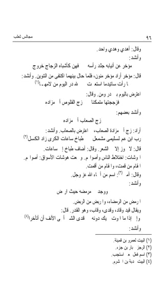 ‫ﻣﺠﺎﻟﺲ ﺛﻌﻠﺐ‬                                                                  ‫٦٩‬
                                            ‫ﻭﻗﺎﻝ: ﺃﻫﺪﻱ ﻭﻫﺪﻱ ﻭﺍﺣﺪ.‬
                                                              ‫ﻭﺃﻧﺸﺪ:‬
             ‫ﻓﻬﻦ ﻛﺄﺷﺒﺎﻩ ﺍﻟﺰﺟﺎﺝ ﺧﺮﻭﺝ‬     ‫ﻣﺆﺧﺮ ﻋﻦ ﺃﻧﻴﺎﺑﻪ ﺟﻠﺪ ﺭﺃﺳﻪ‬
    ‫ﻗﺎﻝ: ﻣﺆﺧﺮ ﺃﺭﺍﺩ ﻣﺆﺧﺮ ﻣﻨﻮﻥ، ﻓﻠﻤﺎ ﺣﺎﻝ ﺑﻴﻨﻬﻤﺎ ﺍﻛﺘﻔﻰ ﻣﻦ ﺍﻟﺘﻨﻮﻳﻦ. ﻭﺃﻧﺸﺪ:‬
           ‫)١(‬
               ‫ﳌﺎ ﺭﺃﺕ ﺳﺎﺗﻴﺪﻣﺎ ﺍﺳﺘﻌﱪﺕ ﷲ ﺩﺭ ﺍﻟﻴﻮﻡ ﻣﻦ ﻻﻣﻬـﺎ‬
                                     ‫ﺍﻋﺘﺮﺽ ﺑﺎﻟﻴﻮﻡ ﺑﲔ ﺩﺭ ﻭﻣﻦ. ﻭﻗﺎﻝ:‬
                   ‫ﻓﺰﺟﺠﺘﻬﺎ ﻣﺘﻤﻜﻨﺎ ﺯﺝ ﺍﻟﻘﻠﻮﺹ ﺃﰊ ﻣﺰﺍﺩﻩ‬
                                        ‫ﹰ‬
                                                        ‫ﻭﺃﻧﺸﺪ ﺑﻌﻀﻬﻢ:‬
                           ‫ﺯﺝ ﺍﻟﺼﻌﺎﺏ ﺃﰊ ﻣﺰﺍﺩﻩ‬
                 ‫ﺃﺭﺍﺩ: ﺯﺝ ﺃﰊ ﻣﺰﺍﺩﺓ ﺍﻟﺼﻌﺎﺏ، ﰒ ﺍﻋﺘﺮﺽ ﺑﺎﻟﺼﻌﺎﺏ. ﻭﺃﻧﺸﺪ:‬
     ‫)٢(‬
         ‫ﺭﺏ ﺍﺑﻦ ﻋﻢ ﻟﺴﻠﻴﻤﻰ ﻣﺸﻤﻌﻞ ﻃﺒﺎﺥ ﺳﺎﻋﺎﺕ ﺍﻟﻜﺮﻯ ﺯﺍﺩ ﺍﻟﻜﺴﻞ‬
               ‫ﻗﺎﻝ: ﻻ ﳚﻮﺯ ﺇﻻ ﰲ ﺍﻟﺸﻌﺮ. ﻭﻗﺎﻝ: ﺃﺿﺎﻑ ﻃﺒﺎﺥ ﺇﱃ ﺳﺎﻋﺎﺕ.‬
     ‫ﺍﳍﻮﺷﺎﺕ: ﺍﺧﺘﻼﻁ ﺍﻟﻨﺎﺱ ﻭﺃﺻﻮﺍ‪‬ﻢ. ﻭﲰﻌﺖ ﻫﻮﺷﺎﺕ ﺍﻷﺳﻮﺍﻕ: ﺃﺻﻮﺍ‪‬ﻢ.‬
                                   ‫ﺍﳌﻘﺎﻡ ﻣﻦ ﻗﻤﺖ، ﻭﺍﳌﻘﺎﻡ ﻣﻦ ﺃﻗﻤﺖ.‬
                            ‫ﻭﻗﺎﻝ: ﺁﻣﲔ)٣(: ﺍﺳﻢ ﻣﻦ ﺃﲰﺎﺀ ﺍﷲ ﻋﺰ ﻭﺟﻞ.‬
                                                         ‫ﻭﺃﻧﺸﺪ:‬
                     ‫ﻭﻭﺟﺪ ﰲ ﻣﺮﻣﻀﻪ ﺣﻴﺚ ﺍﺭﲤﺾ‬
                                ‫ﺍﳌﺮﻣﺾ ﻣﻦ ﺍﻟﺮﻣﻀﺎﺀ، ﻭﺍﳌﺮﺑﺾ ﻣﻦ ﺍﻟﺮﺑﺾ.‬
                         ‫ﻭﻳﻘﺎﻝ ﻗﻴﺪ ﻭﻗﺎﺩ، ﻭﻗﺪﻯ، ﻭﻗﺎﺏ، ﻭﻫﻮ ﺍﻟﻘﺪﺭ. ﻗﺎﻝ:‬
     ‫)٤(‬
         ‫ﻭﺇﱐ ﺇﺫﺍ ﻣﺎ ﺍﳌﻮﺕ ﱂ ﻳﻚ ﺩﻭﻧﻪ ﻗﺪﻯ ﺍﻟﺸﱪ ﺃﲪﻰ ﺍﻷﻧﻒ ﺃﻥ ﺃﺗﺄﺧﺮﺍ‬
                                                                ‫ﻭﺃﻧﺸﺪ:‬
                                                       ‫)١( ﺍﻟﺒﻴﺖ ﻟﻌﻤﺮﻭ ﺑﻦ ﻗﻤﻴﺌﺔ.‬
                                                        ‫)٢( ﺍﻟﺮﺟﺰ ﳉﺒﺎﺭ ﺑﻦ ﺟﺰﺀ.‬
                                                     ‫)٣( ﺍﺳﻢ ﻓﻌﻞ ﲟﻌﲎ ﺍﺳﺘﺠﺐ.‬
                                                      ‫)٤( ﺍﻟﺒﻴﺖ ﳍﺪﺑﺔ ﺑﻦ ﺍﳋﺸﺮﻡ.‬
 