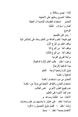 ‫ﺇﺛﺎﺑﺔ ﺍ‪‬ﺘﻬﺪﻳﻦ ﻭﻣﻜﺎﻓﺄ‪‬ﻢ‬
                        ‫ﻣﻌﺎﻗﺒﺔ ﺍﳌﻘﺼﺮﻳﻦ ﻭﺣﺜﻬﻢ ﻋﻠﻰ ﺍﻻﺟﺘﻬﺎﺩ‬
            ‫ﺍﻟﺘﺤﺬﻳﺮ ﰲ ﺍﺳﺘﺨﺪﺍﻡ ﺍﻟﻌﻘﻮﺑﺎﺕ ﺍﻟﺸﺪﻳﺪﺓ ﺃﻭ ﺍﻟﻌﻨﻴﻔﺔ‬
                                     ‫ﺍﻟﻌﺪﻝ ﻭﺍﳌﺴﺎﻭﺍﺓ ﺑﲔ ﺍﻟﻄﻠﺒﺔ‬
                                                         ‫ﺍﻟﺘﻮﺍﺿﻊ‬
                                           ‫ﺍﳊﺮﺹ ﻋﻠﻰ ﺗﻌﻠﻴﻤﻬﻢ‬
‫ﻓﻬﻢ ﻃﺒﻴﻌﺔ ﺍﳌﺘﻌﻠﻢ ﻭﺃﻫﺪﺍﻓﻪ ﻣﻦ ﺍﻟﺘﻌﻠﻢ ﻭﺣﺜﻪ ﻋﻠﻰ ﺇﺧﻼﺹ ﺍﻟﻨﻴﺔ‬
                                  ‫ﻣﻮﻗﻒ ﺍﻟﻌﻠﻢ ﻣﻦ ﺍﻟﻨﻮﻉ ﺍﻷﻭﻝ‬
                                   ‫ﻣﻮﻗﻒ ﺍﻟﻌﺎﱂ ﻣﻦ ﺍﻟﻨﻮﻉ ﺍﻟﺜﺎﱐ‬
                                 ‫ﻣﻮﻗﻒ ﺍﻟﻌﺎﱂ ﻣﻦ ﺍﻟﻨﻮﻉ ﺍﻟﺜﺎﻟﺚ‬
                                          ‫ﻣﺮﺍﻋﺎﺓ ﺍﻟﻔﺮﻭﻕ ﺍﻟﻔﺮﺩﻳﺔ‬
                 ‫ﺗﺮﻏﻴﺐ ﺍﳌﺘﻌﻠﻢ ﰲ ﻃﻠﺐ ﺍﻟﻌﻠﻢ )ﺇﺛﺎﺭﺓ ﺍﻟﺪﺍﻓﻌﻴﺔ(‬
                                           ‫ﻣﺒﺪﺃ ﺍﻟﺪﺍﻓﻌﻴﺔ )ﺍﻟﺮﻏﺒﺔ(‬
                            ‫ﻃﺮﻕ ﺇﺛﺎﺭﺓ ﻭﺗﻨﺤﻴﺔ ﺍﻟﺮﻏﺒﺔ ﰲ ﺍﻟﺘﻌﻠﻢ‬
                                               ‫ﺍﻟﺪﺍﻓﻌﻴﺔ ﻭﺍﳌﻨﺎﻓﺴﺔ‬
                            ‫ﺍﻟﺘﺤﺬﻳﺮ ﻣﻦ ﺳﻮﺀ ﺍﺳﺘﺨﺪﺍﻡ ﺍﳌﻨﺎﻓﺴﺔ‬
      ‫ﺍﺳﺘﺨﺪﺍﻡ ﺍﻟﺘﻌﺎﻭﻥ ﻭﺍﻟﺘﻔﺎﻋﻞ ﺍﻻﺟﺘﻤﺎﻋﻲ ﺑﺪﻳﻼ ﻋﻦ ﺍﳌﻨﺎﻓﺴﺔ‬
                  ‫ﹰ‬
                    ‫ﻋﺪﻡ ﺗﻘﺒﻴﺢ ﺍﻟﻌﻠﻮﻡ ﺍﻷﺧﺮﻯ ﰲ ﻧﻔﺲ ﺍﻟﻄﺎﻟﺐ‬
                                  ‫ﻋﺪﻡ ﺃﺧﺬ ﺍﻷﺟﺮﺓ ﻋﻠﻰ ﺍﻟﺘﻌﻠﻴﻢ‬
                             ‫ﺍﻻﻋﺘﻨﺎﺀ ﲟﺼﺎﱀ ﺍﻟﻄﻠﺒﺔ ﻭﻣﺴﺎﻋﺪ‪‬ﻢ‬
‫ﻣﺴﺎﻋﺪﺓ ﺍﳌﺘﻌﻠﻤﲔ ﻋﻠﻰ ﺍﺧﺘﻴﺎﺭ ﻣﺎ ﻳﻨﺎﺳﺒﻬﻢ ﻣﻦ ﻋﻠﻮﻡ ﻭﻣﻌﺎﺭﻑ‬
          ‫ﺇﺭﺷﺎﺩ ﺍﳌﺘﻌﻠﻤﲔ ﺇﱃ ﺃﻓﻀﻞ ﻃﺮﻕ ﺍﻟﺘﺤﺼﻴﻞ ﻭﺍﳌﺬﺍﻛﺮﺓ‬
                             ‫ﺍﻻﻫﺘﻤﺎﻡ ﺑﺼﺤﺔ ﺍﳌﺘﻌﻠﻤﲔ ﺍﳉﺴﻤﻴﺔ‬
 