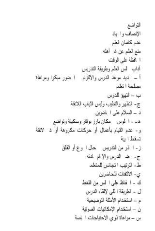 ‫ﺍﻟﺘﻮﺍﺿﻊ‬
                                             ‫ﺍﻹﻧﺼﺎﻑ ﻭﺍﳊﻴﺎﺩ‬
                                             ‫ﻋﺪﻡ ﻛﺘﻤﺎﻥ ﺍﻟﻌﻠﻢ‬
                                        ‫ﻣﻨﻊ ﺍﻟﻌﻠﻢ ﻋﻦ ﻏﲑ ﺃﻫﻠﻪ‬
                                           ‫ﺍﶈﺎﻓﻈﺔ ﻋﻠﻰ ﺍﻟﻮﻗﺖ‬
                           ‫ﺁﺩﺍﺏ ﳎﻠﺲ ﺍﻟﻌﻠﻢ ﻭﻃﺮﻳﻘﺔ ﺍﻟﺘﺪﺭﻳﺲ‬
‫ﺃ – ﲢﺪﻳﺪ ﻣﻮﻋﺪ ﺍﻟﺪﺭﺱ ﻭﺍﻻﻟﺘﺰﺍﻡ ﰲ ﺍﳊﻀﻮﺭ ﻣﺒﻜﺮ‪‬ﺍ ﻭﻣﺮﺍﻋﺎﺓ‬
                                             ‫ﻣﺼﻠﺤﺔ ﺍﳌﺘﻌﻠﻤﲔ‬
                                           ‫ﺏ – ﺍﻟﺘﻬﻴﺆ ﻟﻠﺪﺭﺱ‬
                     ‫ﺝ- ﺍﻟﺘﻄﻬﺮ ﻭﺍﻟﺘﻄﻴﺐ ﻭﻟﺒﺲ ﺍﻟﺜﻴﺎﺏ ﺍﻟﻼﺋﻘﺔ‬
                                    ‫ﺩ – ﺍﻟﺴﻼﻡ ﻋﻠﻰ ﺍﳊﺎﺿﺮﻳﻦ‬
           ‫ﻫـ- ﺍﳉﻠﻮﺱ ﰲ ﻣﻜﺎﻥ ﺑﺎﺭﺯ ﺑﻮﻗﺎﺭ ﻭﺳﻜﻴﻨﺔ ﻭﺗﻮﺍﺿﻊ‬
‫ﻭ- ﻋﺪﻡ ﺍﻟﻘﻴﺎﻡ ﺑﺄﻋﻤﺎﻝ ﺃﻭ ﺣﺮﻛﺎﺕ ﻣﻜﺮﻭﻫﺔ ﺃﻭ ﻏﲑ ﻻﺋﻘﺔ‬
                                                   ‫ﺗﺴﻘﻂ ﺍﳍﻴﺒﺔ‬
               ‫ﺯ- ﺍﳊﺬﺭ ﻣﻦ ﺍﻟﺘﺪﺭﻳﺲ ﰲ ﺣﺎﻝ ﺍﳉﻮﻉ ﺃﻭ ﺍﻟﻘﻠﻖ‬
                               ‫ﺡ- ﲢﻀﲑ ﺍﻟﺪﺭﺱ ﻭﺍﻹﳌﺎﻡ ﲟﺎﺩﺗﻪ‬
                              ‫ﻁ- ﺍﻟﺘﺮﺗﻴﺐ ﺍﳌﺘﺠﺎﻧﺲ ﻟﻠﻤﺘﻌﻠﻤﲔ‬
                                      ‫ﻱ- ﺍﻻﻟﺘﻔﺎﺕ ﻟﻠﺤﺎﺿﺮﻳﻦ‬
                            ‫ﻙ - ﺍﳊﻔﺎﻅ ﻋﻠﻰ ﺍ‪‬ﻠﺲ ﻣﻦ ﺍﻟﻠﻐﻂ‬
                              ‫ﻝ - ﺍﻟﻄﺮﻳﻘﺔ ﺍﳌﺜﻠﻰ ﻹﻟﻘﺎﺀ ﺍﻟﺪﺭﺱ‬
                               ‫ﻡ – ﺍﺳﺘﺨﺪﺍﻡ ﺍﻷﻣﺜﻠﺔ ﺍﻟﺘﻮﺿﻴﺤﻴﺔ‬
                            ‫ﻥ – ﺍﺳﺘﺨﺪﺍﻡ ﺍﻹﻣﻜﺎﻧﻴﺎﺕ ﺍﻟﺼﻮﺗﻴﺔ‬
                       ‫ﺱ – ﻣﺮﺍﻋﺎﺓ ﺫﻭﻱ ﺍﻻﺣﺘﻴﺎﺟﺎﺕ ﺍﳋﺎﺻﺔ‬
 