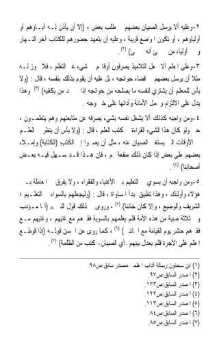 ‫٢-ﻭﻋﻠﻴﻪ ﺃﻻ ﻳﺮﺳﻞ ﺍﻟﺼﺒﻴﺎﻥ ﺑﻌﻀﻬﻢ ﰲ ﻃﻠﺐ ﺑﻌﺾ ، )ﺇﻻ ﺃﻥ ﻳﺄﺫﻥ ﻟـﻪ ﺁﺑـﺎﺅﻫﻢ ﺃﻭ‬
‫ﺃﻭﻟﻴﺎﺅﻫﻢ ، ﺃﻭ ﺗﻜﻮﻥ ﺍﳌﻮﺍﺿﻊ ﻗﺮﻳﺒﺔ ، ﻭﻋﻠﻴﻪ ﺃﻥ ﻳﺘﻌﻬﺪ ﺣﻀﻮﺭﻫﻢ ﻟﻠﻜﺘﺎﺏ ﺁﺧﺮ ﺍﻟﻨـﻬﺎﺭ‬
                                       ‫ﻭﳜﱪ ﺃﻭﻟﻴﺎﺀ ﻣﻦ ﱂ ﳚﺊ ﺃﻧﻪ ﱂ ﳚﺊ( )٢( .‬
‫٣-ﻭﻋﻠﻰ ﺍﳌﻌﻠﻢ ﺃﻻ ﳚﻌﻞ ﺍﻟﺘﻼﻣﻴﺬ ﻳﺼﺮﻓﻮﻥ ﺃﻭﻗﺎ‪‬ﻢ ﰲ ﺷﻲﺀ ﻏﲑ ﺍﻟﺘﻌﻠﻢ ، ﻓﻼ ﳚﻮﺯ ﻟـﻪ‬
‫ﻣﺜﻼ ﺃﻥ ﻳﺮﺳﻞ ﺑﻌﻀﻬﻢ ﰲ ﻗﻀﺎﺀ ﺣﻮﺍﺋﺠﻪ ، ﺑﻞ ﻋﻠﻴﻪ ﺃﻥ ﻳﻘﻮﻡ ﺑﺬﻟﻚ ﺑﻨﻔﺴﻪ ، ﻗﺎﻝ : )ﻭﻻ‬
                                                                       ‫ﹰ‬
‫ﺑﺄﺱ ﻟﻠﻤﻌﻠﻢ ﺃﻥ ﻳﺸﺘﺮﻱ ﻟﻨﻔﺴﻪ ﻣﺎ ﻳﺼﻠﺤﻪ ﻣﻦ ﺣﻮﺍﺋﺠﻪ ﺇﺫﺍ ﱂ ﳚﺪ ﻣﻦ ﻳﻜﻔﻴﻪ( )٣( ﻭﻫﺬﺍ‬
                          ‫ﻳﺪﻝ ﻋﻠﻰ ﺍﻻﻟﺘﺰﺍﻡ ﻭﲢﻤﻞ ﺍﻷﻣﺎﻧﺔ ﻭﺃﺩﺍﺋﻬﺎ ﻋﻠﻰ ﺧﲑ ﻭﺟﻪ .‬
‫٤-ﻭﻣﻦ ﻭﺍﺟﺒﻪ ﻛﺬﻟﻚ ﺃﻻ ﻳﺸﻐﻞ ﻧﻔﺴﻪ ﺑﺸﻲﺀ ﻳﺼﺮﻓﻪ ﻋﻦ ﻣﺘﺎﺑﻌﺘﻬﻢ ﻭﻫﻢ ﻳﺘﻌﻠﻤـﻮﻥ ،‬
‫ﺣﱴ ﻭﻟﻮ ﻛﺎﻥ ﻫﺬﺍ ﺍﻟﺸﻲﺀ ﺍﻟﻘﺮﺍﺀﺓ ﰲ ﻛﺘﺐ ﺍﻟﻌﻠﻢ ، ﻗﺎﻝ : )ﻭﻻ ﺑﺄﺱ ﺃﻥ ﻳﻨﻈﺮ ﰲ ﺍﻟﻌﻠـﻢ‬
‫ﰲ ﺍﻷﻭﻗﺎﺕ ﺍﻟﱵ ﻳﺴﺘﻐﲏ ﺍﻟﺼﺒﻴﺎﻥ ﻋﻨﻪ ، ﻣﺜﻞ ﺃﻥ ﻳﺼﲑﻭﺍ ﺇﱃ ﺍﻟﻜ‪‬ﺘﺐ )ﺍﻟﻜﺘﺎﺑﺔ( ﻭﺇﻣـﻼﺀ‬
                 ‫ﹶ ِ‬
‫ﺑﻌﻀﻬﻢ ﻋﻠﻰ ﺑﻌﺾ ﺇﺫﺍ ﻛﺎﻥ ﺫﻟﻚ ﻣﻨﻔﻌﺔ ﳍﻢ ، ﻓﺈﻥ ﻫـﺬﺍ ﻗـﺪ ﺳـﻬﻞ ﻓﻴـﻪ ﺑﻌـﺾ‬
                                                              ‫ﺃﺻﺤﺎﺑﻨﺎ( )٤( .‬
‫٥-ﻭﻣﻦ ﻭﺍﺟﺒﻪ ﺃﻥ ﻳﺴﻮﻱ ﰲ ﺍﻟﺘﻌﻠﻴﻢ ﺑﲔ ﺍﻷﻏﻨﻴﺎﺀ ﻭﺍﻟﻔﻘﺮﺍﺀ ، ﻭﻻ ﻳﻔﺮﻕ ﰲ ﺍﳌﻌﺎﻣﻠﺔ ﺑـﲔ‬
‫ﻫﺆﻻﺀ ﻭﺃﻭﻟﺌﻚ ، ﻭﻫﺬﺍ ﺗﻄﺒﻴﻖ ﳌﺒﺪﺃ ﺍﳌﺴﺎﻭﺍﺓ ، ﻗﺎﻝ : )ﻭﻟﻴﺠﻌﻠﻬﻢ ﺑﺎﻟﺴﻮﺍﺀ ﰲ ﺍﻟﺘﻌﻠـﻴﻢ ؛‬
‫ﺍﻟﺸﺮﻳﻒ ﻭﺍﻟﻮﺿﻴﻊ ، ﻭﺇﻻ ﻛﺎﻥ ﺧﺎﺋﻨ‪‬ﺎ( )٥( ، ﻭﺭﻭﻯ ﰲ ﺫﻟﻚ ﻗﻮﻝ ﺍﻟﻨﱯ ‪) ‬ﺃﳝﺎ ﻣـﺆﺩﺏ‬
‫ﻭﱄ ﺛﻼﺛﺔ ﺻﺒﻴﺔ ﻣﻦ ﻫﺬﻩ ﺍﻷﻣﺔ ﻓﻠﻢ ﻳﻌﻠﻤﻬﻢ ﺑﺎﻟﺴﻮﻳﺔ ﻓﻘﲑﻫﻢ ﻣﻊ ﻏﻨﻴﻬﻢ ، ﻭﻏﻨﻴﻬﻢ ﻣـﻊ‬
‫ﻓﻘﲑﻫﻢ ﺣﺸﺮ ﻳﻮﻡ ﺍﻟﻘﻴﺎﻣﺔ ﻣﻊ ﺍﳋﺎﺋﻨﲔ( )٦( ، ﻛﻤﺎ ﺭﻭﻯ ﻋﻦ ﺍﳊﺴﻦ ﻗﻮﻟـﻪ )ﺇﺫﺍ ﻗﻮﻃـﻊ‬
            ‫ﺍﳌﻌﻠﻢ ﻋﻠﻰ ﺍﻷﺟﺮﺓ ﻓﻠﻢ ﻳﻌﺪﻝ ﺑﻴﻨﻬﻢ –ﺃﻱ ﺍﻟﺼﺒﻴﺎﻥ- ﻛﺘﺐ ﻣﻦ ﺍﻟﻈﻠﻤﺔ( )٧( .‬

                            ‫)١( ﺍﺑﻦ ﺳﺤﻨﻮﻥ:ﺭﺳﺎﻟﺔ ﺁﺩﺍﺏ ﺍﳌﻌﻠﻤﲔ،ﻣﺼﺪﺭ ﺳﺎﺑﻖ:ﺹ٨٩.‬
                                                   ‫)٢( ﺍﳌﺼﺪﺭ ﺍﻟﺴﺎﺑﻖ:ﺹ٧٩.‬
                                                  ‫)٣( ﺍﳌﺼﺪﺭ ﺍﻟﺴﺎﺑﻖ:ﺹ٣٣١.‬
                                                  ‫)٤( ﺍﳌﺼﺪﺭ ﺍﻟﺴﺎﺑﻖ:ﺹ٢٢١.‬
                                                  ‫)٥( ﺍﳌﺼﺪﺭ ﺍﻟﺴﺎﺑﻖ:ﺹ٣١١.‬
                                                   ‫)٦( ﺍﳌﺼﺪﺭ ﺍﻟﺴﺎﺑﻖ:ﺹ٤٨.‬
                                                   ‫)٧( ﺍﳌﺼﺪﺭ ﺍﻟﺴﺎﺑﻖ:ﺹ٥٨.‬
 