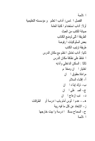 ‫ﺍﳋﻼﺻﺔ‬
‫ﺍﻟﻔﺼﻞ ﺍﳋﺎﻣﺲ: ﺁﺩﺍﺏ ﺍﳌﺘﻌﻠﻢ ﳓﻮ ﻣﺆﺳﺴﺘﻪ ﺍﻟﺘﻌﻠﻴﻤﻴﺔ‬
                     ‫ﺃﻭﻻ: ﺁﺩﺍﺏ ﺍﺳﺘﺨﺪﺍﻡ ﺍﳌﻜﺘﺒﺔ ﺍﻟﻌﺎﻣﺔ‬
                                                  ‫ﹰ‬
                                ‫ﺻﻴﺎﻧﺔ ﺍﻟﻜﺘﺐ ﻣﻦ ﺍﻟﻌﺒﺚ‬
                            ‫ﺍﻟﻄﺮﻳﻘﺔ ﺍﳌﺜﻠﻰ ﻟﻮﺿﻊ ﺍﻟﻜﺘﺎﺏ‬
                             ‫ﺑﻌﺾ ﺍﻟﺴﻠﻮﻛﻴﺎﺕ ﺍﳌﺮﻓﻮﺿﺔ‬
                                   ‫ﻃﺮﻳﻘﺔ ﺗﺮﺗﻴﺐ ﺍﻟﻜﺘﺐ‬
               ‫ﺛﺎﻧﻴ‪‬ﺎ: ﺁﺩﺍﺏ ﺗﻌﺎﻣﻞ ﺍﳌﺘﻌﻠﻢ ﻣﻊ ﻣﻜﺎﻥ ﺍﻟﺪﺭﺱ‬
                       ‫ﺍﳊﻔﺎﻅ ﻋﻠﻰ ﻧﻈﺎﻓﺔ ﻣﻜﺎﻥ ﺍﻟﺪﺭﺱ‬
                          ‫ﺛﺎﻟﺜﹰﺎ : ﺍﻟﺴﻜﻦ ﺍﻟﺪﺍﺧﻠﻲ ﻭﺁﺩﺍﺑﻪ‬
                                 ‫ﺍﺧﺘﻴﺎﺭ ﺍﳉﲑﺍﻥ ﻭﺻﻔﺎ‪‬ﻢ‬
                                   ‫ﻣﺮﺍﻋﺎﺓ ﺣﻘﻮﻕ ﺍﳉﲑﺍﻥ‬
                                       ‫ﺃ- ﺇﻓﺸﺎﺀ ﺍﻟﺴﻼﻡ‬
                                  ‫ﺏ- ﺗﺮﻙ ﺇﻳﺬﺍﺀ ﺍﳉﲑﺍﻥ‬
                                 ‫ﺝ- ﺍﻟﺼﱪ ﻋﻠﻰ ﺍﳉﲑﺍﻥ‬
                                ‫ﺩ- ﲡﻨﺐ ﺇﺯﻋﺎﺝ ﺍﳉﲑﺍﻥ‬
     ‫ﻫـ- ﻋﺪﻡ ﺍﳉﻠﻮﺱ ﺃﻣﺎﻡ ﺑﺎﺏ ﺍﳌﺪﺭﺳﺔ ﺃﻭ ﰲ ﺍﻟﻄﺮﻗﺎﺕ‬
                        ‫ﺯ- ﺍﻻﺑﺘﻌﺎﺩ ﻋﻦ ﻛﻞ ﻣﺎ ﻓﻴﻪ ﺭﻳﺒﺔ‬
            ‫ﺡ- ﺍﻟﺴﻤﺎﺡ ﺑﺴﻜﲎ ﺍﳌﺪﺭﺳﺔ ﻭﺍﳌﺒﻴﺖ ﺧﺎﺭﺟﻬﺎ‬
                                               ‫ﺍﳋﻼﺻﺔ‬
 