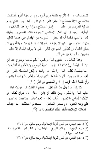 ‫ﺍﻟﺘﺨﺼﺼﺎﺕ ، ﱂ ﺗﺴﺘﺄﺛﺮ ﺑﻪ ﻃﺎﺋﻔﺔ ﺩﻭﻥ ﺃﺧﺮﻯ ، ﻭﻣﻦ ﺟﻬﺔ ﺃﺧﺮﻯ ﺗﺪﺍﺧﻠﺖ‬
‫ﺩﻻﻟﺘﻪ ﻣﻊ ﺩﻻﻟﺔ ﻣﺼﻄﻠﺢ  ﺍﳌﻌﻠﻢ ﻓﻠﻢ ﳒﺪ ﻓﺎﺭﻗﺎ ﺑﲔ ﺍﻟﻌﺎﱂ ﻭﺑﲔ ﺍﻟﺬﻱ ﻳﻘﻮﻡ‬
‫ﺑﻌﻤﻠﻴﺔ ﺍﻟﺘﺪﺭﻳﺲ ﻣﻦ ﺍﳌﻌﻠﻤﲔ ﰲ ﺇﻃﺎﺭ ﺍﳌﺼﻄﻠﺢ ، ﻭﺇﳕﺎ ﻣﺮﺩ ﻫﺬﺍ ﺍﻟﺘﺪﺍﺧﻞ ﺑﲔ‬
‫ﺍﻟﻮﻇﻴﻔﺘﲔ ﻳﻌﻮﺩ ﺇﱃ ﺃﻥ ﺍﻟﻔﻜﺮ ﺍﻹﺳﻼﻣﻲ ﻻ ﻳﻌﺮﻑ ﺫﻟﻚ ﺍﻟﻔﺼﺎﻡ ﺑﲔ ﻭﻇﻴﻔﺔ‬
‫ﺍﻟﻌﺎﱂ ﻭﺍﳌﻌﻠﻢ، ﻓﻜﻤﺎ ﺃﻧﻪ ﻗﺪ ﺣﺬﺭ ﰲ ﻧﺼﻮﺻﻪ ﻣﻦ ﺍﻹﻗﺪﺍﻡ ﻋﻠﻰ ﻋﻤﻠﻴﺔ ﺍﻟﺘﻌﻠﻴﻢ‬
‫ﻣﻦ ﻏﲑ ﻋﻠﻢ، ﻭﻣﻦ ﰒ ﻓﻬﻮ ﻻ ﻳﻌﺘﺮﻑ ﲟﻌﻠﻢ ﺇﻻ ﻋﺎﳌﺎ ، ﻓﻬﻮ ﻣﻦ ﺟﻬﺔ ﺃﺧﺮﻯ ﻗﺪ‬
                           ‫ﹰ‬
‫ﺣﺬﺭ ﺍﻟﻌﻠﻤﺎﺀ ﻣﻦ ﻛﺘﻤﺎﻥ ﺍﻟﻌﻠﻢ ﻋﻦ ﺍﻟﻨﺎﺱ ، ﻓﻬﻮ ﻻ ﻳﻌﺮﻑ ﺍﻟﻌﻠﻤﺎﺀ ﺇﻻ ﻣﻌﻠﻤﲔ‬
                                               ‫ﻧﺎﺷﺮﻳﻦ ﳌﺎ ﺃﳌﻮﺍ ﺑﻪ ﻣﻦ ﻋﻠﻢ )١(.‬
‫ﻭﻫﺬﺍ ﺍﻟﺘﺪﺍﺧﻞ ﺑﲔ ﻣﻔﻬﻮﻡ ﺍﻟﻌﺎﱂ ﻭﻣﻔﻬﻮﻡ ﺍﳌﻌﻠﻢ ﻧﻠﻤﺴﻪ ﺑﻮﺿﻮﺡ ﻋﻨﺪ ﺍﺑﻦ‬
‫ﻋﺒﺪ ﺍﻟﱪ ﺍﻷﻧﺪﻟﺴﻲ)ﺕ٣٦٤ﻫـ( ، ﰲ ﻛﺘﺎﺑﺔ ﺟﺎﻣﻊ ﺑﻴﺎﻥ ﺍﻟﻌﻠﻢ ﻭﻓﻀﻠﻪ ﺣﻴﺚ‬
‫ﳒﺪﻩ ﻳﺴﺘﻌﻤﻞ ﻛﻠﻤﱵ ﺍﻟﻌﺎﱂ ﻭﺍﳌﻌﻠﻢ ﲟﻌﲎ ﻭﺍﺣﺪ ، )ﻟﻜﻦ ﺍﺳﺘﻌﻤﺎﻟﻪ ﻟﻸﻭﱃ ﻫﻮ‬
‫ﺍﻟﻐﺎﻟﺐ ﻋﻨﺪﻩ ، ﻭﻳﺒﺪﻭ ﺃﻥ ﻛﻠﻤﺔ ﺍﻟﻌﺎﱂ ﺃﻛﺜﺮ ﺍﺭﺗﺒﺎﻃﺎ ﺑﺎﻟﻌﻠﻢ ﲝﺜﺎ ﻭﺗﻌﻠﻴﻤﺎ ﻭﻧﺸﺮﺍﹰ،‬
         ‫ﹰ‬      ‫ﹰ‬           ‫ﹰ‬
                     ‫ﻭﺃﻥ ﻛﻠﻤﺔ ﺍﳌﻌﻠﻢ ﺃﻗﺮﺏ ﺇﱃ ﺍﳉﻮ ﺍﻟﺘﻌﻠﻴﻤﻲ ﻣﻦ ﺍﻷﻭﱃ()٢(.‬
‫ﻛﺬﻟﻚ ﳒﺪ ﺩﻻﺋﻞ ﻫﺬﺍ ﺍﻟﺘﺪﺍﺧﻞ ﰲ ﻣﻌﻈﻢ ﺍﳌﺆﻟﻔﺎﺕ ﺍﻟﱵ ﻭﺭﺩﺕ ﺇﻟﻴﻨﺎ ﰲ‬
‫ﺁﺩﺍﺏ ﺍﻟﻌﺎﱂ ﻭﺍﳌﺘﻌﻠﻢ ، ﻭﻣﻦ ﺫﻟﻚ ﺃﻥ )ﺍﺑﻦ ﲨﺎﻋﺔ ﳚﻌﻞ ﻋﻨﻮﺍﻥ ﻛﺘﺎﺑﻪ ﻫﻮ‬
‫ﺗﺬﻛﺮﺓ ﺍﻟﺴﺎﻣﻊ ﻭﺍﳌﺘﻜﻠﻢ ﰲ ﺁﺩﺍﺏ ﺍﻟﻌﺎﱂ ﻭﺍﳌﺘﻌﻠﻢ ﻓﺎﻟﻌﺎﱂ ﻫﻨﺎ ﻗﺼﺪ ﺑﻪ ﺍﳌﻌﻠﻢ ،‬
‫ﻋﻠﻰ ﻭﺟﻪ ﺍﻟﻌﻤﻮﻡ..، ﻭﺍﺳﺘﻤﺮ ﺍﻟﺘﺪﺍﺧﻞ ﰲ ﺍﺳﺘﺨﺪﺍﻡ ﺍﳌﺼﻄﻠﺤﲔ ﺣﱴ ﺑﺪﺃﺕ‬
                        ‫ﺍ‪‬ﺘﻤﻌﺎﺕ ﺍﻹﺳﻼﻣﻴﺔ ﺗﺄﺧﺬ ﺑﻨﻈﺎﻡ ﺍﻟﺘﺨﺼﺺ ﺍﳌﻬﲏ()٣(.‬


       ‫)١( ﺩ. ﻋﻤﺮ ﺍﻟﺘﻮﻣﻲ، ﻣﻦ ﺃﺳﺲ ﺍﻟﺘﺮﺑﻴﺔ ﺍﻹﺳﻼﻣﻴﺔ، ﻣﺮﺟﻊ ﺳﺎﺑﻖ، ﺹ٢٧-٣٧.‬
‫)٢( ﺩ. ﻋﺒﺪﺍﻟﺒﺪﻳﻊ ﺍﳋﻮﱄ: ﺍﻟﻜﺮ ﺍﻟﺘﺮﺑﻮﻱ ﰲ ﺍﻷﻧﺪﻟﺲ، ﺩﺍﺭ ﺍﻟﻔﻜﺮ ﺍﻟﻌﺮﰊ، ﺍﻟﻘﺎﻫﺮﺓ، ﻁ٢،‬
                                                      ‫٥٨٩١ﻡ، ﺹ٥٩.‬
       ‫)٣( ﺩ. ﻋﻤﺮ ﺍﻟﺘﻮﻣﻲ، ﻣﻦ ﺃﺳﺲ ﺍﻟﺘﺮﺑﻴﺔ ﺍﻹﺳﻼﻣﻴﺔ، ﻣﺮﺟﻊ ﺳﺎﺑﻖ، ﺹ٢٧-٣٧.‬

                                  ‫-٢١-‬
 